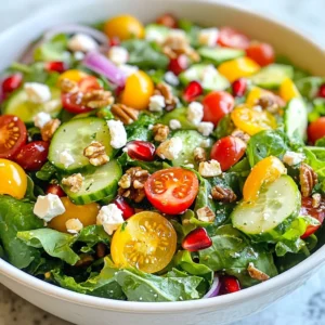 For a vibrant and tasty salad, gather these key ingredients: - 4 cups mixed greens (spinach, kale, arugula) - 1 cup cherry tomatoes, halved - 1 cup diced cucumbers - 1 cup pomegranate seeds - 1 cup crumbled feta cheese - ½ cup walnuts, toasted - ¼ red onion, thinly sliced - 1 avocado, sliced These ingredients bring color and flavor to your dish. The mixed greens form a healthy base. Cherry tomatoes and cucumbers add freshness. Pomegranate seeds give a sweet crunch. Feta cheese adds creaminess, while walnuts offer a nice bite. Sliced red onion gives a zesty kick, and avocado makes it rich. You can boost your salad with these optional items: - Fresh herbs (like parsley or mint) - Grated carrot - Sliced bell peppers - Cooked quinoa or farro Adding fresh herbs brightens the taste. Grated carrot adds sweetness and color. Sliced bell peppers give more crunch. Cooked grains like quinoa or farro add heartiness and fiber. You can make this salad fit your diet. Here are some easy swaps: - Use goat cheese instead of feta for a tangy taste. - Swap walnuts for almonds or pecans for different textures. - Choose a vegan dressing if you want to avoid honey. These substitutions keep the flavors while fitting different diets. Enjoy experimenting with your salad to make it just right for you! {{ingredient_image_1}} To start, gather all your ingredients. You will need: - 4 cups mixed greens (spinach, kale, arugula) - 1 cup cherry tomatoes, halved - 1 cup diced cucumbers - 1 cup pomegranate seeds - 1 cup crumbled feta cheese - ½ cup walnuts, toasted - ¼ red onion, thinly sliced - 1 avocado, sliced Wash the mixed greens well. Pat them dry with a paper towel. Cut the cherry tomatoes and cucumbers into small pieces. If you have pomegranate seeds, make sure they are ready. Toast the walnuts on low heat in a pan until they are golden. Slice the red onion and avocado thinly. In a large salad bowl, add the mixed greens first. Next, toss in the halved cherry tomatoes and diced cucumbers. Gently fold in the pomegranate seeds and crumbled feta cheese. Sprinkle the toasted walnuts over the top. Finally, add the thinly sliced red onion and arrange the avocado slices nicely on top. For the dressing, you only need a few simple ingredients. In a small bowl, combine: - 3 tablespoons olive oil - 2 tablespoons balsamic vinegar - 1 tablespoon honey - Salt and pepper to taste Whisk these ingredients together until they blend well. This dressing will add a nice balance of sweet and tangy flavors to your salad. Drizzle the dressing over the salad just before serving. Toss everything lightly to mix. Enjoy your colorful and festive salad! To keep your salad fresh, use cold ingredients. Wash the greens well and dry them. You can use a salad spinner for this. Store any leftover greens in a sealed bag with a paper towel. This helps absorb moisture. Cut vegetables just before serving. This keeps them crisp and bright. For a festive touch, layer the salad in a clear bowl. This shows off the bright colors. Add pomegranate seeds on top for a pop of red. You can also sprinkle the feta cheese for a snowy effect. Use avocado slices to create a flower shape. This adds charm and beauty to the plate. Many people forget to taste the dressing. Always check for balance. If it’s too tart, add more honey. If it’s too sweet, add a dash of vinegar. Also, remember to toss the salad gently. This helps keep the ingredients intact and looking lovely. Finally, serve the salad right away. Freshness is key to enjoy all the flavors. Pro Tips Fresh Greens Matter: Always use the freshest greens possible for a crisp and vibrant salad. Look for bright colors and avoid any wilting leaves. Toast Your Nuts: Toasting walnuts enhances their flavor and adds a delightful crunch. Simply place them in a dry skillet over medium heat, stirring until golden brown. Perfect Avocado: To ensure your avocado is ripe, gently press on the skin. It should yield slightly. If it’s too soft, it may be overripe. Dress Just Before Serving: To keep your salad crisp, add the dressing right before serving. This prevents the greens from becoming soggy. {{image_2}} You can add seasonal fruits to make your salad pop! Try diced apples or pears. They add sweetness and crunch. Fresh orange slices also bring a nice zest. You can even use dried fruits like cranberries for a chewy texture. These fruits not only enhance flavor but also add color to your dish. If you want to switch up the dressing, you have great options. A lemon vinaigrette can add a bright taste. For a creamy touch, mix yogurt with lemon juice. A spicy honey mustard dressing adds a nice kick. These dressings can change the flavor and keep your salad exciting. You can swap nuts and cheese for different flavors. If you are not a fan of walnuts, try pecans or almonds. They provide a lovely crunch. For cheese, goat cheese works well too. It adds a creamy texture and tangy taste. These simple swaps can make your salad unique every time. To store leftover salad, first remove the dressing. The dressing can make greens soggy. Place the dry salad in a bowl or container. Cover it tightly with a lid or plastic wrap. Keep it in the fridge. Enjoy it within two days for best taste and freshness. I recommend using glass or plastic containers with airtight lids. These containers help keep the salad fresh. If you have a salad spinner, use it for storage. It can help remove moisture and keep greens crisp. You can also use resealable bags for smaller portions. Avoid storing salad with the dressing mixed in. This can ruin its texture quickly. Do not store in a warm place; it needs to stay cold. Don’t use containers that aren’t airtight. They let air in, which can spoil your salad fast. Yes, you can make this salad in advance. However, I recommend storing the dressing separately. Mix the salad items without the avocado and dressing. This keeps the greens fresh and crisp. When you are ready to serve, add the avocado and drizzle the dressing over the salad. Toss it gently for the best taste. If you want a substitute for feta cheese, try goat cheese or ricotta. Both options have a creamy texture. You can also use vegan cheese if you prefer a dairy-free option. Another choice is to skip the cheese altogether and add extra nuts for a crunchy texture. This salad is not vegan due to the feta cheese and honey. To make it vegan, replace the feta with a vegan cheese option. You can use agave syrup instead of honey for the dressing. This way, you keep the flavors while making it suitable for a vegan diet. This article covered how to make a festive Christmas salad. We explored main and optional ingredients, plus dietary substitutions. I shared step-by-step instructions for preparation and mixing. Tips for freshness and presentation help your salad shine. We also discussed variations, storage information, and answered common questions. In conclusion, you can create a tasty salad that fits everyone’s needs. Enjoy making this dish and impress your guests this holiday season.