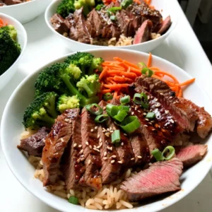 - 1 lb flank steak, thinly sliced - 2 tablespoons soy sauce - 2 tablespoons gochujang (Korean chili paste) - 1 tablespoon sesame oil - 2 tablespoons brown sugar - 2 cloves garlic, minced - 1 tablespoon grated ginger - 2 cups cooked white rice - 1 cup steamed broccoli florets - 1 cup shredded carrots - 2 green onions, sliced - Sesame seeds for garnish For these Korean BBQ steak rice bowls, flank steak is the star. Its tenderness makes it perfect for marinating. The marinade combines soy sauce, gochujang, sesame oil, brown sugar, garlic, and ginger. Each ingredient adds a unique taste that makes the steak burst with flavor. Cooking the rice is simple. You want nice, fluffy white rice as the base. This will soak up all the tasty sauce from the steak. Fresh vegetables, like steamed broccoli and shredded carrots, bring color and crunch to the dish. Finally, green onions and sesame seeds make for a lovely garnish. They add freshness and a nutty touch to every bite. {{ingredient_image_1}} To start, gather your marinade ingredients. You will need: - 2 tablespoons soy sauce - 2 tablespoons gochujang - 1 tablespoon sesame oil - 2 tablespoons brown sugar - 2 cloves garlic, minced - 1 tablespoon grated ginger In a large bowl, mix all these ingredients together. Stir them well until the brown sugar dissolves. This blend creates a sweet and spicy flavor that makes your steak shine. Next, take 1 pound of flank steak, thinly sliced. Add the steak to the marinade and make sure every piece gets coated. Cover the bowl and let it chill in the fridge for at least 30 minutes. If you have time, letting it marinate for up to 2 hours boosts the flavor even more. Now it's time to cook the steak. Heat a large skillet or grill pan over medium-high heat. Make sure it gets hot enough to cook the steak quickly. Once the pan is ready, add the marinated steak in a single layer. Cook for about 3-4 minutes on one side. Flip the steak and cook for another 3-4 minutes until it’s brown and cooked through. After cooking, remove the steak from heat. Let it rest for a few minutes. This helps keep the meat juicy. Then, slice it into thin strips for easy serving. Now, let’s put it all together. Start with 2 cups of cooked white rice as the base in each bowl. Next, layer the sliced steak on top of the rice. Add 1 cup of steamed broccoli florets and 1 cup of shredded carrots on the side. To finish, sprinkle sliced green onions and sesame seeds on top for garnish. Your Korean BBQ Steak Rice Bowls are ready to enjoy! Adjust the toppings as you like for a fun twist. To make the best marinade, you should let the steak sit in it for at least 30 minutes. For more flavor, you can marinate it for up to 2 hours. This helps the flavors soak in deep. If you like it sweet, add more brown sugar. For spice, add a bit more gochujang. Taste the marinade before using it. Adjust until you find your perfect balance. To keep the steak tender, do not overcook it. Aim for a cooking time of about 3-4 minutes on each side. Use high heat to get a nice brown crust. Both a grill and a skillet work well. Using a grill gives a smoky flavor, while a skillet allows better control. Choose the method that suits your kitchen style. For a stunning rice bowl, start with a scoop of white rice. Place the steak on top, then add broccoli and carrots. To make it pop, garnish with sliced green onions and sesame seeds. This adds color and texture. A well-presented dish makes every bite special. Enjoy your creation! Pro Tips Marinate for Maximum Flavor: Allow the flank steak to marinate for at least 1 hour for deeper flavor absorption. If time allows, marinate overnight for even better results. Use High Heat: Cooking the steak over high heat helps to achieve a nice sear while keeping the meat tender and juicy. Make sure your skillet or grill pan is hot before adding the steak. Rest the Meat: After cooking, let the steak rest for a few minutes. This allows the juices to redistribute, resulting in a more tender bite. Customize Your Veggies: Feel free to add or substitute other vegetables like bell peppers, snap peas, or bok choy to your rice bowls for added color and nutrition. {{image_2}} You can change the protein in your Korean BBQ steak rice bowls. If you prefer chicken, use boneless, skinless chicken thighs. Marinate them just like the steak. Cook the chicken for about 5-6 minutes until it's done. For a plant-based option, try tofu. Use firm tofu, press it to remove water, and cut it into cubes. Marinate and cook it for about 3-4 minutes until golden. These swaps keep the flavors but change the dish's feel. Feel free to mix and match your veggies. While broccoli and carrots are great, you can add snap peas or bell peppers. Spinach or bok choy also works well. These veggies add color and crunch. You can even throw in some corn or zucchini for extra texture. Use what you have on hand to make your bowls unique. Pair your rice bowls with tasty side dishes. Kimchi adds a spicy kick and is a classic choice. You can also serve pickled vegetables for a tangy contrast. A light salad with sesame dressing can refresh the meal. For a hearty touch, serve miso soup on the side. These sides round out the meal, making it more enjoyable and filling. To keep your Korean BBQ steak rice bowls fresh, store them in airtight containers. Refrigerate them within two hours of cooking. This way, you avoid bacteria growth. The bowls can stay good in the fridge for up to three days. Make sure to separate the rice from the steak and veggies if you can. This helps each part stay fresh. When you want to enjoy your leftovers, reheat them gently. You can use the microwave or a skillet. If using a microwave, cover the bowl with a lid or wrap to keep moisture in. Heat for one to two minutes, stirring halfway through. If using a skillet, add a splash of water to keep the rice moist. Heat over low heat until warmed through. This method keeps the flavors and textures intact. If you want to save your rice bowls for later, freezing is a great option. Let the bowls cool completely before freezing. Use freezer-safe containers or bags. You can freeze the rice bowls for up to three months. When ready to eat, simply thaw them in the fridge overnight. Reheat as mentioned above, and enjoy a quick, tasty meal! Gochujang is a thick, red chili paste. It has a sweet, spicy, and savory flavor. You can find gochujang in most grocery stores. Look in the Asian foods aisle. If you can't find it there, try an Asian market or buy it online. Yes, you can make this recipe gluten-free! Use gluten-free soy sauce instead of regular soy sauce. Always check labels to ensure all ingredients are gluten-free. This way, you can enjoy the same great taste without any gluten. To make the marinade, mix these ingredients: - 2 tablespoons soy sauce - 2 tablespoons gochujang - 1 tablespoon sesame oil - 2 tablespoons brown sugar - 2 cloves garlic, minced - 1 tablespoon grated ginger Stir all together until smooth. This marinade adds rich flavor to your steak. Let the steak soak in the mix for at least 30 minutes. For better taste, marinate it for up to 2 hours. Yes, you can prepare parts of this dish in advance. You can marinate the steak the night before. Cooked rice can also be made ahead of time. Store it in the fridge. Assemble the bowls just before serving. This way, your meal stays fresh and tasty! You learned how to make delicious rice bowls with flank steak and vibrant veggies. We covered every step, from mixing the marinade to cooking the steak just right. You also discovered tips for flavor, cooking methods, and how to store leftovers well. With a few swaps, you can tailor this dish to your taste. Remember, good food comes down to quality ingredients and love. Try this recipe and enjoy sharing it with friends and family!