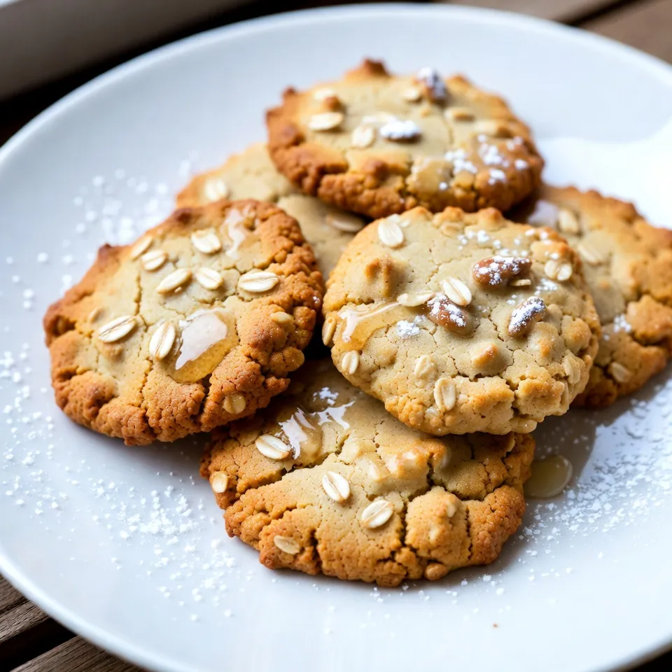 To make these tasty cookies, you need some key ingredients: - 1 cup rolled oats - 1 cup all-purpose flour - ½ teaspoon baking soda - ½ teaspoon cinnamon - ¼ teaspoon salt - ½ cup unsalted butter, softened - ½ cup brown sugar, packed - ¼ cup honey - 1 large egg - 1 teaspoon vanilla extract These ingredients create a chewy texture. The oats give a hearty feel, while honey adds natural sweetness. You can make your cookies even better with some add-ins: - ½ cup raisins or chocolate chips (optional) - ½ cup chopped nuts (e.g., walnuts or pecans, optional) Raisins bring a hint of chewiness, and nuts add a nice crunch. Chocolate chips make everything sweeter, and you can mix and match! If you need substitutions, there are many options: - Use gluten-free flour instead of all-purpose flour for a gluten-free version. - Replace the egg with ¼ cup of applesauce for a vegan choice. - Swap honey with maple syrup if you want a different flavor. These changes allow you to make cookies fit your needs. Enjoy experimenting and find what works best for you! {{ingredient_image_1}} Start by gathering your ingredients. You need rolled oats, flour, baking soda, cinnamon, salt, butter, brown sugar, honey, an egg, and vanilla extract. If you want, add raisins, chocolate chips, or nuts. 1. Preheat your oven to 350°F (175°C). Line a baking sheet with parchment paper. 2. In a medium bowl, mix the oats, flour, baking soda, cinnamon, and salt. Stir these until they blend well. 3. In a large bowl, cream the softened butter and brown sugar. Beat until it looks smooth and fluffy. 4. Add honey, the egg, and vanilla extract. Mix these together till smooth. 5. Gradually add the dry mix. Stir just until combined. Do not overmix. 6. If you choose, fold in raisins, chocolate chips, or nuts. 1. Use a tablespoon to scoop portions of the dough. Place them on the baking sheet. Leave space between each scoop for spreading. 2. Bake for 10-12 minutes. Watch for the edges to turn golden brown. The centers can look soft but will firm up as they cool. 3. For best results, rotate your baking sheet halfway through. This helps cookies bake evenly. 1. When done, take the cookies out of the oven. Let them cool on the baking sheet for 5 minutes. 2. After that, transfer them to a wire rack. Allow them to cool completely. 3. Serve these cookies on a pretty plate. Drizzle honey on top for extra sweetness. A sprinkle of powdered sugar also looks nice. Enjoy your warm and chewy cookies! To make the best honey oatmeal cookies, focus on the butter. Use softened butter, not melted. Creaming the butter and brown sugar helps create a light texture. Don't overmix your dough. Mix until just combined for chewy cookies. Bake them until the edges are golden but the centers seem soft. They will firm up as they cool. One mistake is not preheating the oven. Always preheat to 350°F (175°C). This helps the cookies bake evenly. Another issue is using the wrong flour. All-purpose flour works best for this recipe. Lastly, avoid crowding the baking sheet. Leave space between cookies to allow for spreading. Store leftover cookies in an airtight container. They stay fresh for about a week. If you want to keep them longer, freeze them. Just place them in a freezer-safe bag. To thaw, leave them at room temperature for a few hours. Enjoy your cookies soft and chewy again! Pro Tips Chill the Dough: For even chewier cookies, refrigerate the dough for at least 30 minutes before baking. This helps to prevent spreading and enhances the flavor. Use Fresh Ingredients: Ensure your baking soda and spices are fresh for the best flavor and texture. Old ingredients can lead to flat or bland cookies. Customize Your Add-ins: Feel free to experiment with various mix-ins like dried fruits, seeds, or different types of chocolate to suit your taste preferences. Perfect Storage: Store cookies in an airtight container at room temperature for up to a week. For longer freshness, freeze them in a single layer and transfer to a container once solid. {{image_2}} You can make these cookies healthier with some simple swaps. Instead of all-purpose flour, try using whole wheat flour. This adds fiber and nutrients. You can also replace some butter with unsweetened applesauce. This change cuts fat and adds moisture. Using less brown sugar can also help. Try just a third of a cup to reduce sugar while still keeping sweetness. Add-ins can change the flavor of your cookies in fun ways. Instead of raisins, try dried cranberries or cherries for a tart touch. For a nutty flavor, use chopped almonds or pecans. You can also mix in dark chocolate chips for a rich taste. If you want a spice kick, add a pinch of nutmeg or ginger. These add-ins make each batch unique and fun to explore. Seasonal changes inspire great variations. In fall, add pumpkin spice and chopped apples for a cozy vibe. During winter, mix in peppermint chips for a festive flair. In the summer, fresh berries can give a bright burst of flavor. These seasonal twists let you enjoy honey oatmeal cookies all year round. Each season brings a new taste adventure! Each Honey Oatmeal Cookie has about 100 calories. This number can change based on the add-ins you choose. If you use chocolate chips or nuts, the calories may go up a bit. To keep track, you can divide the total calories by the number of cookies you bake. These cookies have oats, which are good for heart health. Oats can help lower bad cholesterol. Honey gives a natural sweetness and has antioxidants. It can also help soothe a sore throat. Brown sugar adds flavor but is less processed than white sugar. Using nuts can add healthy fats and protein, making the cookies more filling. You can cut sugar by using less brown sugar or honey. Replace some of the sugar with mashed bananas or applesauce. This change keeps cookies moist and sweet. You can also try using whole wheat flour for more fiber. If you skip the raisins or chocolate chips, you lower the calories too. To make these cookies vegan, swap the butter for a plant-based option. Use coconut oil or vegan butter. Replace the egg with a flax egg. To make a flax egg, mix one tablespoon of ground flaxseed with two and a half tablespoons of water. Let it sit for five minutes until it thickens. You can still use honey, but for a fully vegan cookie, substitute it with maple syrup or agave nectar. If you want to skip the eggs, use a flax egg or applesauce. A quarter cup of unsweetened applesauce works great in place of one egg. You can also use mashed banana or yogurt as alternatives. Each option adds moisture and keeps your cookies chewy. Yes, you can freeze these cookies! After baking, let them cool completely. Place the cookies in an airtight container or a freezer bag. They will last for about three months. To enjoy later, thaw them overnight in the fridge or microwave them for a few seconds. They will taste fresh and delightful! In this article, we explored how to make delicious honey oatmeal cookies. We covered key ingredients, step-by-step instructions, and tips for success. You can try different flavors and healthier swaps to suit your taste. Remember to avoid common mistakes for the best texture. Finally, enjoy these cookies fresh or store them well for later. Each bite offers great taste and health benefits that you can feel good about.