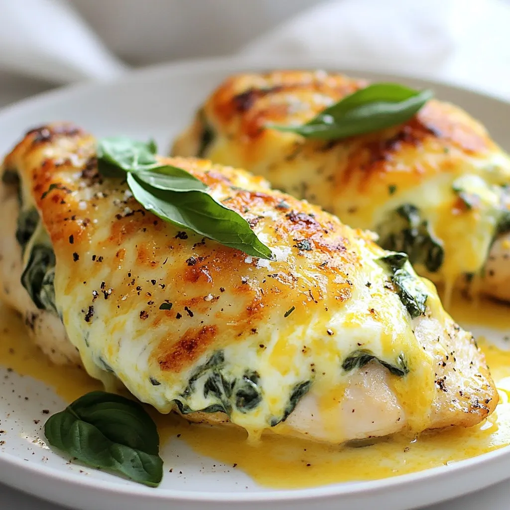 - 4 boneless, skinless chicken breasts - 2 cups fresh spinach, chopped - 1 cup cream cheese, softened - 1 cup shredded mozzarella cheese - ½ cup grated Parmesan cheese - 2 cloves garlic, minced - 1 tablespoon olive oil - 1 teaspoon Italian seasoning - Salt and pepper to taste - ½ teaspoon red pepper flakes (optional) - 1 tablespoon fresh basil, chopped (for garnish) This dish starts with the main star: chicken breasts. You want them boneless and skinless for easy stuffing. Next, we need some cheese. The cream cheese gives a rich base, while mozzarella adds that gooey stretch we all love. Parmesan brings a nice sharpness to the flavor. Don't forget the veggies! Fresh spinach is a must here. It adds color, nutrition, and a lovely taste. Garlic brings warmth and depth. It pairs well with the spinach and cheese mixture. For seasoning, Italian seasoning gives a perfect blend of herbs. Salt and pepper are key for basic flavor. If you like a bit of heat, add red pepper flakes. They are optional but can elevate the dish. Finally, fresh basil makes for a beautiful garnish. It also adds a burst of fresh flavor right before serving. This mix of ingredients combines to create a filling that is creamy, cheesy, and simply delicious. Each bite is a delight! {{ingredient_image_1}} 1. First, preheat your oven to 375°F (190°C). This helps cook the chicken evenly. 2. Next, heat one tablespoon of olive oil in a skillet over medium heat. 3. Add two minced garlic cloves and sauté for one minute. You want it to smell nice. 4. Now, toss in two cups of chopped fresh spinach. Cook until it wilts, about two to three minutes. 5. Once done, remove the skillet from heat and let it cool for a bit. 1. In a large mixing bowl, add one cup of softened cream cheese. 2. Then, add one cup of shredded mozzarella cheese and half a cup of grated Parmesan cheese. 3. Combine the sautéed spinach and garlic with the cheeses. 4. Mix in one teaspoon of Italian seasoning, salt, pepper, and red pepper flakes if you like some heat. 5. Stir everything well until combined. This filling will be creamy and tasty. 1. Take four boneless, skinless chicken breasts. Carefully slice a pocket into each one. 2. Be careful not to cut all the way through. You want to hold the filling inside. 3. Season the outside of the chicken with salt and pepper. 4. Now, stuff each chicken breast with the spinach cheese mixture. 5. If needed, use toothpicks to secure the opening. This keeps the filling from spilling out. 1. Place the stuffed chicken breasts in a greased baking dish. 2. If you have leftover cheese, sprinkle it on top of the chicken. 3. Bake in the oven for 25 to 30 minutes. 4. Check that the chicken reaches an internal temperature of 165°F (75°C). 5. After baking, let the chicken rest for five minutes. Garnish with fresh basil before serving. Enjoy your meal! To keep your chicken juicy and tender, choose thin chicken breasts. This helps them cook evenly and stay moist. You can also flatten the chicken with a meat mallet. This will help it cook faster. When you stuff the chicken, secure it well. You can use toothpicks to hold the filling inside. Make sure to seal the opening tightly. This keeps the cheesy goodness where it belongs. To boost flavor, try adding more spices. A pinch of garlic powder or paprika can give it a nice kick. Fresh herbs like oregano or thyme can also brighten the dish. For cheese substitutions, you have options. Cream cheese can be swapped with ricotta for a creamier texture. If you want a sharper taste, try using feta cheese instead. This adds a new twist to your stuffed chicken. Pro Tips Use Fresh Spinach: Fresh spinach provides a vibrant flavor and texture; avoid frozen spinach for the best results. Seal the Chicken: Use toothpicks to secure the pockets after stuffing to prevent the cheese mixture from leaking during baking. Check Internal Temperature: Ensure the chicken reaches an internal temperature of 165°F (75°C) for safe consumption. Let it Rest: Allow the chicken to rest for a few minutes after baking to keep it juicy and flavorful. {{image_2}} You can change up the cheese in this recipe. Try using gouda or feta. They add a nice twist. You can also swap the spinach for other greens. Kale or Swiss chard work well too. Want to add some crunch? Consider bacon or ham! Cook them first, then mix them into the cheese filling. This adds a savory touch to your stuffed chicken. For gluten-free needs, you can enjoy this dish without worry. All the ingredients are naturally gluten-free. Just check your cheese labels to be safe. If you want a dairy-free option, use vegan cream cheese and dairy-free cheese. This way, everyone can enjoy the meal. Looking for low-carb choices? You can skip the starchy fillers. Focus only on the chicken and cheese mixture. It will still taste great and fit into a low-carb diet! To keep your Cheesy Spinach Stuffed Chicken fresh, follow these steps. First, let the chicken cool down to room temperature. This takes about 30 minutes. Once cool, wrap the chicken tightly in plastic wrap or foil. You can also place it in an airtight container. Store it in the fridge for up to three days. If you want to keep it longer, freeze it. To freeze, wrap each piece in plastic, then place them in a freezer-safe bag. This way, they stay fresh for up to three months. When you’re ready to enjoy leftovers, reheating is simple. The best way is to use an oven. Preheat your oven to 350°F (175°C). Place the chicken in an oven-safe dish. Cover it with foil to keep moisture in. Heat for about 20 to 25 minutes. The chicken should be hot all the way through. You can also use a microwave if you're short on time. Place the chicken on a microwave-safe plate. Heat in 1-minute intervals until warm. Just make sure the chicken reaches 165°F (75°C) before eating. Yes, you can make Cheesy Spinach Stuffed Chicken ahead of time. Prepare the chicken and stuffing, then stuff the chicken breasts. Cover and refrigerate them for up to 24 hours. When you’re ready to eat, just bake them as the recipe directs. This saves time on busy nights. This dish pairs well with many sides. Here are some great options: - Steamed broccoli - Garlic mashed potatoes - A fresh green salad - Roasted vegetables These sides add color and balance to your meal. They also bring out the flavors of the stuffed chicken. Check the internal temperature of the chicken. It should reach 165°F (75°C) for safe eating. You can use a meat thermometer for this. Insert it into the thickest part of the chicken. If the juices run clear and the chicken is no longer pink, it is done. Rest the chicken for 5 minutes before serving. This helps keep it juicy. In this blog post, we explored how to make Cheesy Spinach Stuffed Chicken. We covered all the ingredients and shared step-by-step instructions for great results. I gave tips for juicy chicken and flavor boosts you can try. We also discussed variations for different diets and storage tips to keep leftovers fresh. Enjoy making this dish your own! The options are endless, and the results are delicious. You’ll impress family and friends with your cooking skills.