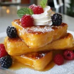 To make Crème Brûlée French Toast, gather these ingredients: - 1 loaf of brioche bread, sliced thick (about 8 slices) - 4 large eggs - 1 cup whole milk - ½ cup heavy cream - ½ cup granulated sugar - 1 tablespoon vanilla extract - 1 teaspoon ground cinnamon - Pinch of salt - ¼ cup brown sugar (for topping) - Fresh berries (for garnish) - Whipped cream (optional, for serving) Each ingredient plays a special role in this recipe. - Brioche Bread: This soft bread adds sweetness and richness. Its thick slices soak up the egg mixture well. - Eggs: They bind the mixture and give the toast a custardy texture. Always use large eggs for best results. - Whole Milk and Heavy Cream: These create a creamy base. Whole milk adds richness, while heavy cream boosts flavor. - Granulated Sugar: This sweetens the egg mixture. It helps to create a balanced flavor. - Vanilla Extract: This adds a warm, sweet aroma. It enhances the overall taste. - Ground Cinnamon: It gives a hint of spice. Cinnamon makes the dish cozy and inviting. - Brown Sugar: This forms a crunchy topping. It caramelizes beautifully, adding a nice contrast to the soft bread. If you can't find some ingredients, here are some substitutes: - Brioche Bread: You can use challah or any thick-sliced bread. They work well too. - Heavy Cream: Use half-and-half for a lighter option. It still adds creaminess. - Whole Milk: Almond milk or oat milk can work if you prefer dairy-free. - Granulated Sugar: You can swap it with coconut sugar or honey for a different sweetness. - Brown Sugar: If you don’t have brown sugar, use granulated sugar with a touch of molasses. {{ingredient_image_1}} To start, gather your ingredients. You will need 4 large eggs, 1 cup of whole milk, ½ cup of heavy cream, ½ cup of granulated sugar, 1 tablespoon of vanilla extract, 1 teaspoon of ground cinnamon, and a pinch of salt. 1. In a large mixing bowl, whisk together the eggs, milk, heavy cream, granulated sugar, vanilla, cinnamon, and salt. Mix until it is smooth and creamy. This mixture is the heart of your French toast. 2. Let the mixture sit for a few minutes. This gives the flavors time to blend well together. Now, it’s time to assemble your French toast. 1. Take a loaf of brioche bread and slice it thickly, about 8 slices. Arrange the slices in a greased baking dish. You can slightly overlap them if needed. 2. Pour your egg mixture over the brioche slices. Make sure each slice is well soaked. This step is key for that rich, custardy texture. 3. Cover the dish with plastic wrap and refrigerate. Let it sit for at least 2 hours or overnight. The longer it sits, the better it tastes. After the soaking time, you’re ready to bake. 1. Preheat your oven to 350°F (175°C). This ensures even cooking. 2. Remove the plastic wrap and sprinkle ¼ cup of brown sugar evenly over the soaked bread. This will create that lovely caramel top. 3. Bake in the oven for 30-35 minutes. Look for a golden top and a set center. 4. For a special touch, use a kitchen torch to caramelize the brown sugar. Aim for a bubbly, golden finish for that perfect crème brûlée effect. 5. Let it cool for a few minutes before slicing. This helps the toast hold its shape. Enjoy your delicious Crème Brûlée French Toast warm, topped with fresh berries and whipped cream if you like! To get the best texture, use thick slices of brioche bread. This bread soaks up the egg mixture well. I recommend letting it sit in the fridge for at least two hours. Overnight soaking yields even better results. This allows the bread to absorb all the flavors. One common mistake is not soaking the bread long enough. If you skip this step, the toast may turn out dry. Also, avoid using too much heat while baking. Baking at 350°F ensures even cooking without burning the top. Remember, caramelizing the sugar with too much heat can lead to burnt sugar. Serve your Crème Brûlée French Toast warm. Top it with fresh berries for a burst of flavor. A dollop of whipped cream adds a nice touch, too. You can sprinkle some extra cinnamon on top for added warmth. Consider pairing it with maple syrup for sweetness or a drizzle of honey for a unique twist. Pro Tips Use Day-Old Brioche: For the best texture, use day-old brioche bread. It will absorb the custard mixture better without becoming too soggy. Customize Your Flavors: Feel free to experiment with different extracts like almond or orange for a unique twist on the classic flavor. Check for Doneness: To ensure your French toast is perfectly set, gently shake the baking dish. If the center jiggles too much, it needs more time in the oven. Serving Suggestions: Serve with a drizzle of maple syrup or a dusting of powdered sugar for an extra touch of sweetness. {{image_2}} You can add fun flavors to your Crème Brûlée French Toast. Chocolate is a great choice. You can use chocolate chips or a drizzle of chocolate sauce. Fresh fruit is another tasty addition. Strawberries, blueberries, and bananas work well. You can also mix fruit into the egg mix. It adds a fresh taste and color. Want to try something different? Add a splash of orange or almond extract for a unique twist. You can make this dish fit your needs. For a gluten-free option, use gluten-free bread. Many brands offer great gluten-free choices. If you want a dairy-free version, substitute almond milk or oat milk for whole milk. Use coconut cream instead of heavy cream. This keeps the creaminess while making it dairy-free. Just adjust the sugar if you use sweetened milk. Serving your Crème Brûlée French Toast can be fun! You can stack the slices high for a tall, impressive look. Add whipped cream on top for a treat. Fresh berries add color and flavor. For a fancy touch, sprinkle powdered sugar over the top. You could also serve it with maple syrup or a fruit compote on the side. This makes breakfast feel special. After you enjoy your Crème Brûlée French Toast, you might have some left. To store leftovers, let them cool completely first. Place the slices in an airtight container. Keep them in the fridge for up to three days. This way, they stay fresh and tasty. When you're ready to eat the leftovers, reheating is simple. Preheat your oven to 350°F (175°C). Place the French toast on a baking sheet. Cover it with foil to keep it moist. Heat for about 10-15 minutes. You can also use the microwave if you’re in a hurry. Just warm it for 30-60 seconds, but the oven gives better results. If you want to save some for later, freezing works well too. Wrap each slice in plastic wrap tightly. Then, place them in a freezer bag. They can last up to two months in the freezer. When you're ready to eat, thaw them in the fridge overnight. After that, reheat as mentioned earlier. Crème Brûlée French Toast is a sweet breakfast dish. It combines the creamy texture of crème brûlée with the classic French toast. You soak thick slices of brioche bread in a rich mixture of eggs, milk, and heavy cream. After soaking, you bake it until it is golden. Then, you top it with brown sugar and caramelize it for a crunchy finish. This dish is both decadent and comforting, perfect for special mornings. You can easily prepare this dish ahead of time. After you mix the egg mixture, pour it over the brioche slices. Cover the baking dish with plastic wrap and place it in the fridge. Let it soak for at least 2 hours or overnight for best results. This way, it’s ready to bake when you are. Just preheat your oven and bake it in the morning. You’ll enjoy a warm, tasty breakfast without stress. Yes, you can use different types of bread for this recipe. While brioche gives a rich flavor, you can try challah or French bread. These types also soak up the egg mixture well. Just make sure the bread is thickly sliced. Thin slices may not hold up during baking. Experiment with what you have on hand for a fun twist on this dish! We explored the key ingredients and step-by-step instructions for Crème Brûlée French Toast. I shared tips for perfect texture and common mistakes to avoid. You learned about different variations and storage options to keep your dish fresh. In conclusion, with a few simple steps and tweaks, you can make this dish shine. Experiment with flavors and enjoy every bite. Happy cooking!