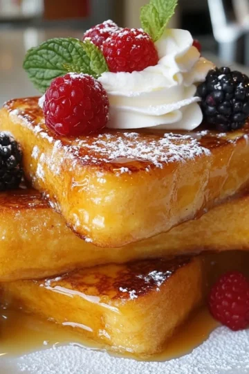 To make Crème Brûlée French Toast, gather these ingredients: - 1 loaf of brioche bread, sliced thick (about 8 slices) - 4 large eggs - 1 cup whole milk - 1/2 cup heavy cream - 1/2 cup granulated sugar - 1 tablespoon vanilla extract - 1 teaspoon ground cinnamon - Pinch of salt - 1/4 cup brown sugar (for topping) - Fresh berries (for garnish) - Whipped cream (optional, for serving) Each ingredient plays a special role in this recipe. - Brioche Bread: This soft bread adds sweetness and richness. Its thick slices soak up the egg mixture well. - Eggs: They bind the mixture and give the toast a custardy texture. Always use large eggs for best results. - Whole Milk and Heavy Cream: These create a creamy base. Whole milk adds richness, while heavy cream boosts flavor. - Granulated Sugar: This sweetens the egg mixture. It helps to create a balanced flavor. - Vanilla Extract: This adds a warm, sweet aroma. It enhances the overall taste. - Ground Cinnamon: It gives a hint of spice. Cinnamon makes the dish cozy and inviting. - Brown Sugar: This forms a crunchy topping. It caramelizes beautifully, adding a nice contrast to the soft bread. If you can't find some ingredients, here are some substitutes: - Brioche Bread: You can use challah or any thick-sliced bread. They work well too. - Heavy Cream: Use half-and-half for a lighter option. It still adds creaminess. - Whole Milk: Almond milk or oat milk can work if you prefer dairy-free. - Granulated Sugar: You can swap it with coconut sugar or honey for a different sweetness. - Brown Sugar: If you don’t have brown sugar, use granulated sugar with a touch of molasses. {{ingredient_image_1}} To start, gather your ingredients. You will need 4 large eggs, 1 cup of whole milk, 1/2 cup of heavy cream, 1/2 cup of granulated sugar, 1 tablespoon of vanilla extract, 1 teaspoon of ground cinnamon, and a pinch of salt. 1. In a large mixing bowl, whisk together the eggs, milk, heavy cream, granulated sugar, vanilla, cinnamon, and salt. Mix until it is smooth and creamy. This mixture is the heart of your French toast. 2. Let the mixture sit for a few minutes. This gives the flavors time to blend well together. Now, it’s time to assemble your French toast. 1. Take a loaf of brioche bread and slice it thickly, about 8 slices. Arrange the slices in a greased baking dish. You can slightly overlap them if needed. 2. Pour your egg mixture over the brioche slices. Make sure each slice is well soaked. This step is key for that rich, custardy texture. 3. Cover the dish with plastic wrap and refrigerate. Let it sit for at least 2 hours or overnight. The longer it sits, the better it tastes. After the soaking time, you’re ready to bake. 1. Preheat your oven to 350°F (175°C). This ensures even cooking. 2. Remove the plastic wrap and sprinkle 1/4 cup of brown sugar evenly over the soaked bread. This will create that lovely caramel top. 3. Bake in the oven for 30-35 minutes. Look for a golden top and a set center. 4. For a special touch, use a kitchen torch to caramelize the brown sugar. Aim for a bubbly, golden finish for that perfect crème brûlée effect. 5. Let it cool for a few minutes before slicing. This helps the toast hold its shape. Enjoy your delicious Crème Brûlée French Toast warm, topped with fresh berries and whipped cream if you like! To get the best texture, use thick slices of brioche bread. This bread soaks up the egg mixture well. I recommend letting it sit in the fridge for at least two hours. Overnight soaking yields even better results. This allows the bread to absorb all the flavors. One common mistake is not soaking the bread long enough. If you skip this step, the toast may turn out dry. Also, avoid using too much heat while baking. Baking at 350°F ensures even cooking without burning the top. Remember, caramelizing the sugar with too much heat can lead to burnt sugar. Serve your Crème Brûlée French Toast warm. Top it with fresh berries for a burst of flavor. A dollop of whipped cream adds a nice touch, too. You can sprinkle some extra cinnamon on top for added warmth. Consider pairing it with maple syrup for sweetness or a drizzle of honey for a unique twist. Pro Tips Use Day-Old Brioche: For the best texture, use day-old brioche bread. It will absorb the custard mixture better without becoming too soggy. Customize Your Flavors: Feel free to experiment with different extracts like almond or orange for a unique twist on the classic flavor. Check for Doneness: To ensure your French toast is perfectly set, gently shake the baking dish. If the center jiggles too much, it needs more time in the oven. Serving Suggestions: Serve with a drizzle of maple syrup or a dusting of powdered sugar for an extra touch of sweetness. {{image_2}} You can add fun flavors to your Crème Brûlée French Toast. Chocolate is a great choice. You can use chocolate chips or a drizzle of chocolate sauce. Fresh fruit is another tasty addition. Strawberries, blueberries, and bananas work well. You can also mix fruit into the egg mix. It adds a fresh taste and color. Want to try something different? Add a splash of orange or almond extract for a unique twist. You can make this dish fit your needs. For a gluten-free option, use gluten-free bread. Many brands offer great gluten-free choices. If you want a dairy-free version, substitute almond milk or oat milk for whole milk. Use coconut cream instead of heavy cream. This keeps the creaminess while making it dairy-free. Just adjust the sugar if you use sweetened milk. Serving your Crème Brûlée French Toast can be fun! You can stack the slices high for a tall, impressive look. Add whipped cream on top for a treat. Fresh berries add color and flavor. For a fancy touch, sprinkle powdered sugar over the top. You could also serve it with maple syrup or a fruit compote on the side. This makes breakfast feel special. After you enjoy your Crème Brûlée French Toast, you might have some left. To store leftovers, let them cool completely first. Place the slices in an airtight container. Keep them in the fridge for up to three days. This way, they stay fresh and tasty. When you're ready to eat the leftovers, reheating is simple. Preheat your oven to 350°F (175°C). Place the French toast on a baking sheet. Cover it with foil to keep it moist. Heat for about 10-15 minutes. You can also use the microwave if you’re in a hurry. Just warm it for 30-60 seconds, but the oven gives better results. If you want to save some for later, freezing works well too. Wrap each slice in plastic wrap tightly. Then, place them in a freezer bag. They can last up to two months in the freezer. When you're ready to eat, thaw them in the fridge overnight. After that, reheat as mentioned earlier. Crème Brûlée French Toast is a sweet breakfast dish. It combines the creamy texture of crème brûlée with the classic French toast. You soak thick slices of brioche bread in a rich mixture of eggs, milk, and heavy cream. After soaking, you bake it until it is golden. Then, you top it with brown sugar and caramelize it for a crunchy finish. This dish is both decadent and comforting, perfect for special mornings. You can easily prepare this dish ahead of time. After you mix the egg mixture, pour it over the brioche slices. Cover the baking dish with plastic wrap and place it in the fridge. Let it soak for at least 2 hours or overnight for best results. This way, it’s ready to bake when you are. Just preheat your oven and bake it in the morning. You’ll enjoy a warm, tasty breakfast without stress. Yes, you can use different types of bread for this recipe. While brioche gives a rich flavor, you can try challah or French bread. These types also soak up the egg mixture well. Just make sure the bread is thickly sliced. Thin slices may not hold up during baking. Experiment with what you have on hand for a fun twist on this dish! We explored the key ingredients and step-by-step instructions for Crème Brûlée French Toast. I shared tips for perfect texture and common mistakes to avoid. You learned about different variations and storage options to keep your dish fresh. In conclusion, with a few simple steps and tweaks, you can make this dish shine. Experiment with flavors and enjoy every bite. Happy cooking!