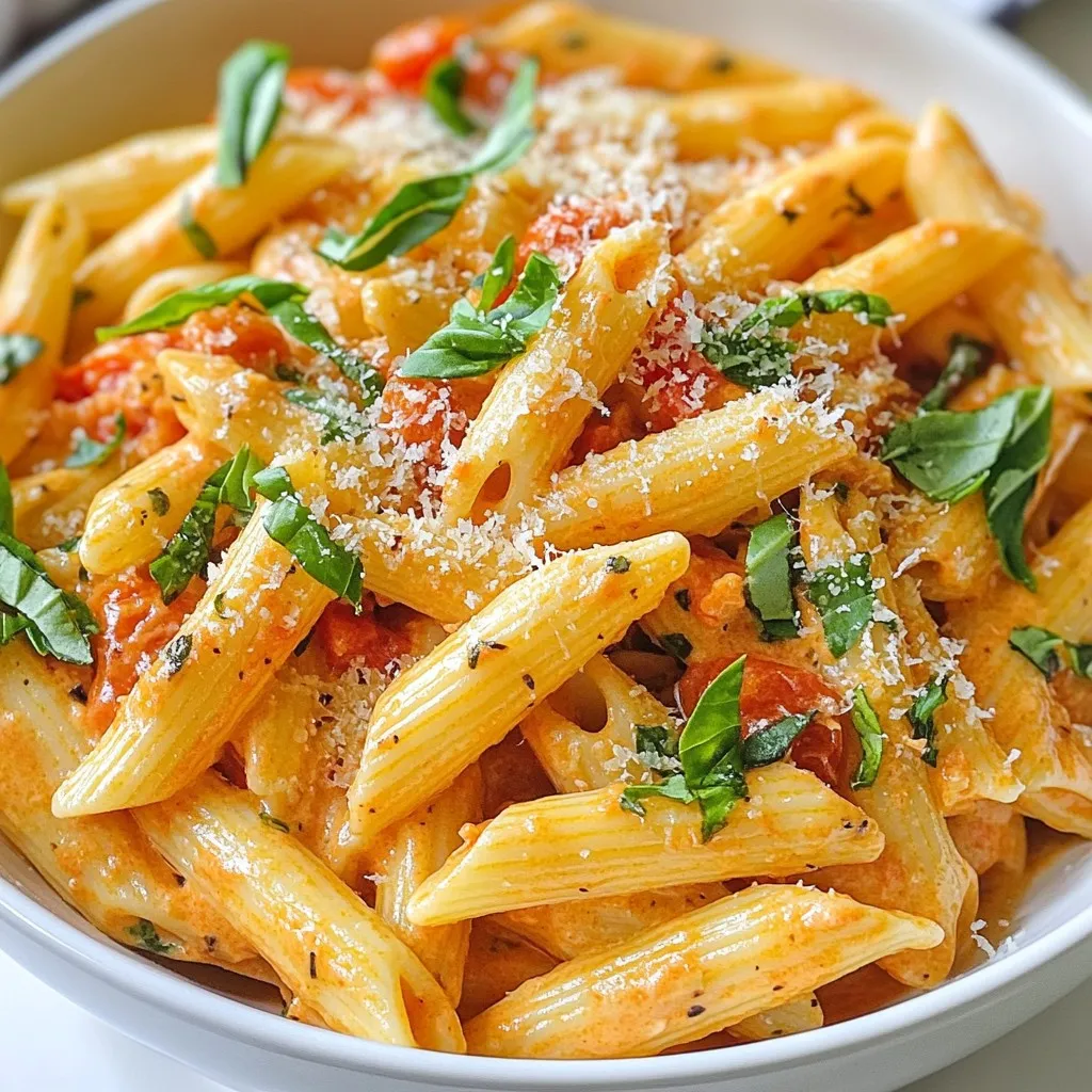 - Pasta: I use 12 oz. of penne pasta for this recipe. Penne’s shape holds sauce well, making every bite tasty. - Broth: I recommend using vegetable broth. It adds depth and flavor. You can use low-sodium broth for less salt. - Cream: Heavy cream is key for a rich, smooth sauce. It makes the dish creamy and comforting. - Fresh Ingredients: Fresh basil and garlic bring great taste. Basil gives a sweet, aromatic touch. Garlic adds depth and warmth. {{ingredient_image_1}} 1. Set your Instant Pot to Sauté mode. 2. Pour in 1 tablespoon of olive oil. 3. Heat the oil for about 1 minute. 4. Add the finely chopped onion. 5. Sauté until the onion is translucent, about 3-4 minutes. 6. Now, stir in 4 minced garlic cloves. 7. Add 1 teaspoon of dried oregano. 8. Cook for about 1 more minute until fragrant. 1. Cancel the Sauté mode. 2. Pour in 2 cups of vegetable broth. 3. Add the can of diced tomatoes, with juices. 4. Sprinkle in 1 teaspoon of salt and ½ teaspoon of black pepper. 5. Stir in 12 ounces of penne pasta, making sure it’s mostly submerged. 6. Close the lid of the Instant Pot. 7. Set the valve to Sealing. 8. Select Manual or Pressure Cook mode for 5 minutes. 1. After cooking, perform a quick release. 2. Carefully turn the valve to Venting to release pressure. 3. Once safe, open the lid. 4. Stir in 1 cup of heavy cream and 1 cup of chopped basil. 5. Mix well until everything is combined. 6. Taste and adjust the seasonings as needed. 7. If the sauce is too thick, add a splash of vegetable broth. 8. Serve warm, topped with grated Parmesan cheese if you like. 9. Garnish with extra basil leaves for a lovely touch. - Substitutions: You can swap heavy cream for half-and-half or coconut milk. If you prefer a lighter dish, use low-fat cream. You can also replace penne pasta with fusilli or bowtie pasta. Each type brings its own charm to the dish. - Spice Level: To adjust the spice level, add red pepper flakes or cayenne pepper. If you like it milder, reduce the black pepper. Always taste as you go to find the perfect balance for you. - Presentation Tips: Serve the pasta in large bowls. Garnish with fresh basil leaves and a sprinkle of Parmesan cheese. This adds color and makes the dish look fancy. A drizzle of olive oil on top can also enhance its appeal. - Pairings: Pair this dish with a side salad for a fresh crunch. Garlic bread or crusty bread works well, too. It’s perfect for soaking up the creamy sauce. You can also serve it with a light white wine for a lovely meal. Pro Tips Use Fresh Ingredients: Opt for fresh basil and high-quality tomatoes to elevate the flavor of your pasta dish. Adjust Consistency: If your sauce is too thick, gradually add more vegetable broth until you reach your desired creaminess. Perfect Pasta Texture: Make sure to stir the pasta well before sealing the Instant Pot to prevent sticking and ensure even cooking. Flavor Boost: Consider adding a pinch of red pepper flakes for a bit of heat or a squeeze of lemon juice for brightness. {{image_2}} Protein Additions: You can make this dish heartier by adding protein. Chicken and shrimp work well. For chicken, use bite-sized pieces and add them after sautéing the onions. Cook them for about five minutes until golden. For shrimp, add them just before sealing the pot. They cook quickly and add a nice touch. Vegan Options: If you prefer a plant-based version, swap the heavy cream for coconut cream or cashew cream. Both add creaminess without dairy. You can also use vegetable broth and keep all other ingredients the same. Choose a vegan Parmesan cheese for topping, or skip it altogether for a lighter meal. Additional Herbs: You can boost the flavor by adding herbs. Try thyme, parsley, or even a pinch of rosemary. These herbs add depth and can change the dish's profile. Just add them alongside the basil for a fresh taste. Spice Ideas: If you like heat, consider adding red pepper flakes or diced jalapeños. Start with a small amount, then taste and add more if you want it spicier. This gives the pasta a nice kick and extra flavor. To keep your Instant Pot creamy tomato basil pasta fresh, store leftovers in an airtight container. Let the pasta cool to room temperature before sealing the container. Place it in the fridge. This dish stays good for about 3 to 5 days. When you're ready to eat, simply reheat it on the stove or in the microwave. If it's too thick, add a splash of vegetable broth to loosen it up. If you want to save this meal for later, freezing is a great option. First, allow the pasta to cool completely. Then, divide it into individual portions and place them in freezer-safe bags or containers. Make sure to remove as much air as possible to prevent freezer burn. This pasta can last in the freezer for up to 3 months. When you’re ready to enjoy it, thaw it in the fridge overnight, then reheat on the stove with a little broth for the best texture. How long does this dish keep in the fridge? This dish stays fresh in the fridge for about 3-5 days. Store it in an airtight container. Can I use gluten-free pasta? Yes, you can use gluten-free pasta. Just keep an eye on the cooking time. How do I adjust the cooking time for different pasta types? For thinner pasta, reduce the cooking time by 1-2 minutes. For thicker pasta, add 1-2 minutes. Can I make this recipe ahead of time? Yes, you can make it ahead. Just reheat gently on the stove. Add a splash of broth if needed. This dish combines simple ingredients, clear steps, and tasty variations. You can use penne pasta, rich broth, and heavy cream for a creamy dish. Fresh basil and garlic add bright flavors. Remember, you can switch ingredients based on your taste. Whether you choose meat or plant-based options, the dish adapts well. Proper storage keeps leftovers fresh, making meal prep easy. Enjoy creating your version of this recipe, and share it with friends. You’ll impress your family and enjoy every bite!