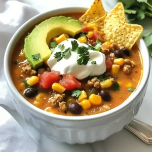 To make creamy taco soup, you need these main ingredients: - 1 lb ground turkey or beef - 1 medium onion, diced - 2 cloves garlic, minced - 1 can (15 oz) black beans, rinsed and drained - 1 can (15 oz) corn, drained - 1 can (10 oz) diced tomatoes with green chilies - 2 cups chicken or vegetable broth - 1 packet taco seasoning - 1 cup cream cheese, softened - 1 cup shredded cheddar cheese - 1 tablespoon olive oil - Salt and pepper to taste These ingredients create a hearty and rich soup that is packed with flavor. The cream cheese and cheddar give it a creamy texture. The diced tomatoes and taco seasoning provide a zesty kick. Toppings can take your creamy taco soup to the next level. Here are some great options: - Sour cream - Avocado slices - Lime wedges - Chopped cilantro - Tortilla chips These toppings add freshness and crunch. A squeeze of lime brightens the dish, while avocado gives it a smooth finish. If you want to make this soup healthier, consider these swaps: - Use ground turkey instead of beef to lower fat. - Replace cream cheese with Greek yogurt for a lighter option. - Add more vegetables, like bell peppers or spinach. These changes can make your soup healthier while keeping it tasty. You can enjoy creamy taco soup without the guilt! {{ingredient_image_1}} 1. Start by gathering all your ingredients. This makes cooking easier. 2. Dice one medium onion and mince two cloves of garlic. 3. Rinse and drain one can of black beans and one can of corn. 4. Open one can of diced tomatoes with green chilies. 5. Measure two cups of chicken or vegetable broth. 6. Get one packet of taco seasoning and set aside. 7. Soften one cup of cream cheese at room temperature. 8. Grate one cup of cheddar cheese. 1. In a large pot, heat one tablespoon of olive oil over medium heat. 2. Add the diced onion and sauté for three to four minutes until clear. 3. Stir in the minced garlic and cook for one more minute. 4. Add one pound of ground turkey or beef. Cook until brown, breaking it apart. 5. This should take about five to seven minutes. 6. Sprinkle in the taco seasoning and mix well with the meat and onions. 7. Pour in the chicken broth, black beans, corn, and diced tomatoes. 8. Bring the mixture to a gentle simmer. 9. Lower the heat and add the softened cream cheese. Stir until it melts. 10. Mix in the shredded cheddar cheese until it melts. 11. Taste and add salt and pepper as needed. 12. Let the soup simmer on low for ten to fifteen minutes. 1. Serve the soup hot in bowls. 2. Add a dollop of sour cream to each bowl. 3. Top with slices of avocado and a sprinkle of chopped cilantro. 4. For crunch, add a few tortilla chips on top. 5. Place a lime wedge on the side for extra zest. 6. Enjoy the rich flavors and creamy texture of your soup! To boost the flavor in your creamy taco soup, consider these tips: - Use fresh herbs like cilantro or parsley. - Add lime juice for a bright taste. - Try different taco seasonings. Each has a unique kick. - Incorporate fresh jalapeños for heat. - Mix in a splash of hot sauce for extra spice. Making this soup ahead of time is easy. Just follow these steps: - Prepare the soup as usual, but don’t add cheese yet. - Cool it down before storing in the fridge. - You can keep it for up to three days. - When ready to serve, heat and add cheese. - This helps the soup taste even better as flavors blend. You can easily change this recipe for different diets: - For a vegetarian version, swap meat for lentils or mushrooms. - To make it vegan, use plant-based cream cheese. - If you're gluten-free, check the taco seasoning label. - Want low-fat? Use lean turkey and low-fat cream cheese. - Feel free to add more veggies for extra nutrition. Pro Tips Use Fresh Ingredients: Fresh vegetables and quality meat will enhance the flavor of your soup, making it more delicious. Customize Your Spice Level: Adjust the taco seasoning to your preference, adding more or less based on your taste for spice. Make It Ahead: This soup tastes even better the next day! Prepare it in advance and let the flavors meld in the fridge overnight. Add More Veggies: Feel free to toss in additional vegetables like bell peppers or zucchini for extra nutrition and flavor. {{image_2}} You can make a great vegetarian taco soup by swapping the meat. Use 1 cup of lentils or 1 can of chickpeas. These add protein and texture. For a vegan version, use vegetable broth and skip the cream cheese. Instead, try 1 cup of coconut cream for that creamy texture. You can also add more veggies like bell peppers or zucchini for extra flavor. To change the spice level, adjust the taco seasoning. If you like it mild, use half the packet. For heat, add a pinch of cayenne or some chopped jalapeños. You can also use hot salsa instead of diced tomatoes with green chilies. Remember, you can always add spice, but you can't take it out! Feel free to mix and match ingredients. Instead of black beans, use pinto or kidney beans for variety. You can also swap corn for sweet peas or diced carrots for a different taste. If you want a kick, add some diced green chiles or a splash of hot sauce. These swaps keep the soup fresh and fun each time you make it! Store leftovers in an airtight container. Let the soup cool first. Then, place it in the fridge. It will stay fresh for up to 3 days. If you want to keep it longer, think about freezing it. To reheat, pour the soup into a pot. Warm it over medium heat. Stir it often to avoid burning. You can also use a microwave. Heat it in a safe bowl for 2-3 minutes. Check the soup and stir halfway through. If you freeze the soup, use a freezer-safe container. Leave some space at the top. This space allows the soup to expand as it freezes. Label the container with the date. The soup will last up to 3 months. When you're ready to eat, thaw it in the fridge overnight before reheating. Yes, you can use a slow cooker for creamy taco soup. Start by browning the meat in a pan. Then, add all the other ingredients to the slow cooker. Mix well and cook on low for 6-8 hours or high for 3-4 hours. When done, stir in the cream cheese and cheddar cheese. This method makes the flavors blend nicely. If you need a substitute for cream cheese, try sour cream or Greek yogurt. These options will keep the soup creamy. You can also use a dairy-free cream cheese if you want a vegan option. Just make sure to mix it in well to get a smooth texture. To thicken the soup, you can use a few simple tricks. One option is to add more cream cheese or cheese. Another method is to mix in a cornstarch slurry. Just mix one tablespoon of cornstarch with two tablespoons of cold water. Stir this into the soup and cook for a few more minutes. You can also add mashed beans for a thicker texture. We explored the key ingredients for creamy taco soup, including variations and storage tips. Following the simple preparation steps can make cooking easy and fun. You can enhance flavors, adjust for dietary needs, and even try different spice levels. Whether you love it spicy or mild, this soup is flexible. You can also store leftovers without worry. Embrace your creativity in the kitchen and enjoy your delicious creation!