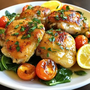 - 4 bone-in chicken thighs, skin on - 2 tablespoons olive oil - 1 tablespoon fresh lemon juice - 1 teaspoon lemon zest - 2 cloves garlic, minced - 1 teaspoon dried oregano - 1 teaspoon dried thyme - Salt and pepper to taste - 1 cup cherry tomatoes, halved - 1 cup baby spinach - Fresh parsley, chopped (for garnish) Bone-in chicken thighs give great flavor. The skin helps keep the meat juicy. Olive oil and lemon juice add bright notes. Fresh herbs like oregano and thyme bring depth. Garlic adds a lovely aroma. Cherry tomatoes and spinach add color and nutrition. You can try other herbs for extra flavor. Consider using rosemary or parsley. Fresh herbs work well, but dried herbs are fine too. Always pick high-quality ingredients. Fresh chicken and organic vegetables taste best. Look for vibrant colors and firm textures. If you want to switch the chicken, try bone-in pork chops. They cook well and taste great. For a veggie option, use mushrooms or eggplant. They soak up flavors nicely and keep things interesting. Always feel free to mix and match ingredients based on what you have. {{ingredient_image_1}} Start by grabbing a small bowl. In this bowl, whisk together these ingredients: - 2 tablespoons olive oil - 1 tablespoon fresh lemon juice - 1 teaspoon lemon zest - 2 cloves garlic, minced - 1 teaspoon dried oregano - 1 teaspoon dried thyme - Salt and pepper to taste Make sure to mix well. This ensures all flavors blend. Use a whisk for the best results. You want a smooth marinade. To coat the chicken evenly, pour the marinade over the chicken thighs. Move the chicken around in the bowl. This helps the flavor stick to every part. Now it's time for the skillet. Arrange the chicken thighs in a large oven-safe skillet. Place them skin-side up. Next, add the halved cherry tomatoes around the chicken. This adds flavor and color. Preheat your oven to 400°F (200°C). Roast the chicken for 30-35 minutes. The chicken is done when it reaches an internal temperature of 165°F (75°C). Check the skin; it should be crispy. If it’s not crispy enough, you can broil it for a few minutes at the end. During the last 5 minutes of cooking, add 1 cup of baby spinach on top of the chicken. The spinach will wilt nicely, adding a fresh touch. Once done, take the skillet out of the oven. Let the chicken rest for a few minutes. Resting helps the juices stay in the meat. Before serving, sprinkle fresh parsley on top. This adds a bright look and fresh flavor. Enjoy your One-Pan Lemon Herb Chicken Thighs! To get crispy skin on your chicken thighs, start with dry skin. Pat the thighs with a paper towel to remove moisture. This step helps the skin crisp up nicely. Next, use a good amount of olive oil in your marinade. The oil helps create a golden crust. When you roast the chicken, place it skin-side up. This allows the heat to crisp the skin perfectly. To check for doneness, use a meat thermometer. Insert it into the thickest part of the thigh. The chicken should reach 165°F (75°C) for safe eating. If you don’t have a thermometer, you can cut into the thigh. The juices should run clear, not pink. Feel free to experiment with different herbs to change the flavor. Instead of oregano and thyme, try rosemary or basil. Fresh herbs give a nice pop of flavor. You can also mix in a splash of white wine or chicken broth for added depth. Marinades can add layers of taste. Let the chicken sit in the marinade for at least 30 minutes. For more flavor, marinate it overnight in the fridge. This allows the herbs to infuse into the meat. For one-pan meals, an oven-safe skillet is a must. A cast-iron skillet works great for heat retention. It helps cook the chicken evenly and keep it juicy. If you don’t have cast iron, a good stainless steel skillet will also work. Make sure your skillet is large enough to hold the chicken thighs. You want enough space for the cherry tomatoes and spinach to cook well. Using the right tools makes cooking easier and results in better meals. Pro Tips Marinade Time is Key: For even more flavor, let the chicken marinate in the refrigerator for at least 30 minutes or up to overnight before cooking. Skin-On for Crispy Texture: Keeping the skin on the chicken thighs will help achieve a crispy texture while keeping the meat juicy. Add a Kick: If you like a bit of heat, consider adding crushed red pepper flakes to the marinade for an extra spicy kick. Fresh Herbs Matter: Using fresh herbs instead of dried can elevate the dish; feel free to substitute with fresh oregano or thyme for a brighter flavor. {{image_2}} You can make this dish even more tasty. Try adding Mediterranean flavors. Use olives, artichokes, or feta cheese. These add a nice twist. If you want heat, add red pepper flakes. They give a spicy kick without overpowering the dish. If you need a gluten-free meal, this recipe works well. All the ingredients are gluten-free. To make it low-carb or keto-friendly, skip the cherry tomatoes. You can add more spinach instead. This keeps the meal light and healthy while still being delicious. You can prepare this dish ahead of time. Marinate the chicken thighs in the fridge. This makes weeknight meals easy. If you want to save it for later, freeze the cooked chicken. It stays tasty for up to three months. Just thaw it in the fridge before reheating. To keep your One-Pan Lemon Herb Chicken Thighs fresh, follow these steps: - Refrigeration: Place leftovers in an airtight container. This keeps moisture in and air out. They stay good for up to 3 days. - Freezing: If you want to save them longer, freeze the chicken. Wrap each piece in plastic wrap, then place in a freezer bag. This helps prevent freezer burn. You can freeze them for up to 3 months. When reheating your chicken, aim to keep it juicy and flavorful: - Oven Method: Preheat your oven to 350°F (175°C). Place the chicken on a baking sheet. Heat for 15-20 minutes. This helps keep the skin crispy. - Microwave Method: If you're short on time, use the microwave. Place chicken on a microwave-safe plate. Heat in 30-second intervals until warm. Be careful not to overcook. Knowing how long your food lasts is key: - Storage Duration: In the fridge, your chicken lasts about 3 days. If frozen, it can last up to 3 months. - Spoilage Signs: Look for changes in color or smell. If the chicken feels slimy or has a sour odor, it's best to toss it. Always trust your senses! Yes, you can use boneless chicken thighs. They will cook faster than bone-in ones. Adjust your cooking time to about 20-25 minutes. Check for a golden brown color and juicy texture. Boneless thighs still soak up the lemon and herb flavors well. To check if chicken is done, use a meat thermometer. Insert it into the thickest part of the thigh. The internal temperature should be 165°F (75°C). If you do not have a thermometer, cut into the chicken. The meat should be opaque and the juices should run clear. This dish pairs well with several sides. Here are some great options: - Garlic mashed potatoes - Quinoa or rice - A fresh green salad - Roasted vegetables These sides balance the bright flavors of the chicken. Yes, you can prepare the chicken in advance. Marinate it and store it in the fridge up to 24 hours. This enhances the flavor. Cook the chicken just before serving for the best texture. Leftovers can last in the fridge for three to four days. This blog post covered how to make delicious one-pan lemon herb chicken thighs. We explored main ingredients like bone-in chicken and fresh herbs. I shared step-by-step instructions for preparing, cooking, and finishing your dish. You learned tips for perfecting the chicken and ways to customize flavors. Remember, experimenting with herbs and adjusting for dietary needs can enhance your meal. Follow my storage tips for fresh leftovers. Enjoy this simple recipe to make weeknight dinners easy and tasty!