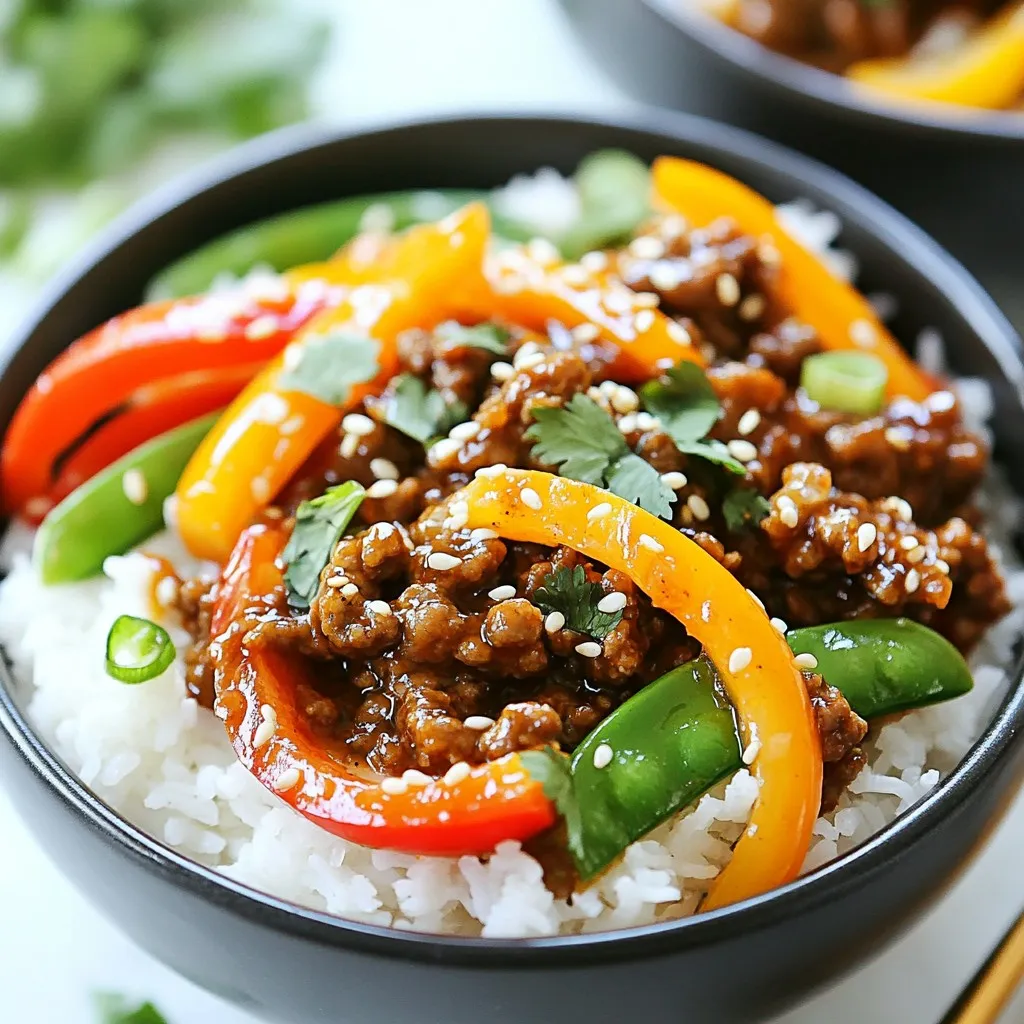 - 1 lb ground beef - 1 tablespoon sesame oil - 2 cloves garlic, minced - 1 tablespoon fresh ginger, minced - 1 red bell pepper, thinly sliced - 1 cup snap peas, trimmed - 2 green onions, chopped - 2 tablespoons soy sauce (low sodium) - 1 tablespoon sriracha (adjust to taste) - 1 tablespoon hoisin sauce - 1 teaspoon rice vinegar - Salt and pepper to taste - 3 cups cooked rice (white or brown) The main ingredient here is ground beef. It gives the stir fry a rich flavor and hearty texture. I love using high-quality beef for the best taste. The fresh vegetables add color and crunch. They make the dish bright and healthy. Bell pepper and snap peas work well together and cook quickly. The sauces bring everything together. Soy sauce gives a nice umami kick. Sriracha adds heat, so adjust it to your liking. Hoisin sauce adds sweetness, and rice vinegar gives a hint of tang. These flavors balance perfectly in the dish. - Sesame seeds - Fresh cilantro - Lime slices Toppings can elevate your stir fry. Sesame seeds add a nice crunch and nutty flavor. Fresh cilantro gives a pop of freshness. Lime slices add a zesty finish. These toppings not only make the dish tasty but also pretty on the plate. {{ingredient_image_1}} Start by measuring and chopping all your veggies. You need: - 1 red bell pepper, thinly sliced - 1 cup snap peas, trimmed - 2 green onions, chopped Next, mince 2 cloves of garlic and 1 tablespoon of fresh ginger. This adds a nice kick to your stir fry. Make sure they are fine so they mix well. Heat 1 tablespoon of sesame oil in a large skillet or wok over medium-high heat. Once it's hot, add the minced garlic and ginger. Sauté them for about 30 seconds until they smell great. Now, add 1 pound of ground beef. Break it apart with a spatula. Cook it for about 5 to 7 minutes until it is brown and fully cooked. Season with salt and pepper to taste. Add the chopped red bell pepper and snap peas to the skillet. Cook for another 3 to 4 minutes. You want your veggies to be tender but still crisp. In a small bowl, mix together: - 2 tablespoons soy sauce - 1 tablespoon sriracha (you can adjust this for more or less heat) - 1 tablespoon hoisin sauce - 1 teaspoon rice vinegar Pour this sauce over the beef and veggies. Stir everything to coat it well. Let the stir fry cook for an additional 2 to 3 minutes. This helps all the flavors meld together nicely. Now you're ready to serve your spicy ground beef stir fry over 3 cups of cooked rice. Enjoy! To start, sriracha is key for heat. You can adjust the sriracha to fit your taste. If you want it spicier, add more sriracha to the mix. If you prefer less heat, use a little less. You can also try other spicy ingredients. Chili flakes, fresh jalapeños, or a dash of hot sauce can work well too. Each option brings its own flavor and heat. Using a wok is best for stir fry. The high sides keep the food contained and allow for easy tossing. A skillet works too but may not give the same results. With both, high heat is crucial. It helps to sear the beef and cook the veggies fast. This keeps them crisp and bright. Cooking too slowly may make the dish mushy. Serve the stir fry in deep bowls. This showcases the bright colors of the veggies. For visual appeal, add a sprinkle of sesame seeds. A slice of lime on the side adds a fresh touch. You can also include a few cilantro leaves on top. These small details make the dish look gourmet and inviting. Pro Tips Use Fresh Ingredients: Fresh garlic and ginger add a vibrant flavor that enhances the overall dish. Always prefer fresh over pre-minced or jarred options. Adjust the Spice Level: The sriracha can be adjusted based on your heat preference. Start with a smaller amount and add more to taste as you cook. Don’t Overcook the Vegetables: Keep the snap peas and bell peppers crisp by cooking them just until tender. This preserves their color and nutrients. Rice Variations: Try using cauliflower rice for a low-carb option or flavored rice, like jasmine or coconut rice, to elevate the dish. {{image_2}} You can switch the beef for ground turkey or chicken. These meats are lighter but still tasty. If you want a meatless meal, try using plant-based ground meat. Tofu is also a great option. Just press it to remove water and crumble it before cooking. Feel free to use seasonal or frozen vegetables. They both work well. Carrots, broccoli, or zucchini add great flavor and crunch. You can also try water chestnuts for extra crunch. They add a nice texture to the dish. Want to amp up the taste? Add some nuts or seeds. Cashews or peanuts bring a nice crunch. You can also try different sauces. Instead of hoisin, use teriyaki or chili garlic sauce. Each sauce gives a new twist to the stir fry. To store your spicy ground beef stir fry, use airtight containers. Glass or plastic containers work well. Make sure to let the stir fry cool down before sealing. Refrigerate the leftovers within two hours of cooking. They will stay fresh for three to four days. If you want to keep them longer, freezing is a great option. Portion out the stir fry into freezer-safe bags or containers. Be sure to remove as much air as possible before sealing. You can freeze it for up to three months. Label the bags with the date to keep track of freshness. When reheating, you want to keep the stir fry's texture nice. The stovetop is best for this. Heat a bit of oil in a pan over medium heat. Add the stir fry and cook for about five minutes, stirring often. This method helps keep the veggies crisp. If you're short on time, the microwave works too. Place the stir fry in a microwave-safe dish and cover it. Heat on high for one to two minutes, stirring halfway through. This method is quick but may make the veggies a bit softer. Always check that the food is hot throughout before serving. Yes, you can. Meal prep helps save time. Cook the stir fry, then let it cool. Store it in airtight containers. It keeps well in the fridge for up to three days. You can also freeze it for longer storage. When ready to eat, just reheat in a skillet or microwave. To make it milder, use less sriracha. Start with just a teaspoon. You can also leave out the sriracha and add a bit of honey for sweetness. Another option is to add more vegetables. This adds flavor without heat. Stir fry goes great with rice. You can use white or brown rice. Another option is to serve it with noodles. A fresh salad or steamed veggies also makes a nice side. Try adding a light dipping sauce for extra flavor. You learned how to make a tasty spicy ground beef stir fry. We covered the main ingredients and optional toppings that enhance flavor. I shared step-by-step cooking instructions and tips for perfecting heat levels. You can even try variations with different proteins or veggies. Remember, storage and reheating are key for enjoying leftovers. Get creative and adjust this dish to fit your taste. Enjoy making this simple meal for friends or family. It’s quick, tasty, and adaptable—perfect for any night!