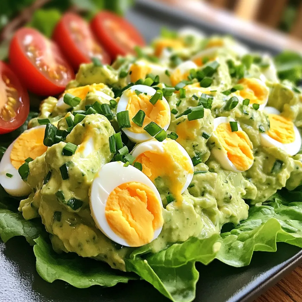 - 4 large eggs - 1 ripe avocado, mashed - 2 tablespoons Greek yogurt - 1 tablespoon Dijon mustard - 1 tablespoon fresh lemon juice The main ingredients in this Avocado Egg Salad create a tasty and healthy dish. Eggs provide protein, while avocado adds good fats. Greek yogurt gives it creaminess, and Dijon mustard adds a nice kick. Fresh lemon juice brightens the flavor and keeps the avocado fresh. - Fresh chives - Cherry tomatoes - Lettuce leaves - Seasonings You can add fresh chives for a burst of flavor. Cherry tomatoes bring color and sweetness. Serve the salad on crisp lettuce leaves for crunch. Feel free to tweak the seasonings to fit your taste, adding a pinch of garlic powder or onion powder for extra depth. {{ingredient_image_1}} To achieve perfect hard-boiled eggs, start by placing the eggs in a pot. Cover them with water, making sure there’s at least an inch above the eggs. Bring the water to a boil over high heat. Once boiling, cover the pot and turn off the heat. Let the eggs sit for 10 to 12 minutes. This method gives you firm whites and creamy yolks. After boiling, cooling the eggs in an ice bath is key. Move the eggs to a bowl filled with ice water. This stops the cooking and makes peeling easier. Leave them in the ice bath for about five minutes. Chopping boiled eggs is simple. Start by peeling the eggs and placing them on a cutting board. Use a sharp knife to chop them coarsely. Aim for bite-sized pieces. This is important for the texture of the salad. You want some chunks for a nice bite, not mush. To mash avocado properly, take a ripe avocado and cut it in half. Remove the pit and scoop the flesh into a bowl. Use a fork to mash the avocado until smooth, but not completely pureed. Add Greek yogurt, Dijon mustard, lemon juice, garlic powder, onion powder, salt, and pepper. Mix everything until it’s smooth and creamy. This gives the salad a rich taste. When combining the ingredients, gently fold in the chopped eggs and chives. Use a spatula to add the egg mixture to the avocado mixture. Be careful to keep some egg pieces intact. This helps ensure a creamy yet textured consistency. Taste the salad and adjust flavors to your liking. You might want to add more salt, pepper, or lemon juice for extra zing. For serving, use crisp lettuce leaves as a base. Top the salad with halved cherry tomatoes for a bright color. This makes your dish look as good as it tastes! To make your avocado egg salad creamy, start with ripe avocados. A ripe avocado is soft and yields to gentle pressure. This ensures a smooth texture. You can check by gently pressing on the skin. If it feels soft, it’s ready! Next, choose the right yogurt. Greek yogurt works best. It adds creaminess without being too heavy. This keeps the salad light and fresh. Spice up your salad with different spices. Try adding smoked paprika for a smoky twist. You can also use cayenne pepper for some heat. These spices can change the flavor profile of your dish. Fresh herbs can take your salad to another level. I love using chives for a mild onion taste. You can also add dill or parsley for freshness. Just chop them finely and mix them in. Making this salad ahead of time is easy. You can prepare it a day before serving. Just keep it in the fridge in an airtight container. This helps the flavors meld together nicely. To stop avocados from browning, add lemon juice. The acid in lemon juice slows down the browning process. Mix it in right after mashing the avocado. This way, your salad stays vibrant and fresh for longer. Pro Tips Perfectly Boiled Eggs: To achieve perfectly boiled eggs, ensure you start with cold water and bring it to a boil gently. This helps prevent cracking and ensures even cooking. Avocado Freshness: To keep your avocado salad from browning, add a little extra lemon juice or cover it tightly with plastic wrap to minimize air exposure. Texture Matters: For a delightful texture, make sure to leave some egg pieces chunky when folding them into the avocado mixture. Serving Suggestions: Serve your egg salad on a variety of greens like arugula or spinach for added flavor and nutrition, or try it on whole grain toast for a filling meal. {{image_2}} You can easily change the taste of your avocado egg salad. Adding bacon gives it a crunchy bite. Just cook the bacon until crispy, chop it up, and mix it in. You can also add cooked chicken for a protein boost. It makes the salad heartier and great for lunch. If you want a vegan option, try using silken tofu instead of Greek yogurt. It adds creaminess without dairy. You can also use mashed chickpeas for a different texture. Both options keep the dish tasty and fun. There are many ways to serve this salad. You can make wraps by using a tortilla. Just spread the egg salad on the tortilla, roll it up, and enjoy. It's also great in a sandwich with fresh bread. You can add crunchy veggies for extra flavor. For a lighter option, serve the salad on a bed of greens. Use lettuce, spinach, or arugula. The greens add a fresh taste and work well with the creamy salad. You can also add seasonal vegetables to your salad. In spring, try mixing in diced cucumbers or radishes. They give a nice crunch. In summer, add sweet corn or bell peppers for a pop of color. For holidays, adjust the flavors to match the season. You can add cranberries in winter for a festive touch. This keeps the salad new and exciting for special occasions. To keep your avocado egg salad fresh, store it in an airtight container. This helps to prevent air from spoiling its taste. Make sure to place it in the refrigerator right after serving. Use glass or plastic containers that seal well. Avoid leaving it out at room temperature for too long. When stored properly, the salad lasts about 3 to 5 days in the fridge. Check for signs that it has gone bad. If you see any discoloration or an odd smell, it's best to throw it away. Also, if the texture becomes too mushy, it's time to discard it. I do not recommend freezing this salad. The texture of the avocado and eggs changes when frozen. If you want to freeze components, do so separately. You can freeze boiled eggs and mashed avocado. When ready to use, thaw them in the fridge overnight before mixing them back together. To make your salad creamier, use a ripe avocado. A soft avocado blends well. You can also add more Greek yogurt. This keeps it light while adding creaminess. Try using a food processor for a smoother texture. Just pulse until it reaches your desired creaminess. Absolutely! You can add diced celery for crunch. Chopped pickles or relish can add a tangy taste. Try using different herbs like dill or parsley for extra flavor. You can swap Greek yogurt for sour cream if you prefer. Feel free to get creative with your mix-ins! Store your salad in an airtight container. It will last about 2-3 days in the fridge. Keep in mind the avocado may brown over time. Adding lemon juice helps slow this down. If you see any discoloration, just stir it well before serving. Yes, Avocado Egg Salad is quite healthy! Eggs are a great source of protein. Avocados provide healthy fats and fiber. Greek yogurt adds protein and calcium without too many calories. This combo supports heart health and keeps you full. Enjoy this tasty salad guilt-free! You’ve learned how to make a delicious avocado egg salad. We covered essential ingredients like eggs, avocado, and yogurt. Perfect boiling and mixing techniques ensure great texture. Plus, optional garnishes add flair. Remember to store it well for freshness. This salad is not only tasty but also healthy. Experiment with flavors to make it your own. Enjoy this dish any time, whether for lunch or a snack. Follow these tips, and you’ll impress everyone with your cooking!