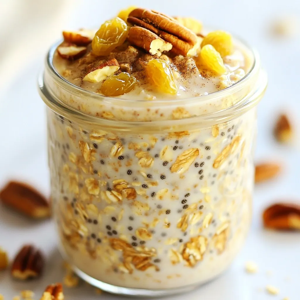 - 1 cup rolled oats - 1 cup unsweetened almond milk (or milk of choice) - 1 tablespoon chia seeds - 1 teaspoon ground cinnamon - 2 tablespoons maple syrup or honey - 1 teaspoon vanilla extract - 2 tablespoons Greek yogurt (optional) - Pinch of salt - 2 tablespoons chopped pecans or walnuts (optional) - 1 tablespoon raisins or dried cranberries (optional) For my cinnamon roll overnight oats, I use simple, wholesome ingredients. The rolled oats form the base. They soak up flavors and become soft. Almond milk adds creaminess, but you can use any milk you like. Chia seeds are a great addition. They thicken the oats and add nutrients. Ground cinnamon gives the oats that warm, sweet flavor. Maple syrup or honey adds natural sweetness. Vanilla extract enhances the flavor even more. I sometimes mix in Greek yogurt for extra creaminess, but it’s optional. A pinch of salt brightens all the flavors. For a crunch, I like to add chopped nuts. Pecans or walnuts work well. You can also throw in raisins or dried cranberries for a touch of sweetness. Each ingredient adds something special to the dish. {{ingredient_image_1}} 1. In a medium bowl, combine the dry ingredients. Use 1 cup of rolled oats, 1 tablespoon of chia seeds, 1 teaspoon of ground cinnamon, and a pinch of salt. Stir it well to mix. 2. In a separate bowl, whisk the wet ingredients together. Use 1 cup of unsweetened almond milk, 2 tablespoons of maple syrup or honey, 1 teaspoon of vanilla extract, and 2 tablespoons of Greek yogurt if you want it creamier. Make sure it’s smooth. 3. Pour the wet mixture over the dry ingredients. Stir until everything is well combined. You want it to look even and mixed. 4. If you like, fold in the optional ingredients for extra flavor. Use 2 tablespoons of chopped pecans or walnuts and 1 tablespoon of raisins or dried cranberries. This makes the oats crunchy and sweet. 5. Divide the oat mixture into two jars or containers. Make sure to use containers with lids so they stay fresh. 6. Seal the jars and refrigerate them overnight. This lets the oats soak and soften. If you are in a hurry, let them soak for at least 4 hours. 7. In the morning, give the oats a good stir. If they are too thick, add an extra splash of milk. 8. Top with more chopped nuts, a drizzle of maple syrup, and a sprinkle of cinnamon if you want extra flavor. Enjoy your delicious cinnamon roll overnight oats! - Optimal soaking time for best texture: I recommend soaking your oats overnight. This gives them the best soft texture. If you're in a rush, let them soak for at least four hours. - Adjusting sweetness and flavors: You can change the sweetness to fit your taste. Try using more or less maple syrup or honey. If you like it spicier, add more cinnamon or a dash of nutmeg. - Alternatives for dairy-free or vegan options: For a dairy-free version, use almond milk, oat milk, or coconut milk. You can skip Greek yogurt or use a plant-based yogurt. - Toppings to enhance flavor: Top your oats with chopped nuts for crunch. Drizzle extra maple syrup on top for sweetness. A sprinkle of cinnamon adds a nice touch too. - Pairing ideas with other dishes: Enjoy your oats with fresh fruit like bananas or berries. They also pair well with a side of yogurt or a smoothie for a complete breakfast. Pro Tips Use Old-Fashioned Oats: Old-fashioned rolled oats provide the best texture for overnight oats; they absorb the liquid well without becoming mushy. Customizable Sweetness: Adjust the sweetness by increasing or decreasing the amount of maple syrup or honey based on your taste preference. Add Fresh Fruit: For added freshness and flavor, top your oats with slices of banana or berries just before serving. Meal Prep Friendly: Make a batch of these overnight oats at the beginning of the week for a quick, healthy breakfast option that lasts for up to 5 days in the fridge. {{image_2}} You can make cinnamon roll overnight oats in fun new ways! Here are a few tasty ideas: - Chocolate Cinnamon Roll Overnight Oats: Add 2 tablespoons of cocoa powder to the dry mix. This gives a rich, chocolatey twist. Top with chocolate chips for extra sweetness. - Pumpkin Spice Cinnamon Roll Overnight Oats: Mix in ½ cup of pumpkin puree and 1 teaspoon of pumpkin spice. This adds warmth and flavor, perfect for fall mornings. - Nut Butter Cinnamon Roll Overnight Oats: Stir in 2 tablespoons of your favorite nut butter. This adds creaminess and a boost of protein. It pairs well with the cinnamon flavor. Sometimes, you may want to change things up. Here are some easy substitutions: - Using different types of milk: You can use any milk you like. Try soy, oat, or coconut milk for different tastes. Each type will change the flavor a bit. - Alternative sweeteners: If you prefer not to use maple syrup or honey, try agave syrup or stevia instead. Adjust the amount to your taste, as some sweeteners are stronger than others. To keep your cinnamon roll overnight oats fresh, use clean glass jars or airtight containers. Glass jars work well because they do not absorb smells. Make sure the lids fit tightly to keep air out. The shelf life of prepared oats is about 3 to 5 days in the fridge. If you have leftovers, just seal them well. They will still taste great. Check for any off smells or changes in texture before eating. Reheating options for these oats depend on your preference. You can eat them cold right from the fridge. If you like them warm, heat them in the microwave. Add a splash of milk before warming to keep them creamy. Stir well after heating to mix in the milk. Enjoy your tasty breakfast! Can I make these overnight oats ahead of time? Yes, you can make these oats up to three days in advance. Just store them in jars and keep them in the fridge. They taste great even after a couple of days. How do I make them less thick? To make your oats less thick, simply add more milk. Stir in an extra splash until you reach your desired creaminess. This way, you can enjoy them just how you like! Are overnight oats healthy? Yes, overnight oats are quite healthy! They are rich in fiber, protein, and healthy fats. They can keep you full and satisfied. Plus, they offer many vitamins and minerals from the oats and toppings. Can I use quick oats instead of rolled oats? You can use quick oats, but the texture will be different. Quick oats will become softer and mushier. If you prefer a chewier bite, stick with rolled oats. What other toppings can I add? Feel free to get creative with toppings! You can add fresh fruits like bananas or berries. Nuts, seeds, or even a dollop of nut butter work well too. Try coconut flakes or dark chocolate chips for a sweet twist! Cinnamon roll overnight oats are simple and tasty. You learned how to mix oats, milk, and spices. You can add nuts or dried fruits for fun. Remember to store them in the fridge for freshness. Feel free to try different flavors and sweeteners to suit your taste. With this recipe, breakfast can be healthy and exciting. Enjoy making your own version of these overnight oats!