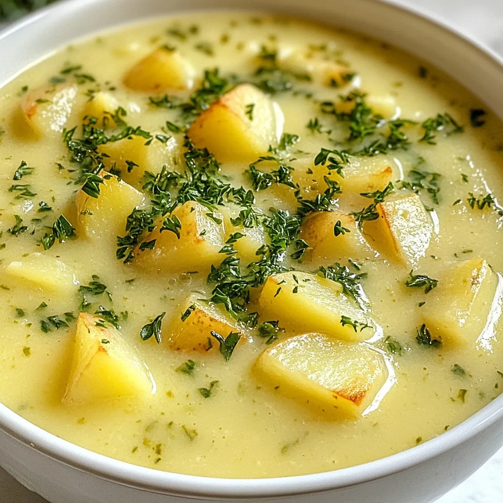 To make Roasted Celery Potato Soup, gather the following ingredients: - 4 large celery stalks, chopped - 3 medium potatoes, peeled and diced - 1 medium onion, diced - 2 cloves garlic, minced - 4 cups vegetable broth - 1 tablespoon olive oil - 1 teaspoon dried thyme - ½ teaspoon black pepper - Salt to taste - ½ cup heavy cream (or coconut milk for a vegan option) - Fresh parsley for garnish These ingredients create a warm, hearty soup. The celery adds a nice crunch and a hint of earthiness. Potatoes give the soup a thick and creamy texture. The onions and garlic bring out rich flavors when roasted. Dried thyme adds a lovely herb taste that blends well. For a vegan option, use coconut milk instead of heavy cream. Fresh parsley not only looks nice but also adds a fresh taste. When you combine these ingredients, you create a comforting dish. Each bite warms you up and makes you feel good. Enjoy the process of gathering your ingredients and get ready to make a delicious soup! {{ingredient_image_1}} 1. First, preheat your oven to 400°F (200°C). This helps the soup roast well. 2. Next, chop the celery stalks, dice the potatoes, and onion. Mince the garlic. 3. On a baking sheet, spread the chopped veggies. Drizzle with olive oil. 4. Sprinkle with thyme, black pepper, and a pinch of salt. Toss to coat well. 1. Roast the veggies for 25-30 minutes. They should become tender and caramelized. 2. Remember to toss them halfway through cooking. This helps them roast evenly. 1. In a large pot, combine the roasted vegetables with the vegetable broth. 2. Bring the mixture to a boil over medium heat. Then reduce heat and let it simmer. 3. Allow it to simmer for 15 minutes to blend the flavors. 4. Carefully blend the soup until smooth. Use an immersion blender or a regular blender. 5. Stir in the heavy cream or coconut milk. Heat through but do not boil. 6. Adjust seasoning with extra salt if needed. Serve hot, garnished with fresh parsley for a nice touch. To boost the taste of your soup, try adding fresh herbs. Basil or rosemary work well. For a spicy kick, include a pinch of red pepper flakes. You can also swap olive oil for avocado oil. This adds a subtle richness. If you want extra creaminess, add a spoonful of sour cream or yogurt. To get the best roast, spread the veggies evenly on your baking sheet. Make sure they are not crowded. This allows them to brown nicely. Stir the veggies halfway through for even cooking. When blending, an immersion blender is the easiest tool. It keeps things simple. If using a regular blender, blend in small batches to avoid spills. Pair your soup with crusty bread or a fresh salad. A grilled cheese sandwich also makes a great match. For garnishes, fresh parsley adds a bright note. You can also sprinkle some croutons on top for crunch. A drizzle of olive oil right before serving gives a nice finish. Pro Tips Roasting for Depth: Roasting the vegetables enhances their natural sweetness and adds a depth of flavor to the soup that boiling alone can't achieve. Texture Matters: For a creamier soup, ensure the potatoes are well blended. If you prefer a chunkier texture, blend only half of the mixture. Herb Variations: Experiment with different herbs like rosemary or oregano for a unique twist on the classic flavor profile. Make Ahead: This soup can be made ahead of time and stored in the refrigerator for up to 3 days or frozen for up to 3 months, making it a great meal prep option. {{image_2}} You can easily make this soup vegan by swapping heavy cream for coconut milk. Coconut milk adds a rich, creamy texture. It also gives the soup a slight sweetness. This change keeps the soup hearty and satisfying without any dairy. Just stir in half a cup of coconut milk before serving. Feel free to get creative with your soup. You can add different vegetables like carrots or leeks. These add color and extra nutrition. If you want more protein, consider adding bacon or shredded chicken. Cook the bacon until crispy, then add it to the soup for a smoky flavor. For chicken, cook it separately, then mix it in just before serving. Want to spice things up? Add extra seasonings like paprika or cayenne pepper. These bring warmth and depth to the soup. You can also experiment with different broth types. Using chicken broth instead of vegetable broth can add a rich flavor. Each change can create a new twist on this comforting dish. To store leftover soup, let it cool first. Pour the soup into airtight containers. Glass or BPA-free plastic containers work well. Make sure to leave some space at the top as the soup may expand when frozen. Label the containers with the date for easy tracking. For freezing, use containers that are safe for the freezer. You can also use heavy-duty freezer bags. Remove as much air as possible to prevent freezer burn. When you're ready to eat, thaw the soup in the fridge overnight. Reheat it on the stove over low heat. Stir gently to ensure even warming. Roasted celery potato soup lasts about 3-4 days in the fridge. In the freezer, it can last for up to 3 months. Always check for any off smells or changes in texture before eating. With these tips, you can enjoy your delicious soup any time! Making Roasted Celery Potato Soup takes about 55 minutes. You spend 15 minutes getting ready. This includes chopping the veggies and prepping them for roasting. The roasting itself takes 25-30 minutes. Then you cook the soup for another 15 minutes. This soup is quick enough for a weeknight meal! Yes, you can make this soup in advance. It stores well in the fridge for about 3 days. To meal prep, let the soup cool completely before storing. Use airtight containers for best results. You can also freeze the soup for up to 3 months. Just remember to leave out the cream until you reheat it! If you don't have celery, you can use other veggies. Fennel adds a nice flavor and crunch. You can also try leeks for a sweeter taste. Carrots can work too, though they change the flavor. Adjust the seasoning to keep the soup tasty! This blog post guides you through making Roasted Celery Potato Soup. We covered ingredients like celery, garlic, and heavy cream. You got step-by-step instructions for preparation and roasting. Tips enhance your soup's flavor and texture. We also explored variations to suit your taste and storage options for leftovers. Now you can create a warm, tasty soup that suits your needs. Experiment with ingredients and enjoy the process. Your kitchen is a great place for creativity!