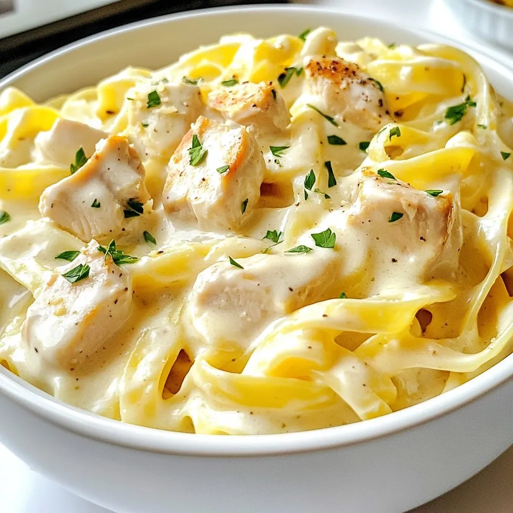 - 1 lb boneless, skinless chicken breasts, cubed - 8 oz fettuccine pasta - 2 cups chicken broth - 1 cup heavy cream - 1 cup grated Parmesan cheese - 3 cloves garlic, minced - 1 tablespoon olive oil - 1 teaspoon Italian seasoning - Salt and pepper to taste - Fresh parsley, chopped (for garnish) In this recipe, the key elements come together to create a rich and creamy dish. The chicken breasts provide a tender protein base that cooks quickly in the Instant Pot. Fettuccine pasta absorbs the flavors from the sauce while cooking in the broth. I use heavy cream to give the sauce that desired richness. Grated Parmesan cheese adds a salty depth that makes the dish truly special. To elevate the flavor, I add minced garlic, which brings in a lovely aroma. Olive oil helps to sauté the chicken, enhancing its taste. Italian seasoning adds a hint of herbs, while salt and pepper balance the flavors. Lastly, fresh parsley not only garnishes the dish but also gives it a pop of color. These ingredients come together in a quick and easy way. You’ll find that each step builds on the last, making the cooking process fun and rewarding. {{ingredient_image_1}} - Set your Instant Pot to sauté. Add 1 tablespoon of olive oil. - Once hot, add 1 pound of cubed chicken breasts. - Season the chicken with salt, pepper, and 1 teaspoon of Italian seasoning. - Sauté the chicken until browned, which takes about 5 minutes. - Next, add 3 minced garlic cloves. Sauté for another minute to bring out the flavor. - After the chicken is cooked, pour in 2 cups of chicken broth. - Scrape the bottom of the pot to remove any browned bits. This adds flavor. - Now, take 8 ounces of fettuccine and break it in half. Add it to the pot. - Make sure the pasta is fully submerged in the broth. - Close the Instant Pot lid and set the valve to sealing. - Cook on high pressure for 6 minutes. - Once the cooking time is done, do a quick release of the pressure. - Carefully open the lid and stir in 1 cup of heavy cream. - Add 1 cup of grated Parmesan cheese and mix until smooth. - If the sauce is too thick, add a bit more chicken broth to reach your desired consistency. - Taste the sauce and adjust the seasoning with salt and pepper if needed. To avoid overcooked pasta, follow these steps: - Break the fettuccine in half before adding it to the pot. - Make sure the pasta is fully submerged in chicken broth. - Cook on high pressure for just 6 minutes. For a creamy sauce, keep these tips in mind: - Use heavy cream for rich texture and flavor. - Stir in the grated Parmesan cheese after cooking. - If the sauce is too thick, add more broth gradually. Here are common mistakes to avoid when using the Instant Pot: - Do not skip the deglazing step; it adds flavor. - Ensure the sealing valve is in the correct position. - Avoid overfilling the pot; it can affect pressure. Troubleshooting pressure cooking can be simple: - If the pot doesn’t reach pressure, check the sealing ring. - Make sure your lid is locked properly. - If food is stuck, try adding more liquid for steam. For great pairings, consider these side dishes and beverages: - A light salad with lemon vinaigrette complements the dish. - Garlic bread is always a favorite with pasta. - A crisp white wine, like Pinot Grigio, pairs well too. To make your meal look special, try these plating ideas: - Use a large plate and twirl the pasta for height. - Sprinkle parsley on top for color. - Add a drizzle of olive oil for shine and flavor. Pro Tips Chicken Searing: Make sure to sear the chicken well to enhance flavor. Browning it creates a delicious depth in your dish. Pasta Cooking: Breaking the fettuccine ensures it fits easily in the pot and cooks evenly without sticking together. Sauce Consistency: If your alfredo sauce is too thick, gradually add more chicken broth until you achieve the desired creaminess. Garnishing: Fresh parsley not only adds color but also a bright flavor that complements the richness of the dish. {{image_2}} If you need gluten-free pasta, choose brown rice or quinoa pasta. Both cook well in the Instant Pot. For a dairy-free Alfredo, use coconut cream or cashew cream. These options can still give you a creamy texture. You can also try nutritional yeast for a cheesy flavor without dairy. Adding veggies boosts flavor and nutrition. Broccoli and spinach are great choices. You can stir them in just before the final sauce mix. Try different cheeses, like mozzarella or Gouda, for a unique taste. These will change the dish’s character and keep it exciting. To add heat, use red pepper flakes or hot sauce. Start with a pinch and taste as you go. You can also add fresh jalapeños for a kick. These spices can make your Chicken Alfredo pop with flavor. To keep your chicken Alfredo fresh, store it in an airtight container. This helps to lock in flavor and moisture. If you plan to eat it within a few days, place it in the fridge. For longer storage, freezing is a great option. Divide the dish into meal-sized portions before freezing. This way, you can reheat just what you need. To reheat, I recommend using the stovetop or microwave. If using the stovetop, warm it in a pan over low heat. Stir often to avoid burning. If you choose the microwave, heat in short bursts. Stop and stir every minute. If the sauce is thick, add a splash of chicken broth or cream. This will help refresh the sauce and keep it creamy. In the fridge, chicken Alfredo lasts about 3 to 4 days. If you freeze it, it can stay good for up to 2 months. Always check for signs of spoilage before eating. Look for changes in color or odor. If something seems off, it's best to toss it. To make Chicken Alfredo without cream, use unsweetened almond milk or coconut milk. You can also use a mix of chicken broth and nutritional yeast for a creamy feel. Adjust the seasoning to enhance flavor. This keeps the dish lighter while still tasty. Yes, you can use frozen chicken breasts. Just add a few extra minutes to the cooking time. Make sure the chicken is fully cooked to at least 165°F (75°C). Always check the internal temperature with a meat thermometer for safety. If your sauce is too thick, add more chicken broth. Start with a small amount, about a quarter cup. Stir well and check the consistency. You can adjust until it meets your liking. This will keep the sauce creamy and smooth. To double the recipe, simply increase the ingredients. Ensure you do not exceed the maximum fill line of the pot. Cooking time may remain the same, but check if the chicken is cooked through. Always ensure safety with thicker meals. Yes, it is safe to use quick release for this dish. Quick release helps prevent the pasta from overcooking. Just be careful of the steam. Use a kitchen towel or pot holder to protect your hands when releasing the pressure. In this article, we explored creating a savory Chicken Alfredo in the Instant Pot. We covered essential ingredients like chicken, fettuccine, and heavy cream. You learned step-by-step instructions, plus tips for perfecting the dish. Variations gave you options for dietary needs or flavor twists. Finally, we shared storage tips to keep leftovers fresh. Now, you can confidently make a delicious Chicken Alfredo, tailor it to your taste, and enjoy every bite. Cooking should be fun and rewarding!