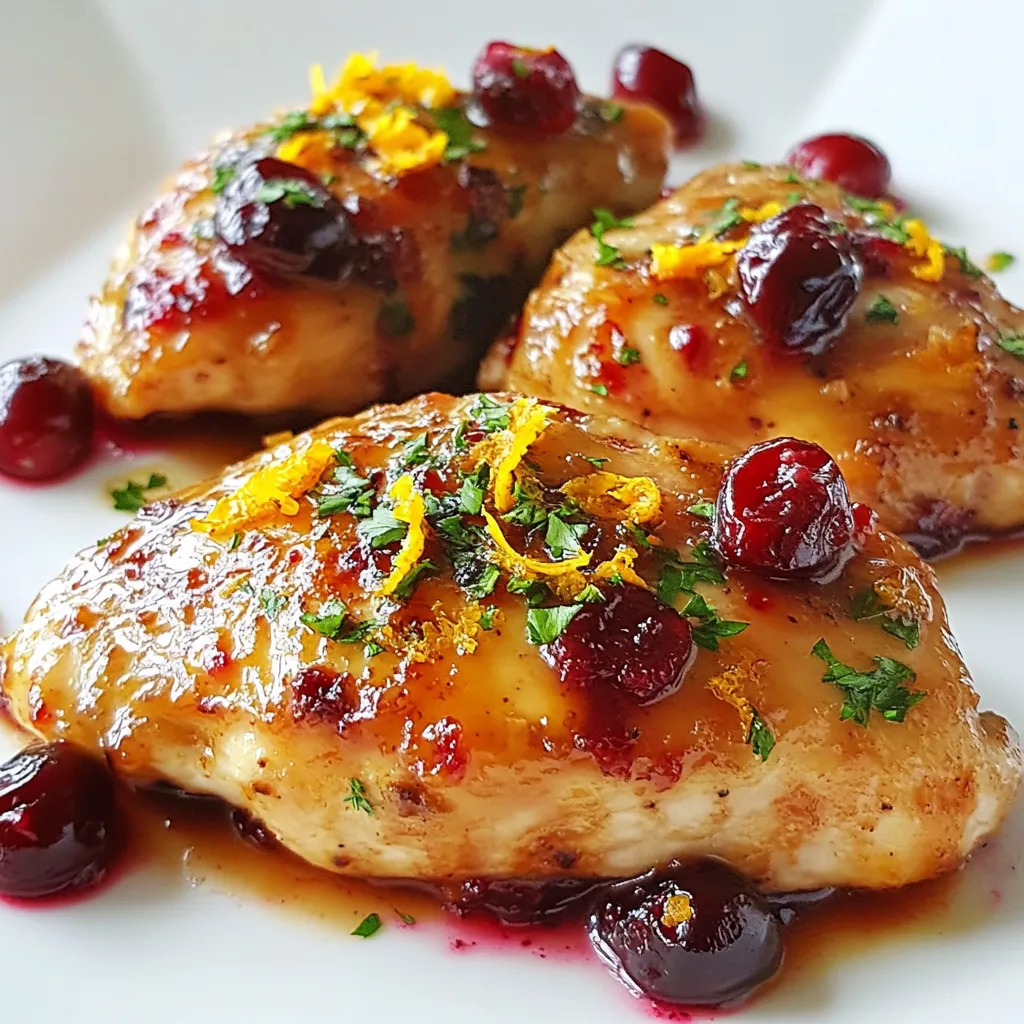 - 4 boneless, skinless chicken breasts - 1 cup fresh cranberries (or frozen, if out of season) - 1 orange, zested and juiced - 2 tablespoons honey - 1 tablespoon olive oil - 1 teaspoon garlic powder - 1 teaspoon onion powder - Salt and pepper to taste - Fresh parsley, chopped, for garnish Use fresh chicken for the best flavor. Look for breasts that are pink and firm. Fresh cranberries should feel hard and smooth. If using frozen, check they are not freezer burned. For the orange, choose one that feels heavy for its size. This means more juice. Honey should be pure and raw if possible. This adds a rich taste to your dish. You can swap chicken for tofu or tempeh for a plant-based meal. For a low-sugar option, replace honey with a sugar-free sweetener. If you are allergic to cranberries, use pomegranate seeds. For a gluten-free version, ensure your seasonings are free of gluten. This recipe is flexible and can fit many diets! {{ingredient_image_1}} Start by patting the chicken breasts dry with paper towels. This helps the seasonings stick. Next, season both sides with salt, pepper, garlic powder, and onion powder. This mix adds great flavor. Make sure to cover the entire surface for the best taste. Heat a large skillet over medium-high heat and add the olive oil. Once the oil is hot, add the seasoned chicken breasts. Cook for 6-7 minutes on each side. You want them golden brown and fully cooked. Check the thickest part to ensure it's no longer pink. Once done, remove the chicken from the skillet. Set it aside on a plate while you make the sauce. In the same skillet, toss in the fresh cranberries, orange zest, orange juice, and honey. Stir well, scraping up all the tasty bits stuck to the pan. This adds depth to the sauce. Let the mixture simmer for 5-6 minutes. You will see the cranberries pop and create a nice sauce. It should thicken up nicely. Once ready, return the chicken to the skillet. Spoon the cranberry orange sauce over the chicken. Cook for an extra 2-3 minutes to warm everything through. This step makes the chicken juicy and flavorful. To get that perfect golden-brown chicken, start by drying the chicken breasts. Use paper towels to remove any moisture. This step helps the chicken sear better. Season both sides well with salt, pepper, garlic powder, and onion powder. Heat olive oil in your skillet until it shimmers. Cook the chicken for about 6-7 minutes on each side. Don't rush this; the golden color comes from a good sear. If the skillet is too crowded, the chicken will steam instead of brown. Give each piece space! The sauce in this dish should be thick and rich. After cooking the chicken, use the same skillet to make the sauce. Add fresh cranberries, orange zest, orange juice, and honey. Stir well, scraping the tasty bits from the bottom. Let it simmer for 5-6 minutes. Watch for the cranberries to burst. This creates a lovely sauce. If it seems too thin, let it simmer a bit longer. Remember, the sauce should cling to the chicken nicely. Fresh herbs can elevate your dish. For this recipe, I recommend using chopped fresh parsley as a garnish. It adds a nice pop of color and freshness. You can also experiment with other herbs like thyme or rosemary. Add them to the sauce for extra flavor. Just remember to chop them finely. This way, they mix well with the sauce and chicken. Fresh herbs make every bite more exciting! Pro Tips Use Fresh Cranberries: Fresh cranberries offer the best flavor and texture. If you can find them, they will enhance the dish significantly. Don't Overcook the Chicken: To ensure the chicken stays juicy, avoid overcooking it. Use a meat thermometer to check for an internal temperature of 165°F (75°C). Adjust Sweetness: Depending on your taste, you can adjust the amount of honey. Start with less, and add more if you prefer a sweeter sauce. Garnish for Color: Fresh parsley not only adds a pop of color but also a fresh flavor that complements the cranberry orange sauce beautifully. {{image_2}} You can swap chicken for turkey or pork. Turkey cutlets work well and stay juicy. Pork tenderloin also adds a nice touch. Just adjust cooking times to ensure they are done. For a plant-based option, try tofu. Press and marinate it in the orange juice for flavor. Cook it until golden and crispy for a tasty twist. Adding veggies makes this dish even better. Try green beans or spinach for color and nutrition. You can sauté them in the skillet after cooking the chicken. Bell peppers or carrots can also add sweetness. Just make sure they cook well before adding the sauce. This change will enhance the meal and make it more filling. Spices can elevate your Cranberry Orange Chicken Skillet. Add a pinch of cinnamon for warmth. A bit of cayenne pepper adds heat and depth. You can also sprinkle in some rosemary or thyme for an earthy flavor. These spices work well with the sweetness of the cranberries and orange. Mix and match to find your favorite flavor profile! To keep your Cranberry Orange Chicken Skillet fresh, let it cool first. Place the chicken and sauce in an airtight container. Store it in the fridge for up to three days. This way, the flavors stay nice and bright. If you want to keep it longer, freezing is a great option. When you are ready to enjoy the leftovers, reheat the chicken in a skillet. Add a splash of water or broth to keep it moist. Heat over medium until warm. You can also use the microwave. Just cover it with a lid or wrap it to avoid drying out. To freeze, divide the chicken and sauce into portions. Use freezer-safe bags or containers. Remove as much air as possible from the bags. Label them with the date so you know how long they have been stored. It can stay in the freezer for up to three months. When you are ready to eat, thaw it overnight in the fridge before reheating. Yes, you can use dried cranberries. They will add sweetness and chewiness. However, you may need to adjust the honey. Dried cranberries are sweeter, so use less honey. If you want a tart flavor, consider adding a splash of orange juice. This dish pairs well with several sides. Here are some ideas: - Rice or quinoa for a filling base. - Mashed potatoes for a creamy texture. - Steamed green beans or broccoli for crunch. - A simple salad for freshness. These sides balance the sweet and tangy flavors of the chicken. Cranberry Orange Chicken Skillet lasts about three to four days in the fridge. Make sure to store it in an airtight container. When you reheat, use low heat to keep the chicken moist. Enjoy it as a quick meal on busy days. This blog post covered all the key points for making Cranberry Orange Chicken. We discussed the essential ingredients, tips for quality, and possible substitutions for different diets. You learned how to prepare, cook, and make that tasty sauce. I shared tips for golden brown chicken and sauce consistency. Now you have options for variations, storage, and answers to common questions. Enjoy creating your dish and feel free to experiment. Each step can lead to a delicious meal that fits your tastes perfectly.