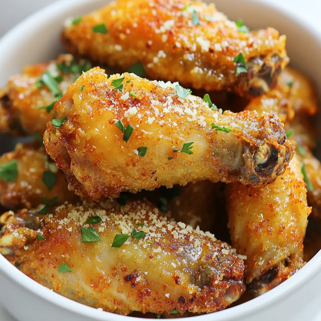To make Air Fryer Garlic Parmesan Chicken Wings, you will need: - 2 lbs chicken wings - 3 tablespoons olive oil - 1 teaspoon garlic powder - 1 teaspoon onion powder - 1 teaspoon smoked paprika - ½ teaspoon black pepper - ½ teaspoon salt - ¼ cup grated Parmesan cheese - 2 tablespoons fresh parsley, chopped (for garnish) - 1 tablespoon minced garlic (fresh) Having these items ready makes cooking easy and fun. Choose fresh chicken wings. Look for wings that are plump and not discolored. Fresh garlic adds a nice punch. Use whole cloves and mince them right before cooking. Fresh herbs like parsley brighten the dish. Store them in a cool place until you are ready to use them. If you can, buy high-quality olive oil. It enhances the flavor of the wings. If you don’t have garlic powder, you can use fresh garlic instead. Just add more minced garlic to the mix. For smoked paprika, regular paprika works too, but it will change the flavor a bit. If you want a little heat, add cayenne pepper. You can also swap the chicken wings for drumsticks if you prefer. The cooking time might change slightly, so keep an eye on them. {{ingredient_image_1}} Start with fresh chicken wings. I use about 2 lbs for this recipe. First, pat the wings dry with paper towels. This step helps make the wings crispier. Removing excess moisture is key. If they are wet, they won't crisp well. Dry wings absorb the coating better too. Next, we need to marinate the wings. In a large bowl, mix 3 tablespoons of olive oil with garlic powder, onion powder, smoked paprika, black pepper, and salt. This creates a flavorful mix. Toss the wings in this mixture until they are fully coated. Don't rush; make sure every wing gets some love. After mixing, add 1 tablespoon of minced garlic. This gives the wings a nice kick. Now, it's time for the air fryer. Preheat it to 375°F (190°C) for about 5 minutes. This ensures even cooking. Place the wings in the basket in a single layer. Avoid overcrowding for best results. Cook them for 25-30 minutes. Flip them halfway through cooking. This helps them brown evenly. When they are golden and crispy, they are ready. After cooking, toss the wings with ¼ cup of grated Parmesan cheese. Finally, serve with chopped parsley on top for a fresh touch. Enjoy your delicious creation! To get crispy chicken wings, you must dry them well. Patting them with paper towels removes excess moisture. This step is key for a great crunch. Next, coat the wings in a mix of spices and oil. The oil helps them crisp up in the air fryer. Make sure not to overcrowd the basket. This allows hot air to circulate freely, giving you wings that are golden and crunchy. Preheating your air fryer is very important. It helps the wings cook evenly from the start. Set it to 375°F (190°C) for about 5 minutes. This quick step makes a huge difference. If you skip it, your wings might not get that nice, crispy finish. Follow these steps to avoid common mistakes. First, make sure to flip the wings halfway through cooking. This ensures they brown evenly. Second, check the wings for doneness. They should be golden brown and crispy. Use a meat thermometer if unsure; the internal temperature should be 165°F (74°C). Finally, add the Parmesan cheese right after cooking. This way, it melts and sticks well to the wings, enhancing the flavor. Pro Tips Pat Dry for Crispiness: Ensure your chicken wings are thoroughly dried with paper towels before seasoning. This helps achieve a perfectly crispy texture when air frying. Don't Overcrowd the Basket: When air frying, always place the wings in a single layer without overcrowding. This allows hot air to circulate evenly, resulting in crispier wings. Flip Halfway Through Cooking: Remember to flip the wings halfway through the cooking time. This ensures even cooking and browning on both sides. Garnish for Extra Flavor: Adding fresh parsley and additional Parmesan cheese just before serving enhances the flavor and presentation of your wings. {{image_2}} You can easily change the flavor of your chicken wings. For a spicy kick, add cayenne pepper or hot sauce to the marinade. Mix in 1-2 teaspoons of smoked chipotle for a smoky taste. If you love BBQ, swap the garlic powder for your favorite BBQ rub. This gives the wings a sweet and tangy flavor. Experiment with different hot sauces to find your favorite mix. While wings are great, you can use other chicken parts too. Chicken drumsticks work well in the air fryer. They take a bit longer to cook, so aim for 30-35 minutes. You can even use chicken thighs for juicy bites. Just ensure all pieces are the same size for even cooking. Adjust the cooking time if needed, as some parts may take longer. Get creative with seasonings to match your taste. Try adding lemon zest for a fresh twist. You can also use Italian seasoning for a herby flavor. For a savory touch, mix in some ranch seasoning. If you want something different, use a curry blend for an exotic flair. Remember, the key is to find flavors you enjoy. To store leftovers, let the chicken wings cool down. Place them in an airtight container. You can keep them in the fridge for up to three days. Make sure to layer them with parchment paper to avoid sticking. For reheating, use the air fryer again. Preheat it to 375°F (190°C). Place the wings in the basket in a single layer. Heat for about 5-7 minutes. This keeps them crispy and tasty. You can also use an oven if needed. Just set it to 350°F (175°C) and heat for 10-15 minutes. You can freeze the wings if you have extra. Place them in a freezer-safe bag. Remove as much air as possible. They will stay good for up to three months. When ready to eat, thaw in the fridge overnight. Then, reheat using the air fryer for best texture. Yes, you can use frozen chicken wings. However, you must adjust the cooking time. Start by air frying the wings for about 10 minutes at 375°F (190°C). After that, check the wings' doneness and continue cooking until they are golden and crispy. Make sure to coat the frozen wings in the marinade after they thaw slightly in the air fryer. To get extra crispy wings, air fry them for 30 to 35 minutes. Flip the wings halfway through cooking to ensure even crispiness. Also, patting the wings dry before marinating helps, as it removes moisture and aids in crisping the skin. Several sauces pair nicely with garlic parmesan wings. Here are some great options: - Ranch dressing - Blue cheese dressing - Hot sauce for a spicy kick - Honey mustard for a sweet touch These sauces enhance the flavor and add a fun twist to your meal. You learned about the essential ingredients for making tasty garlic parmesan wings. You also saw tips on choosing fresh ingredients and exciting substitutes. The step-by-step guide showed how to prepare, marinate, and cook chicken wings in an air fryer. Using the right tips, you’ll achieve crispy results every time. There are flavor variations to try, plus storage tips for leftovers. Overall, these wings are easy and fun to make. Now, you're ready to impress with your cooking skills. Enjoy your delicious wings!