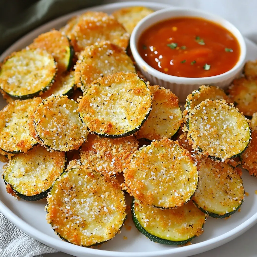 To make crispy air fryer parmesan zucchini chips, gather these simple ingredients: - 2 medium zucchinis, sliced thinly into rounds - ½ cup grated Parmesan cheese - ½ cup breadcrumbs (preferably panko for extra crunch) - 1 teaspoon garlic powder - 1 teaspoon Italian seasoning - Salt and pepper to taste - 1 tablespoon olive oil - Cooking spray These ingredients come together to create a tasty and healthy snack. The zucchini gives a fresh flavor, while the Parmesan and breadcrumbs add a crispy texture. Garlic powder and Italian seasoning boost the taste even more. Olive oil helps everything stick and adds richness. Make sure you have cooking spray on hand to enhance crispiness. Each ingredient plays a key role in making your chips delicious and satisfying. {{ingredient_image_1}} Preheating your air fryer is key. It helps the zucchini cook evenly and get crispy. Set your air fryer to 375°F (190°C) and let it warm up for about 3-5 minutes. This small step makes a big difference in the final crunch. Slice the zucchini thinly into rounds. Aim for about ¼ inch thick. This thickness gives the best crunch. Next, drizzle the olive oil over the slices. Toss them gently so every piece gets coated. This adds flavor and aids in crispiness. In a large bowl, mix the grated Parmesan cheese, breadcrumbs, garlic powder, Italian seasoning, salt, and pepper. Stir well to combine. You can adjust the seasonings based on your taste. Want it spicier? Add some red pepper flakes. This mix creates a tasty coating that sticks well. When you’re ready, take each zucchini slice and dip it into the Parmesan mixture. Make sure it is fully covered. Place the coated slices in the air fryer basket in a single layer. Leave space between each piece to allow hot air to circulate. You might need to cook in batches if your fryer is small. Lightly spray the tops with cooking spray to boost crispiness. Cook the zucchini chips for 10-12 minutes. Halfway through, turn them for even browning. Keep an eye on them as cooking times can vary by model. When they are golden brown, carefully remove them and let them cool before serving. - Olive Oil Techniques: Use just one tablespoon of olive oil. Drizzle it over the sliced zucchini. Toss the slices gently to coat them evenly. This step is key for crispiness. - Cooking Spray Usage: After coating, lightly spray the tops of the zucchini chips with cooking spray. This adds an extra crunch. It helps the cheese and breadcrumbs crisp up nicely in the air fryer. - Overcrowding the Basket: Do not pile the zucchini slices in the basket. Leave space between each piece. This allows hot air to circulate. It ensures even cooking and perfect crispness. - Incorrect Temperature: Always preheat your air fryer to 375°F (190°C). Cooking at the right temperature makes a big difference. Lower temperatures can lead to soggy chips. - Dipping Sauce Ideas: Try serving these zucchini chips with marinara sauce or ranch dressing. A spicy aioli can also add great flavor. - Pairing with Other Dishes: Serve them as a side with grilled chicken. They also work well as a snack during movie night. Enjoy them any time you crave a crunchy treat! Pro Tips Slice Evenly: Make sure to slice the zucchini into uniform thickness to ensure even cooking and crispiness. Experiment with Seasonings: Feel free to add your favorite spices or herbs to the breadcrumb mixture for a personalized flavor. Check for Doneness: Keep an eye on the chips during cooking, as air fryer models may vary in cooking time. They should be golden brown and crispy. Serve Immediately: These chips are best enjoyed fresh and hot. If you need to make them ahead, reheat them briefly in the air fryer for extra crispiness. {{image_2}} You can make these zucchini chips even more fun! Here are a couple of ideas: - Adding Spices: Spice things up by adding cayenne pepper for heat. You can also use smoked paprika for a deeper flavor. Just sprinkle in about half a teaspoon when mixing your coating. This small change can make a big impact! - Using Different Cheeses: While Parmesan shines in this recipe, other cheeses can work well too. Try using cheddar for a sharper taste or mozzarella for that gooey pull when they come out of the air fryer. Just remember to adjust the amount based on the cheese's strength. If you want to try something different, here are two great options: - Oven-Baked Version: Preheat your oven to 425°F (220°C). Place the coated zucchini slices on a baking sheet lined with parchment paper. Bake for about 20-25 minutes, flipping halfway through. This method gives you crispy chips too, just like the air fryer! - Using Other Vegetables: You don’t have to stick with zucchini. Try using eggplant, sweet potatoes, or even carrots. Just slice them thin, coat them the same way, and follow the same cooking method. Each veggie brings its own taste and texture for a fresh twist! To keep your leftover zucchini chips fresh, store them in an airtight container. Line the bottom of the container with paper towels to soak up any moisture. This helps maintain their crispiness. Place the chips in a single layer if possible. If you have many chips, stack them with more paper towels in between. For reheating, use the air fryer or an oven. Preheat your air fryer to 350°F (175°C). Place the chips in a single layer and heat for about 3-5 minutes. Check them often to avoid burning. In the oven, spread them out on a baking sheet and heat for 5-7 minutes at 350°F (175°C). Zucchini chips can last about 3-5 days in the fridge. Make sure they are sealed well to stay crisp. If you want them to last longer, consider freezing. For freezing, place the cooled zucchini chips in a freezer-safe bag. Remove as much air as possible before sealing. They can last up to 2-3 months in the freezer. When ready to eat, reheat them in the air fryer or oven for the best texture. Yes, you can make these zucchini chips gluten-free. To do this, simply swap out the breadcrumbs for gluten-free alternatives. Here are some recommended substitutes: - Gluten-free breadcrumbs: These are available in most stores. - Ground almonds: They add a nice crunch and flavor. - Cornmeal: This will give a different texture but works well. These zucchini chips pair well with a variety of dips. Here are some of the best pairings: - Marinara sauce: The classic choice for dipping. - Ranch dressing: A creamy option that adds flavor. - Hummus: A healthy and tasty choice. You can still enjoy zucchini chips without an air fryer. Here are some alternative cooking techniques: - Oven-baked: Preheat your oven to 425°F (220°C). Place the coated zucchini chips on a baking sheet. Bake for 20-25 minutes, flipping halfway through. - Pan-frying: Heat oil in a skillet over medium heat. Fry the zucchini chips in batches for 3-4 minutes on each side until golden. In this post, we explored how to make delicious air fryer Parmesan zucchini chips. We covered key ingredients, step-by-step instructions, tips for crispy results, and even variations to try. Remember, preheating your air fryer and avoiding overcrowding are crucial for success. Use different cheeses or spices for a fun twist, and don't forget about great serving options. With proper storage, your leftover chips will stay fresh. Now, it's time to enjoy those crunchy treats! Dive in and savor every bite.