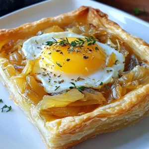 - 1 sheet of puff pastry (thawed) - 3 large onions, thinly sliced - 2 tablespoons olive oil - 1 tablespoon butter - 1 teaspoon fresh thyme leaves - 1 cup grated Gruyère cheese - 2 large eggs - ½ cup heavy cream - 1 teaspoon sugar for caramelizing - Salt and pepper The main ingredients of this tart bring rich flavors together. Puff pastry forms the base. It is flaky and light. Onions add sweetness when cooked well. I like to use three large onions for depth of flavor. Olive oil and butter provide a smooth cooking fat. Fresh thyme gives a herby note that pairs well with cheese. Gruyère cheese is the star, adding creamy, nutty goodness. Eggs and heavy cream create a rich custard. You can add sugar to help caramelize the onions. Salt and pepper are key to balance the taste. {{ingredient_image_1}} Start by slicing your onions thinly. Heat olive oil and butter in a large skillet over medium heat. Once hot, add the onions and a pinch of salt. Stir them often. Cook for about 20 to 25 minutes. You want them soft and golden brown. This slow cooking helps with caramelization. Next, add the sugar and thyme. Stir well and cook for 5 more minutes. The sugar enhances the sweetness of the onions. The thyme adds a fresh, earthy taste. Remove the skillet from heat and let the onions cool slightly. Now, roll out your puff pastry on a floured surface. Aim for a size that fits your tart pan. Gently press the pastry into the pan and trim any excess. This step ensures a nice, even crust. Spread the caramelized onions evenly over the pastry shell. Use a spatula for a smooth layer. In a bowl, whisk together the eggs and heavy cream. Add salt and pepper to taste. Pour this mixture over the onions, covering them well. Finally, sprinkle the grated Gruyère cheese on top. This cheese melts beautifully, adding a rich flavor. Preheat your oven to 400°F (200°C). This high heat helps the tart cook evenly. Bake the tart for 30 to 35 minutes. Look for a golden brown color on top. The filling should be set but still creamy. Once baked, remove the tart from the oven and let it cool for a few minutes. This cooling time helps it firm up before slicing. Enjoy your delicious creation! To achieve the perfect caramelized onion texture, you need patience. Start by slicing your onions thinly. This helps them cook evenly. Heat your skillet to medium and add olive oil and butter. The fat helps with flavor and texture. Cook the onions slowly. This is key! Stir them every few minutes. Low heat allows the sugars in the onions to break down. This takes about 20-25 minutes. You want them soft and golden brown. Add your sugar and thyme at the end. This boosts the sweet flavor. To prevent soggy pastry, make sure your onions cool before adding them to the tart. Excess moisture can ruin the crispiness. Roll out the puff pastry on a lightly floured surface. Aim for an even thickness of about ⅛ inch. This helps it bake evenly. When placing the pastry in the tart pan, press gently. Trim any excess pastry around the edges. This gives a nice clean look and helps with cooking. Garnish your tart with fresh thyme sprigs for a pop of color. This also adds a nice herbal note. Consider pairing the tart with a light salad. A simple green salad with lemon vinaigrette works well. The fresh greens contrast with the rich tart flavors. Enjoy your savory delight! Pro Tips Use Sweet Onions: Opt for sweet onions like Vidalia or Walla Walla for a richer flavor that enhances the caramelization process. Chill the Puff Pastry: Keep the puff pastry chilled until you're ready to bake. This helps achieve a flakier texture when baked. Grate the Cheese Fresh: For the best melting and flavor, grate the Gruyère cheese just before using it rather than buying pre-grated cheese. Let it Rest: Allow the tart to rest for a few minutes before slicing. This helps the filling set and makes for cleaner slices. {{image_2}} You can swap Gruyère cheese for other cheeses. Cheddar adds a sharp flavor. Feta gives a tangy twist. Use what you like best. Herbs and spices can change the taste too. Try rosemary or oregano for a different aroma. A pinch of smoked paprika adds warmth and depth. If you need a gluten-free option, use a gluten-free puff pastry. Many brands offer this now. You can also make a crust with almond flour or oats. For a vegan version, replace eggs and cream with silken tofu and plant milk. Nutritional yeast can give a cheesy flavor. Enjoy a tasty tart without dairy! Adding veggies can make your tart even better. Sautéed mushrooms bring earthiness. Spinach adds color and nutrients. You could also toss in cooked bacon for a smoky touch. It adds richness and pairs well with onions. Want a unique twist? Sprinkle in some cumin or chili flakes. These spices can change the game and make your tart special. To keep your tart fresh, refrigerate it in an airtight container. This helps keep moisture in. Use it within three days for the best taste. When reheating, place slices in a warm oven. Set it to 350°F (175°C) and heat for about 10-15 minutes. This method keeps the crust crispy and the filling warm. Avoid using a microwave, as it can make the pastry soggy. You can freeze the tart before or after baking. If freezing before baking, wrap it tightly in plastic wrap and then foil. This keeps it safe from freezer burn. You can freeze it for up to three months. To bake from frozen, preheat your oven to 400°F (200°C) and add 10-15 minutes to the cooking time. If you freeze it after baking, let it cool completely first. Then wrap it tightly and store it in the freezer. To thaw, place it in the fridge overnight. Reheat in the oven at 350°F (175°C) for about 20 minutes. This way, your tart will taste fresh and delicious. You can prepare this tart ahead of time by making the filling and crust separately. First, caramelize the onions and let them cool. Then, store the onions in an airtight container in the fridge for up to three days. You can also roll out the puff pastry and keep it ready in the fridge. This way, you save time on the day you want to serve it. When ready, simply layer the onions on the pastry, add the egg mixture, and bake. This method keeps flavors fresh and makes serving easy. Yes, you can use different pastries. While puff pastry gives a light and flaky texture, you can try a shortcrust pastry for a sturdier base. You could even use phyllo dough for a crispier bite. If you prefer a gluten-free option, look for gluten-free pastry dough at the store. Each option will change the texture and taste slightly, but they will all work well with the onion and cheese filling. This tart pairs well with a fresh side salad. A simple mixed greens salad with a light vinaigrette works great. You could also serve it with roasted vegetables for added flavor. For drinks, a crisp white wine or sparkling water complements the tart nicely. If you want to go casual, serve it with a nice cup of soup. Each of these options enhances the meal and brings balance to the rich flavors of the tart. This article covered how to make a delicious Caramelized Onion Gruyère Tart. You learned about key ingredients like puff pastry, onions, and Gruyère cheese. We went through easy steps for preparation, assembly, and baking. Tips helped you perfect caramelization and avoid sogginess. In conclusion, you can customize this tart with different cheeses or spices. Enjoy it fresh, or store leftovers for later. Each bite will impress your family and friends. Experiment and make this tart your own!