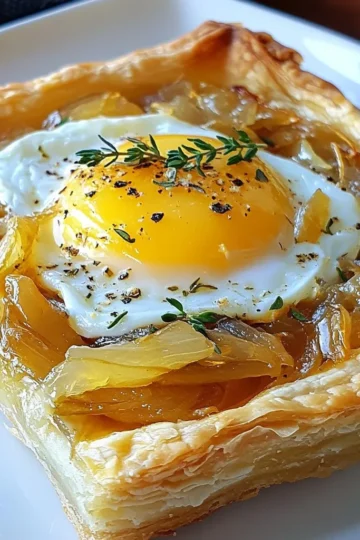 - 1 sheet of puff pastry (thawed) - 3 large onions, thinly sliced - 2 tablespoons olive oil - 1 tablespoon butter - 1 teaspoon fresh thyme leaves - 1 cup grated Gruyère cheese - 2 large eggs - ½ cup heavy cream - 1 teaspoon sugar for caramelizing - Salt and pepper The main ingredients of this tart bring rich flavors together. Puff pastry forms the base. It is flaky and light. Onions add sweetness when cooked well. I like to use three large onions for depth of flavor. Olive oil and butter provide a smooth cooking fat. Fresh thyme gives a herby note that pairs well with cheese. Gruyère cheese is the star, adding creamy, nutty goodness. Eggs and heavy cream create a rich custard. You can add sugar to help caramelize the onions. Salt and pepper are key to balance the taste. {{ingredient_image_1}} Start by slicing your onions thinly. Heat olive oil and butter in a large skillet over medium heat. Once hot, add the onions and a pinch of salt. Stir them often. Cook for about 20 to 25 minutes. You want them soft and golden brown. This slow cooking helps with caramelization. Next, add the sugar and thyme. Stir well and cook for 5 more minutes. The sugar enhances the sweetness of the onions. The thyme adds a fresh, earthy taste. Remove the skillet from heat and let the onions cool slightly. Now, roll out your puff pastry on a floured surface. Aim for a size that fits your tart pan. Gently press the pastry into the pan and trim any excess. This step ensures a nice, even crust. Spread the caramelized onions evenly over the pastry shell. Use a spatula for a smooth layer. In a bowl, whisk together the eggs and heavy cream. Add salt and pepper to taste. Pour this mixture over the onions, covering them well. Finally, sprinkle the grated Gruyère cheese on top. This cheese melts beautifully, adding a rich flavor. Preheat your oven to 400°F (200°C). This high heat helps the tart cook evenly. Bake the tart for 30 to 35 minutes. Look for a golden brown color on top. The filling should be set but still creamy. Once baked, remove the tart from the oven and let it cool for a few minutes. This cooling time helps it firm up before slicing. Enjoy your delicious creation! To achieve the perfect caramelized onion texture, you need patience. Start by slicing your onions thinly. This helps them cook evenly. Heat your skillet to medium and add olive oil and butter. The fat helps with flavor and texture. Cook the onions slowly. This is key! Stir them every few minutes. Low heat allows the sugars in the onions to break down. This takes about 20-25 minutes. You want them soft and golden brown. Add your sugar and thyme at the end. This boosts the sweet flavor. To prevent soggy pastry, make sure your onions cool before adding them to the tart. Excess moisture can ruin the crispiness. Roll out the puff pastry on a lightly floured surface. Aim for an even thickness of about ⅛ inch. This helps it bake evenly. When placing the pastry in the tart pan, press gently. Trim any excess pastry around the edges. This gives a nice clean look and helps with cooking. Garnish your tart with fresh thyme sprigs for a pop of color. This also adds a nice herbal note. Consider pairing the tart with a light salad. A simple green salad with lemon vinaigrette works well. The fresh greens contrast with the rich tart flavors. Enjoy your savory delight! Pro Tips Use Sweet Onions: Opt for sweet onions like Vidalia or Walla Walla for a richer flavor that enhances the caramelization process. Chill the Puff Pastry: Keep the puff pastry chilled until you're ready to bake. This helps achieve a flakier texture when baked. Grate the Cheese Fresh: For the best melting and flavor, grate the Gruyère cheese just before using it rather than buying pre-grated cheese. Let it Rest: Allow the tart to rest for a few minutes before slicing. This helps the filling set and makes for cleaner slices. {{image_2}} You can swap Gruyère cheese for other cheeses. Cheddar adds a sharp flavor. Feta gives a tangy twist. Use what you like best. Herbs and spices can change the taste too. Try rosemary or oregano for a different aroma. A pinch of smoked paprika adds warmth and depth. If you need a gluten-free option, use a gluten-free puff pastry. Many brands offer this now. You can also make a crust with almond flour or oats. For a vegan version, replace eggs and cream with silken tofu and plant milk. Nutritional yeast can give a cheesy flavor. Enjoy a tasty tart without dairy! Adding veggies can make your tart even better. Sautéed mushrooms bring earthiness. Spinach adds color and nutrients. You could also toss in cooked bacon for a smoky touch. It adds richness and pairs well with onions. Want a unique twist? Sprinkle in some cumin or chili flakes. These spices can change the game and make your tart special. To keep your tart fresh, refrigerate it in an airtight container. This helps keep moisture in. Use it within three days for the best taste. When reheating, place slices in a warm oven. Set it to 350°F (175°C) and heat for about 10-15 minutes. This method keeps the crust crispy and the filling warm. Avoid using a microwave, as it can make the pastry soggy. You can freeze the tart before or after baking. If freezing before baking, wrap it tightly in plastic wrap and then foil. This keeps it safe from freezer burn. You can freeze it for up to three months. To bake from frozen, preheat your oven to 400°F (200°C) and add 10-15 minutes to the cooking time. If you freeze it after baking, let it cool completely first. Then wrap it tightly and store it in the freezer. To thaw, place it in the fridge overnight. Reheat in the oven at 350°F (175°C) for about 20 minutes. This way, your tart will taste fresh and delicious. You can prepare this tart ahead of time by making the filling and crust separately. First, caramelize the onions and let them cool. Then, store the onions in an airtight container in the fridge for up to three days. You can also roll out the puff pastry and keep it ready in the fridge. This way, you save time on the day you want to serve it. When ready, simply layer the onions on the pastry, add the egg mixture, and bake. This method keeps flavors fresh and makes serving easy. Yes, you can use different pastries. While puff pastry gives a light and flaky texture, you can try a shortcrust pastry for a sturdier base. You could even use phyllo dough for a crispier bite. If you prefer a gluten-free option, look for gluten-free pastry dough at the store. Each option will change the texture and taste slightly, but they will all work well with the onion and cheese filling. This tart pairs well with a fresh side salad. A simple mixed greens salad with a light vinaigrette works great. You could also serve it with roasted vegetables for added flavor. For drinks, a crisp white wine or sparkling water complements the tart nicely. If you want to go casual, serve it with a nice cup of soup. Each of these options enhances the meal and brings balance to the rich flavors of the tart. This article covered how to make a delicious Caramelized Onion Gruyère Tart. You learned about key ingredients like puff pastry, onions, and Gruyère cheese. We went through easy steps for preparation, assembly, and baking. Tips helped you perfect caramelization and avoid sogginess. In conclusion, you can customize this tart with different cheeses or spices. Enjoy it fresh, or store leftovers for later. Each bite will impress your family and friends. Experiment and make this tart your own!