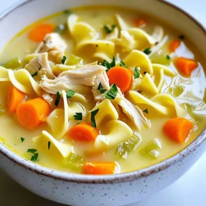- 2 cups cooked chicken, shredded - 1 cup egg noodles - 4 cups chicken broth - 1 cup heavy cream - 1 cup carrots, diced - 1 cup celery, diced - 1 small onion, chopped - 2 cloves garlic, minced - 1 teaspoon dried thyme - 1 teaspoon dried dill - Salt and pepper to taste - 2 tablespoons olive oil - Fresh parsley, chopped (for garnish) You will need some key items to make this creamy chicken noodle soup. Start with cooked chicken. You can use rotisserie chicken for fast prep. Next, grab egg noodles; they add a nice texture. Chicken broth is a must for flavor. Heavy cream brings richness, making this soup creamy and smooth. Don't forget diced carrots and celery. They give crunch and color to your dish. A small onion and garlic add depth to the flavor. Thyme and dill bring a lovely aroma. Finally, salt and pepper balance all the tastes. You can always adjust these to suit your taste. - Additional vegetables (e.g., peas, corn) - Seasoning variations (e.g., garlic powder, paprika) You can add extra veggies like peas or corn for more color and nutrients. Try seasoning variations like garlic powder or paprika to change the flavor. These options let you make the soup your own. {{ingredient_image_1}} 1. Heat the olive oil in a large pot over medium heat. 2. Add the chopped onion, diced carrots, and diced celery. Sauté these for about 5-7 minutes. You want the veggies to soften but not brown. 3. Next, stir in the minced garlic and cook for one more minute. This will make your kitchen smell amazing! 1. Pour in the chicken broth. Bring this to a gentle boil. 2. Add the egg noodles to the pot. Cook them according to the package instructions, usually about 7-8 minutes. Make sure they are al dente; this keeps them from getting mushy. 1. Now, reduce the heat to low. Stir in the shredded chicken, heavy cream, dried thyme, and dried dill. Let the soup simmer for 5-10 minutes. This helps the flavors come together. 2. Taste the soup and adjust the seasoning with salt and pepper as needed. 3. Finally, remove the pot from heat. Let it cool slightly before serving. This soup is great with a sprinkle of fresh parsley on top for color and taste. To get the perfect creaminess in your soup, use heavy cream. Stir it in slowly after you lower the heat. This helps it blend well. If you want a lighter soup, use half-and-half or whole milk instead. To ensure noodles don't get mushy, cook them separately. Add them to the soup just before serving. This keeps them firm and tasty. For the best experience, serve this soup with butter or crusty bread. The bread soaks up the creamy broth. It adds a nice crunch too. When presenting, use deep bowls. Ladle the soup in and sprinkle fresh parsley on top. This adds color and flavor. If you want lower-fat options for cream, consider using low-fat milk or evaporated milk. They still add richness but cut some calories. Using rotisserie chicken can save time. It’s already cooked and adds great flavor. Just shred it and mix it in. This way, you enjoy your soup faster! Pro Tips Use Rotisserie Chicken: For a quicker preparation, use store-bought rotisserie chicken. It adds great flavor and saves time on cooking the chicken. Add More Veggies: Feel free to add more vegetables like peas, corn, or even spinach for added nutrition and flavor. Just adjust the cooking time accordingly. Make it Ahead: This soup can be made ahead of time and stored in the fridge for up to 3 days. Reheat on the stove, adding a bit of extra broth if it thickens too much. Thicken the Soup: If you prefer a thicker soup, mix a tablespoon of cornstarch with cold water and stir it in during the simmering step until it reaches your desired consistency. {{image_2}} You can make this soup healthier. Start with low-sodium chicken broth. This helps reduce salt. You can also add spinach or kale. These greens boost nutrition. They add color and flavor too. Change up the flavors with herbs and spices. Try thyme, dill, or even rosemary. Each one brings a unique taste. You can also add lemon juice. It brightens the soup and adds zest. For a fun twist, try Asian flavors. Add soy sauce, ginger, or sesame oil. This gives the soup a unique taste. You could also make a Mediterranean version. Add olives, feta cheese, or sun-dried tomatoes. These changes make the soup exciting and new. To store leftovers, let the soup cool first. Use an airtight container for best results. Place it in the fridge within two hours of cooking. The soup will stay fresh for about three to four days. If you want to enjoy it later, consider freezing it. Freezing soup is easy! Follow these steps: - Let the soup cool completely. - Use a freezer-safe container or bag. - Leave some space for expansion. - Label the container with the date. - Freeze for up to three months. To thaw, move the soup to the fridge overnight. You can also thaw it in a pot over low heat. Reheat the soup on the stove over low heat. Stir often to prevent sticking. You want to keep the flavors intact. To avoid separation of cream, add a splash of broth or water while reheating. You can also microwave it in short bursts, stirring in between. Enjoy your warm soup! Yes, you can make this soup ahead of time. Prepare the soup up to the point of adding the cream. Allow it to cool before storing. Place it in an airtight container and refrigerate for up to three days. When ready to serve, heat it gently on the stove. Add the cream just before serving for the best taste. This method keeps the soup fresh and creamy. If you want a lighter option, you can use milk or yogurt. Whole milk gives a nice creaminess without the fat of heavy cream. For a tangy twist, try plain yogurt. Just stir it in at the end to avoid curdling. You can also use half-and-half for a balance between milk and cream. These alternatives keep the flavor rich while making it lighter. To thicken your soup, try these simple methods. You can add a slurry of cornstarch and water. Mix one tablespoon of cornstarch with two tablespoons of cold water, then stir it into the soup. Let it simmer a little longer to thicken. You can also mash some of the cooked noodles or veggies to create a thicker consistency without changing the flavor. These tricks keep your soup hearty and satisfying. This blog post detailed how to make creamy chicken noodle soup. We covered key ingredients and step-by-step instructions. You learned tips for cooking and serving, plus variations to try. Remember, you can adjust flavors and add healthy veggies. Storing and reheating soup properly keeps it tasty. Enjoy creating your perfect bowl of comfort. Each step makes the process fun and easy. Dive in and enjoy your delicious homemade soup!