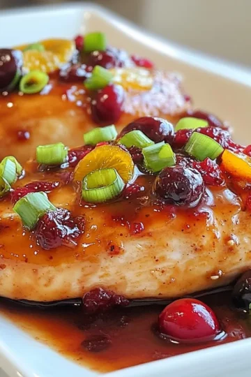 - 4 boneless, skinless chicken breasts - 1 cup fresh or frozen cranberries - 1 cup orange juice - Zest of 1 orange - 2 tablespoons honey - 2 cloves garlic, minced - 1 tablespoon fresh ginger, grated - 1 teaspoon thyme - Salt and pepper to taste - 2 tablespoons olive oil - ¼ cup green onions, sliced For this dish, I love using fresh ingredients to boost flavor. The chicken breasts provide a lean protein base. Fresh cranberries add a bright, tart taste. Orange juice gives a sweet and zesty kick. Don't forget the orange zest; it adds a fragrant touch. The marinade is key. Honey brings sweetness. Minced garlic adds depth. Grated ginger gives a warm zing. Thyme adds a hint of earthiness. Salt and pepper will enhance the overall taste. For cooking, olive oil helps in searing the chicken. Sliced green onions on top add a crunchy finish. They also brighten the dish's look. This combination creates a plate that is not just tasty but visually appealing too. {{ingredient_image_1}} To make the marinade, start by mixing fresh orange juice with orange zest. Add two tablespoons of honey, two minced garlic cloves, and one tablespoon of grated ginger. Then, stir in one teaspoon of thyme, along with salt and pepper to taste. Mix everything well to create a smooth marinade. Next, take your four chicken breasts and place them in a resealable plastic bag or a shallow dish. Pour the marinade over the chicken. Ensure each piece is coated well. Seal the bag or cover the dish with plastic wrap. Refrigerate the chicken for at least one hour. For more flavor, let it marinate overnight. First, preheat your oven to 375°F (190°C). In an oven-safe skillet, heat two tablespoons of olive oil over medium-high heat. Take the chicken out of the marinade, keeping the marinade for later. Sear each chicken breast for about 4-5 minutes on each side until golden brown. After searing, pour the reserved marinade over the chicken. Add one cup of fresh or thawed cranberries to the skillet. Stir gently to mix the cranberries with the chicken. Now, transfer the skillet to your preheated oven. Bake for 20-25 minutes, or until the chicken reaches an internal temperature of 165°F (74°C). Once cooked, take the skillet out of the oven. Let the chicken rest for five minutes before serving. For a nice touch, garnish the chicken with sliced green onions. This adds both color and flavor to your dish. Enjoy your zesty cranberry orange chicken! To make the best Zesty Cranberry Orange Chicken, start with marinating. Here’s how to do it right: - Use a resealable bag or a dish. - Coat the chicken well with the marinade. - Let it sit for at least 1 hour, or overnight for more flavor. Next, let’s talk about searing. Searing gives the chicken a nice crust. Here are tips for that: - Preheat your skillet with olive oil over medium-high heat. - Place chicken in the hot skillet, and do not crowd the pan. - Cook for 4-5 minutes per side until golden brown. Want to kick up the flavor? Here’s how: - Add zest from another orange or a squeeze of lime for extra zing. - For spice, sprinkle some red pepper flakes or a dash of cayenne. To enhance the dish’s profile, serve it with: - Fluffy rice to absorb the sauce. - Roasted vegetables for color and crunch. Avoiding mistakes can make your dish shine. Here are two to watch for: - Do not overcook the chicken. Check it at 20 minutes. The internal temperature should reach 165°F. - Don’t skimp on marinating time. Insufficient marinating will lead to bland chicken. Always aim for at least 1 hour. Pro Tips Marinade Longer for Flavor: For the best flavor, marinate the chicken overnight. This allows the flavors to penetrate the meat, resulting in a more delicious dish. Use Fresh Ingredients: Whenever possible, use fresh cranberries and freshly squeezed orange juice. Fresh ingredients enhance the overall taste and brightness of the dish. Check Chicken Temperature: Always use a meat thermometer to ensure your chicken is cooked to the safe internal temperature of 165°F (74°C) for optimal texture and safety. Experiment with Herbs: Feel free to experiment with other herbs like rosemary or sage. They can add a unique twist to the flavor profile of your chicken dish. {{image_2}} You can swap cranberries for other fruits. Cherries or pomegranate seeds work well. Both add a sweet-tart flavor. You can also try diced apples or peaches for a sweeter taste. If you want to change the sweetener, use maple syrup or agave nectar instead of honey. These options can bring a different twist to the dish. For gluten-free needs, use tamari instead of regular soy sauce in any marinade. Check all labels for hidden gluten. If you're watching sugar intake, reduce or skip the honey. You can use a sugar substitute like stevia. This way, you keep the taste without adding extra sugar. Pair this chicken with fluffy rice or roasted vegetables. Both bring balance and enhance flavors. For a colorful plate, add some steamed broccoli or green beans. When plating, place the chicken in the center. Spoon the cranberry sauce generously on top. Finish with a sprinkle of sliced green onions for a pop of color. To keep your leftover chicken fresh, store it in an airtight container. Make sure it cools down first. Place it in the fridge if you plan to eat it within three days. For longer storage, freeze the chicken. Wrap it tightly in plastic wrap or foil, then place it in a freezer bag. This helps prevent freezer burn. When reheating your chicken, avoid dry meat by using gentle heat. You can reheat it in the oven at 350°F (175°C). Cover it with foil to keep the moisture in. Another option is to use a microwave. Place the chicken on a plate, add a splash of water, and cover it. This keeps the chicken juicy. To maintain the flavor, consider adding a little extra cranberry sauce when reheating. This will bring back some of that zesty taste. Enjoy your tasty meal again! You can prep the chicken and marinade ahead of time. Start by mixing the marinade. Combine orange juice, zest, honey, garlic, ginger, thyme, salt, and pepper in a bowl. After that, place the chicken in a resealable bag. Pour the marinade over the chicken, ensuring it is well-coated. Seal the bag and store it in the fridge for up to 24 hours. This gives the flavors time to blend. When you’re ready to cook, you can simply sear and bake the chicken. Yes, you can use frozen chicken breasts. Just remember to thaw them before marinating. This helps the meat absorb the flavors better. Cooking time may vary slightly. Make sure the internal temperature reaches 165°F (74°C) to ensure it is safe to eat. If using frozen chicken, add 5-10 minutes to your cooking time. Check for doneness with a meat thermometer for best results. This dish pairs well with several sides. Fluffy rice soaks up the sauce well. Roasted vegetables add color and nutrition. You might also try a fresh salad for a light contrast. Mashed potatoes can be a creamy option too. Consider serving with crusty bread to soak up any extra sauce. These sides will enhance the meal's zesty flavor and make it more filling. This Zesty Cranberry Orange Chicken recipe combines vibrant flavors with simple steps. We reviewed the main ingredients, marinade components, and cooking process. I shared tips for marinating, flavor enhancements, and avoiding common mistakes. With alternative ingredients, dietary adjustments, and serving suggestions, you can customize it to your taste. Proper storage and reheating keep your chicken delicious and ready to enjoy. Remember, cooking is an art. Embrace your creativity and make it your own!