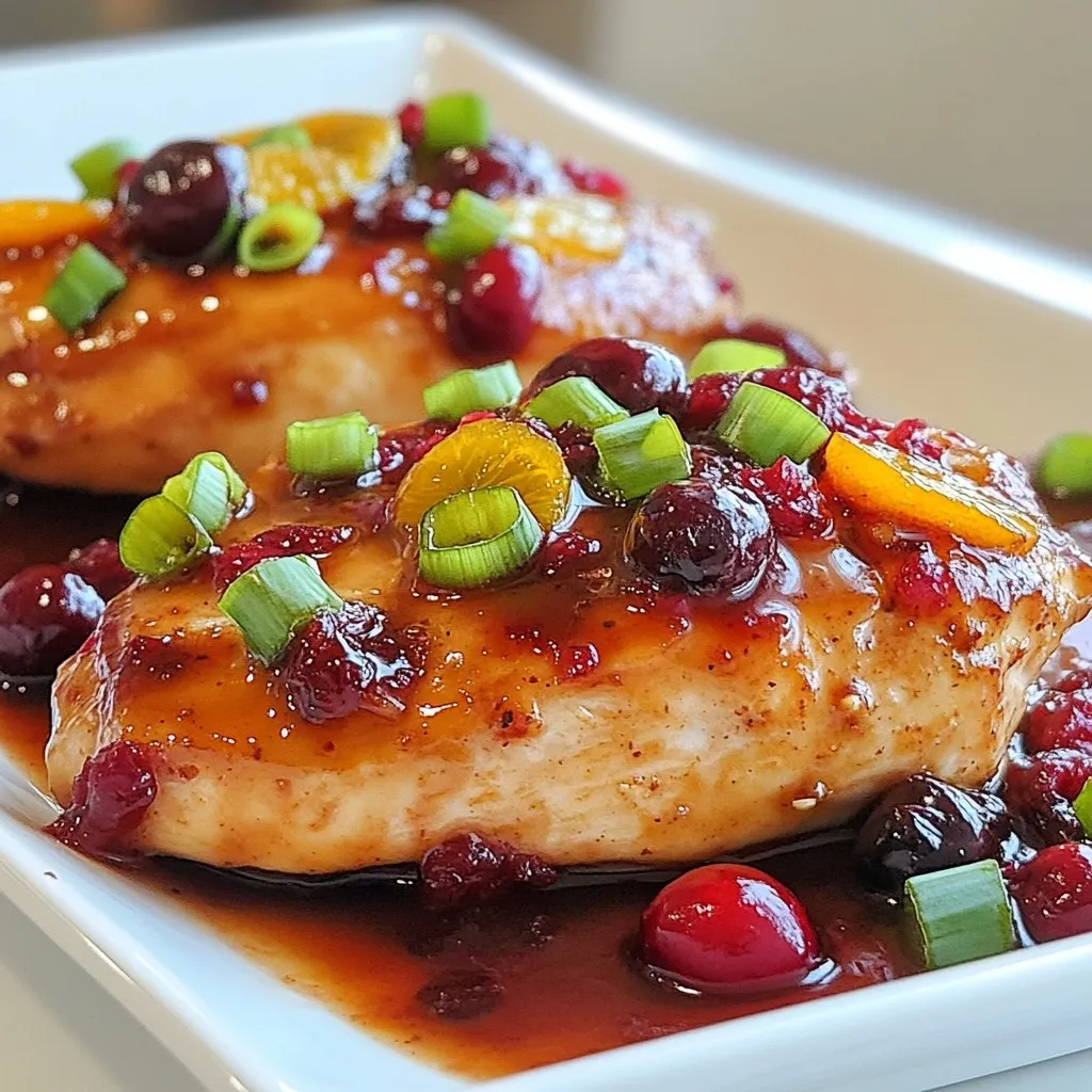 - 4 boneless, skinless chicken breasts - 1 cup fresh or frozen cranberries - 1 cup orange juice - Zest of 1 orange - 2 tablespoons honey - 2 cloves garlic, minced - 1 tablespoon fresh ginger, grated - 1 teaspoon thyme - Salt and pepper to taste - 2 tablespoons olive oil - ¼ cup green onions, sliced For this dish, I love using fresh ingredients to boost flavor. The chicken breasts provide a lean protein base. Fresh cranberries add a bright, tart taste. Orange juice gives a sweet and zesty kick. Don't forget the orange zest; it adds a fragrant touch. The marinade is key. Honey brings sweetness. Minced garlic adds depth. Grated ginger gives a warm zing. Thyme adds a hint of earthiness. Salt and pepper will enhance the overall taste. For cooking, olive oil helps in searing the chicken. Sliced green onions on top add a crunchy finish. They also brighten the dish's look. This combination creates a plate that is not just tasty but visually appealing too. {{ingredient_image_1}} To make the marinade, start by mixing fresh orange juice with orange zest. Add two tablespoons of honey, two minced garlic cloves, and one tablespoon of grated ginger. Then, stir in one teaspoon of thyme, along with salt and pepper to taste. Mix everything well to create a smooth marinade. Next, take your four chicken breasts and place them in a resealable plastic bag or a shallow dish. Pour the marinade over the chicken. Ensure each piece is coated well. Seal the bag or cover the dish with plastic wrap. Refrigerate the chicken for at least one hour. For more flavor, let it marinate overnight. First, preheat your oven to 375°F (190°C). In an oven-safe skillet, heat two tablespoons of olive oil over medium-high heat. Take the chicken out of the marinade, keeping the marinade for later. Sear each chicken breast for about 4-5 minutes on each side until golden brown. After searing, pour the reserved marinade over the chicken. Add one cup of fresh or thawed cranberries to the skillet. Stir gently to mix the cranberries with the chicken. Now, transfer the skillet to your preheated oven. Bake for 20-25 minutes, or until the chicken reaches an internal temperature of 165°F (74°C). Once cooked, take the skillet out of the oven. Let the chicken rest for five minutes before serving. For a nice touch, garnish the chicken with sliced green onions. This adds both color and flavor to your dish. Enjoy your zesty cranberry orange chicken! To make the best Zesty Cranberry Orange Chicken, start with marinating. Here’s how to do it right: - Use a resealable bag or a dish. - Coat the chicken well with the marinade. - Let it sit for at least 1 hour, or overnight for more flavor. Next, let’s talk about searing. Searing gives the chicken a nice crust. Here are tips for that: - Preheat your skillet with olive oil over medium-high heat. - Place chicken in the hot skillet, and do not crowd the pan. - Cook for 4-5 minutes per side until golden brown. Want to kick up the flavor? Here’s how: - Add zest from another orange or a squeeze of lime for extra zing. - For spice, sprinkle some red pepper flakes or a dash of cayenne. To enhance the dish’s profile, serve it with: - Fluffy rice to absorb the sauce. - Roasted vegetables for color and crunch. Avoiding mistakes can make your dish shine. Here are two to watch for: - Do not overcook the chicken. Check it at 20 minutes. The internal temperature should reach 165°F. - Don’t skimp on marinating time. Insufficient marinating will lead to bland chicken. Always aim for at least 1 hour. Pro Tips Marinade Longer for Flavor: For the best flavor, marinate the chicken overnight. This allows the flavors to penetrate the meat, resulting in a more delicious dish. Use Fresh Ingredients: Whenever possible, use fresh cranberries and freshly squeezed orange juice. Fresh ingredients enhance the overall taste and brightness of the dish. Check Chicken Temperature: Always use a meat thermometer to ensure your chicken is cooked to the safe internal temperature of 165°F (74°C) for optimal texture and safety. Experiment with Herbs: Feel free to experiment with other herbs like rosemary or sage. They can add a unique twist to the flavor profile of your chicken dish. {{image_2}} You can swap cranberries for other fruits. Cherries or pomegranate seeds work well. Both add a sweet-tart flavor. You can also try diced apples or peaches for a sweeter taste. If you want to change the sweetener, use maple syrup or agave nectar instead of honey. These options can bring a different twist to the dish. For gluten-free needs, use tamari instead of regular soy sauce in any marinade. Check all labels for hidden gluten. If you're watching sugar intake, reduce or skip the honey. You can use a sugar substitute like stevia. This way, you keep the taste without adding extra sugar. Pair this chicken with fluffy rice or roasted vegetables. Both bring balance and enhance flavors. For a colorful plate, add some steamed broccoli or green beans. When plating, place the chicken in the center. Spoon the cranberry sauce generously on top. Finish with a sprinkle of sliced green onions for a pop of color. To keep your leftover chicken fresh, store it in an airtight container. Make sure it cools down first. Place it in the fridge if you plan to eat it within three days. For longer storage, freeze the chicken. Wrap it tightly in plastic wrap or foil, then place it in a freezer bag. This helps prevent freezer burn. When reheating your chicken, avoid dry meat by using gentle heat. You can reheat it in the oven at 350°F (175°C). Cover it with foil to keep the moisture in. Another option is to use a microwave. Place the chicken on a plate, add a splash of water, and cover it. This keeps the chicken juicy. To maintain the flavor, consider adding a little extra cranberry sauce when reheating. This will bring back some of that zesty taste. Enjoy your tasty meal again! You can prep the chicken and marinade ahead of time. Start by mixing the marinade. Combine orange juice, zest, honey, garlic, ginger, thyme, salt, and pepper in a bowl. After that, place the chicken in a resealable bag. Pour the marinade over the chicken, ensuring it is well-coated. Seal the bag and store it in the fridge for up to 24 hours. This gives the flavors time to blend. When you’re ready to cook, you can simply sear and bake the chicken. Yes, you can use frozen chicken breasts. Just remember to thaw them before marinating. This helps the meat absorb the flavors better. Cooking time may vary slightly. Make sure the internal temperature reaches 165°F (74°C) to ensure it is safe to eat. If using frozen chicken, add 5-10 minutes to your cooking time. Check for doneness with a meat thermometer for best results. This dish pairs well with several sides. Fluffy rice soaks up the sauce well. Roasted vegetables add color and nutrition. You might also try a fresh salad for a light contrast. Mashed potatoes can be a creamy option too. Consider serving with crusty bread to soak up any extra sauce. These sides will enhance the meal's zesty flavor and make it more filling. This Zesty Cranberry Orange Chicken recipe combines vibrant flavors with simple steps. We reviewed the main ingredients, marinade components, and cooking process. I shared tips for marinating, flavor enhancements, and avoiding common mistakes. With alternative ingredients, dietary adjustments, and serving suggestions, you can customize it to your taste. Proper storage and reheating keep your chicken delicious and ready to enjoy. Remember, cooking is an art. Embrace your creativity and make it your own!