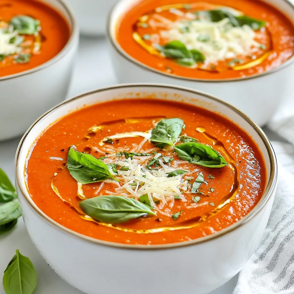 To make this creamy tomato basil soup, you will need: - 2 tablespoons olive oil - 1 medium onion, chopped - 2 cloves garlic, minced - 2 cans (15 oz each) crushed tomatoes - 2 cups vegetable broth - 1 teaspoon sugar (optional) - 1 teaspoon dried oregano - 1 teaspoon dried basil - ½ teaspoon salt - ¼ teaspoon black pepper - 1 cup heavy cream (or coconut cream for a dairy-free option) - ½ cup fresh basil leaves, chopped You can add a few items to make the soup your own. Consider: - Grated Parmesan cheese for serving - A pinch of red pepper flakes for heat - A splash of balsamic vinegar for tang - Chopped vegetables like carrots or celery for added nutrition I love how flexible this recipe is! Here are some swaps you can make: - Use a different oil like avocado oil instead of olive oil. - Replace heavy cream with coconut cream for a dairy-free choice. - If you don’t have crushed tomatoes, diced tomatoes work too. Just blend them longer. - For a low-sodium option, choose low-sodium vegetable broth. These simple swaps help you create a soup that fits your taste and needs. Enjoy experimenting! {{ingredient_image_1}} Start by turning your Instant Pot to the sauté mode. Once it gets hot, add 2 tablespoons of olive oil. Next, chop one medium onion and add it to the pot. Sauté the onion for about 3 to 4 minutes. You want it to turn translucent. Then, mince 2 cloves of garlic and add them. Sauté the garlic for one more minute until it smells great. Now it’s time to add the fun ingredients! Pour in 2 cans of crushed tomatoes and 2 cups of vegetable broth. If you like a touch of sweetness, add 1 teaspoon of sugar. Next, sprinkle in 1 teaspoon of dried oregano and 1 teaspoon of dried basil. Don’t forget to add ½ teaspoon of salt and ¼ teaspoon of black pepper to taste. Secure the lid on the Instant Pot. Set it to cook on high pressure for 10 minutes. Make sure the steam release valve is in the sealing position to keep the steam inside. When the cooking time is up, it’s time for a quick release of steam. Carefully open the lid, keeping it away from your face. Now, grab an immersion blender. Blend the soup until it’s nice and smooth. If you don’t have an immersion blender, you can carefully transfer it to a regular blender in batches. After blending, stir in 1 cup of heavy cream or coconut cream for a dairy-free option. Add ½ cup of chopped fresh basil leaves and mix well. Taste your soup and adjust the seasoning if needed. Now you’re ready to serve! Ladle the soup into bowls and consider garnishing with extra chopped basil and grated Parmesan cheese if you like. Enjoy your creamy tomato basil soup! For a smooth soup, use an immersion blender. It works great right in the pot. If you don’t have one, blend in batches in a regular blender. Be careful with hot soup! You can also add more cream for a richer texture. If you prefer a chunkier soup, blend only half. Taste is key! Add a pinch of sugar if your tomatoes taste too tart. Fresh herbs can boost flavor. Try adding a bit of thyme or rosemary. Lemon juice adds a nice zing too. Adjust salt and pepper to your liking. You can also add a splash of balsamic vinegar for depth. An Instant Pot makes this recipe easy and quick. An immersion blender saves time and mess. A good cutting board and sharp knife help with chopping. Measure cups and spoons are essential for accuracy. A ladle and serving bowls make serving simple and fun. Consider using a garlic press for mincing garlic quickly. Pro Tips Use Fresh Basil: Fresh basil adds vibrant flavor and aroma, enhancing the soup's overall taste. Add it at the end of cooking to preserve its freshness. Adjust Consistency: If you prefer a thicker soup, blend less or add a bit more heavy cream. For a thinner soup, add extra vegetable broth until desired consistency is reached. Flavor Boosting Sugar: A teaspoon of sugar can balance the acidity of the tomatoes, enhancing the soup's sweetness. Adjust to taste based on the tomatoes used. Garnish Wisely: Garnishing with Parmesan cheese and extra basil not only makes the soup visually appealing but also adds depth of flavor. Consider a drizzle of olive oil for an extra touch. {{image_2}} You can make this soup dairy-free by using coconut cream. Just replace the heavy cream with 1 cup of coconut cream. This swap gives the soup a rich, creamy texture. It also adds a light sweetness that pairs well with the tomatoes and basil. Coconut cream makes the dish smooth, while keeping it plant-based. You can boost the nutrition of this soup by adding vegetables or protein. Consider adding chopped carrots, celery, or bell peppers for extra flavor. You can also toss in cooked lentils or shredded chicken for protein. Just add them to the Instant Pot before blending. This helps create a heartier meal. If you like heat, try making a spicy version of this soup. Add red pepper flakes or diced jalapeños to the mix. You can add these spices when you sauté the onion and garlic. Adjust the amount to fit your taste. This fiery twist will give your creamy tomato basil soup a whole new kick! After you make this soup, let it cool. Pour any extras into an airtight container. Store it in the fridge for up to five days. Keep it away from strong-smelling foods. This helps to keep the flavors fresh. To reheat, pour the soup into a pot. Warm it over medium heat, stirring often. You can also use the microwave. Heat it in a bowl for about two minutes. Check that it is hot all the way through. You can freeze this soup for later. Use freezer-safe containers or bags. It will last for up to three months in the freezer. When you’re ready to eat, thaw it in the fridge overnight. Then reheat it on the stove or in the microwave. Enjoy your creamy tomato basil soup even when you are short on time! Yes, you can use fresh tomatoes! Start with about 10-12 ripe tomatoes. First, roast them to bring out their flavor. After roasting, peel and chop them. Use them in place of canned crushed tomatoes. This adds freshness and a unique taste to your soup. The soup will last about 3 to 5 days in the fridge. Store it in an airtight container. Make sure it cools down before sealing. This keeps it fresh and safe to eat later. Absolutely! To make this soup vegan, swap heavy cream for coconut cream. Ensure the vegetable broth is free from animal products. This way, you enjoy a creamy soup without any dairy. In this blog post, we covered how to make a delicious soup. We discussed the key ingredients, including options for customization. You learned step-by-step instructions for preparing and cooking your soup in the Instant Pot. We shared tips to improve texture and flavor and explored variations for different tastes. I also gave storage info and answers to common questions. Now, you have everything you need to enjoy tasty, homemade soup. Get cooking and have fun!