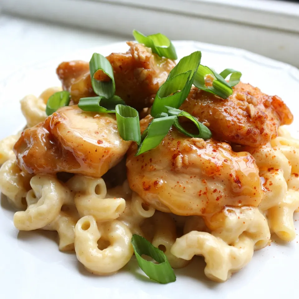 For Honey Garlic Butter Chicken Mac and Cheese, gather these items: - 2 cups macaroni pasta - 1 lb chicken breast, diced - 3 tablespoons butter - 4 cloves garlic, minced - ½ cup honey - 1 cup heavy cream - 2 cups shredded sharp cheddar cheese - 1 teaspoon salt - ½ teaspoon black pepper - ½ teaspoon smoked paprika - ¼ cup green onions, sliced (for garnish) Using fresh ingredients makes this dish shine. Fresh garlic gives a strong flavor. Choose sharp cheddar for a richer taste. Make sure your chicken is fresh for the best texture. Honey adds sweetness that balances the savory flavors. Always taste as you go to adjust seasoning. If you don’t have macaroni, use any pasta shape you like. Chicken thighs can replace breast for more flavor. Try using olive oil instead of butter for a lighter option. You can swap honey for maple syrup for a different sweetness. For a vegan twist, use plant-based cheese and cream. {{ingredient_image_1}} Start by boiling water in a large pot. Add 2 cups of macaroni pasta. Cook it as the package says until it's al dente. This means it should still have a slight bite. Once done, drain the pasta in a colander and set it aside. In a large skillet, melt 2 tablespoons of butter over medium heat. Add 1 pound of diced chicken breast. Season it with 1 teaspoon of salt, ½ teaspoon of black pepper, and ½ teaspoon of smoked paprika. Cook the chicken until it turns golden brown, about 5 to 7 minutes. This step is key for flavor. Next, lower the heat and add 4 minced garlic cloves. Cook for another 1 to 2 minutes until the garlic smells sweet. Be careful not to burn it. Now pour in ½ cup of honey. Stir well until the chicken is coated and the honey caramelizes, about 2 minutes. In a separate saucepan, combine 1 cup of heavy cream and the remaining 1 tablespoon of butter. Heat this over medium heat until warm. Gradually stir in 2 cups of shredded sharp cheddar cheese. Keep stirring until the cheese melts and the sauce is smooth. This cheese sauce will make your dish creamy and rich. Mix the cooked macaroni into the cheese sauce. Make sure every piece is coated well. Now, fold in the honey garlic chicken mixture. Stir gently until everything is combined. Taste the dish and adjust the seasoning if needed. Serve it right away, topped with sliced green onions for a fresh touch. Enjoy your meal! This dish takes 15 minutes to prep. You will need about 15 minutes to cook too. In total, you can make this meal in just 30 minutes. It’s quick and easy, perfect for busy days. This recipe makes 4 servings. Each serving has plenty of creamy mac and cheese, plus tender chicken. If you have a big family, you may want to double the recipe. It’s always nice to have leftovers! Honey garlic butter chicken mac and cheese pairs well with a simple salad. A green salad with a light vinaigrette balances the rich flavors. You can also serve it with garlic bread for extra comfort. If you want some crunch, add steamed broccoli or roasted veggies on the side. Enjoy your meal! Pro Tips Cook Pasta Al Dente: This ensures that the macaroni has a firm texture and won't become mushy when mixed with the cheese sauce. Use Fresh Garlic: Freshly minced garlic adds a more robust flavor compared to pre-minced garlic, enhancing the dish's overall taste. Adjust Honey to Taste: Depending on your preference for sweetness, you can add more or less honey to balance the savory and sweet flavors in the dish. Garnish for Color: Adding sliced green onions not only enhances the presentation but also adds a fresh, crunchy texture that complements the creamy mac and cheese. {{image_2}} One common mistake is overcooking the macaroni. Always aim for al dente pasta. This keeps it firm and holds the sauce well. Another mistake is burning the garlic. Add it after the chicken cooks and keep an eye on it. Garlic can turn bitter if burned. Finally, don’t forget to taste your dish. Adjust the salt and pepper before serving. For a creamy mac and cheese, use heavy cream. It makes the sauce rich and smooth. Stir the cheese in slowly. This helps it melt evenly and avoids clumps. If your sauce is too thick, add a splash of milk. This will help loosen it up. Mixing the pasta in while the sauce is warm also helps coat each piece well. Seasonings can elevate your dish. Smoked paprika adds a nice depth of flavor. You can also add a pinch of cayenne for a bit of heat. Fresh herbs like thyme or parsley can brighten the dish, too. For an extra touch, try a splash of lemon juice before serving. This will balance the sweetness of the honey and make the flavors pop. You can make this dish even better by adding vegetables. Try adding spinach or broccoli. Both add color and nutrients. You can also use peas or bell peppers. Just cook them with the chicken for a few minutes. This helps them stay crisp. They add a nice crunch to your creamy mac and cheese. Cheese can change the taste of your dish. While sharp cheddar is great, you can try others. Monterey Jack adds a creamy texture. Gouda gives a smoky flavor. You could even use mozzarella for a stretchy, gooey effect. Mix different cheeses for a fun taste. Just make sure to use about two cups in total. If you like heat, add some spice! A pinch of red pepper flakes can give a kick. You could also use hot sauce in the honey mix. For a milder dish, skip the spices. This way, everyone can enjoy it. Adjusting spice levels makes this dish yours. You can make this dish ahead of time. Cook the macaroni and chicken. Prepare the cheese sauce separately. Mix everything together just before serving. Store it in the fridge for up to two days. When ready, reheat it until hot. Yes, you can use leftover chicken. It saves time and adds great flavor. Just cut the chicken into bite-sized pieces and add it to the dish. Skip the cooking step and mix it directly into the cheese sauce. Store the mac and cheese in an airtight container. It lasts in the fridge for about three days. To reheat, place it in a pot over low heat. Add a splash of milk or cream for creaminess. Stir until everything is hot. If you need a substitute for heavy cream, use whole milk or half-and-half. You can also use a mix of milk and butter. This keeps the dish creamy without heavy cream. Yes, this dish is great for meal prep. You can portion it into containers for easy meals. It reheats well, making it a quick lunch or dinner option. Just remember to store it correctly for the best taste. This blog post covered the key ingredients, step-by-step cooking, and serving tips. You learned how to create a tasty Honey Garlic Butter Chicken Mac and Cheese. Remember to avoid common mistakes for the best results. Experiment with flavors and variations to suit your taste. Whether you add veggies or change the cheese, feel free to customize. With this dish, you can enjoy a delicious meal any night of the week. Happy cooking!