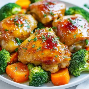 - 4 boneless, skinless chicken thighs - ¼ cup honey - ¼ cup low sodium soy sauce - 4 cloves garlic, minced - 1 tablespoon fresh ginger, grated - 1 tablespoon olive oil - 1 teaspoon black pepper - ½ teaspoon salt - 2 cups broccoli florets - 1 cup baby carrots - 1 red bell pepper, sliced - Fresh parsley for garnish (optional) To make Sheet Pan Honey Garlic Chicken, you need some key ingredients. First, grab four chicken thighs. I like boneless and skinless for easy cooking. Next, you will need honey and low sodium soy sauce. These make the sweet and salty sauce. For flavor, add minced garlic and fresh ginger. The ginger gives a nice kick. Don't forget olive oil, black pepper, and salt. These help make the dish tasty. Now, for the veggies! Use two cups of broccoli florets for a bright color and crunch. One cup of baby carrots adds sweetness. Finally, slice one red bell pepper to add more flavor and color. You can use fresh parsley on top for a pretty finish. Having all these ingredients ready makes cooking fun and simple! {{ingredient_image_1}} 1. Preheat the oven Set your oven to 400°F (200°C). This helps cook the chicken and veggies well. 2. Prepare the honey garlic sauce In a bowl, mix together: - ¼ cup honey - ¼ cup low sodium soy sauce - 4 minced garlic cloves - 1 tablespoon grated ginger - 1 tablespoon olive oil - 1 teaspoon black pepper - ½ teaspoon salt Whisk until smooth. 3. Arrange chicken and vegetables on the sheet pan Line a large sheet pan with parchment paper. Place the chicken thighs on one side. Pour half the honey garlic sauce over the chicken. On the other side, add: - 2 cups broccoli florets - 1 cup baby carrots - 1 sliced red bell pepper Drizzle the remaining sauce over the veggies. Toss them to coat. 4. Bake chicken and vegetables Bake for 25-30 minutes. The chicken should reach 165°F (75°C). The veggies will be tender. 5. Optional broiling for extra glaze For a tasty finish, broil for 2-3 minutes. This gives the dish a nice glaze and slightly charred edges. Enjoy your easy family meal of sheet pan honey garlic chicken! To ensure even cooking, cut chicken thighs to the same size. This helps them cook at the same rate. Spread the chicken and veggies out on the pan without crowding. This allows heat to flow around them. To check for doneness, use a meat thermometer. Insert it into the thickest part of the chicken. The safe internal temperature is 165°F (75°C). If you don’t have a thermometer, cut one thigh open. The meat should be clear, not pink. If you want a change from chicken, use firm tofu or shrimp. Both will soak up the honey garlic sauce well. For vegetables, you can swap or add many options. Zucchini, snap peas, or bell peppers work great. Just make sure they are cut to a similar size. This keeps everything cooking evenly. Pro Tips Marinate for Extra Flavor: For an even richer taste, consider marinating the chicken in the honey garlic mixture for 30 minutes to a few hours before cooking. This allows the flavors to penetrate the meat more deeply. Use Fresh Ingredients: Fresh garlic and ginger will significantly enhance the flavor of your dish. Dried or powdered versions can be used in a pinch, but fresh will always yield better results. Customize Your Veggies: Feel free to swap in your favorite vegetables! Snap peas, zucchini, or asparagus would also work wonderfully and add variety to the dish. Check for Doneness: Ensure the chicken is cooked through by checking that the internal temperature reaches 165°F (75°C). Using a meat thermometer can help you avoid undercooking or overcooking. {{image_2}} For a sweet and spicy version, add red pepper flakes to the sauce. This simple change brings heat and depth. You can also use honey sriracha for a quick twist. This mix gives a nice balance of sweet and fiery flavors. If you need a soy-free option, use coconut aminos instead of soy sauce. This swap keeps the dish savory while being gluten-free. You can also try tamari for a similar taste without soy. For side dish pairings, I recommend jasmine rice or quinoa. These grains soak up the sauce well. You can also serve a fresh salad with a light dressing. A green salad adds crunch and a nice contrast. In terms of serving styles, you can plate the chicken and veggies family-style. This method lets everyone help themselves. Alternatively, serve individual plates for a more elegant touch. Either way, the dish looks great and tastes even better! To store leftover honey garlic chicken, let it cool first. Place the chicken and veggies in an airtight container. Make sure to separate the chicken from the veggies if you want to keep them crispy. Store in the fridge for up to three days. For reheating, use the oven or a microwave. If using the oven, preheat it to 350°F (175°C). Heat for about 15 minutes or until warm. If using a microwave, place on a microwave-safe plate and heat for 2-3 minutes. You can freeze cooked chicken and vegetables for later use. Let them cool completely. Place the chicken and veggies in a freezer bag. Remove as much air as possible before sealing. This helps to prevent freezer burn. Label the bag with the date. You can freeze it for up to three months. To thaw, place the bag in the fridge overnight. Reheat as mentioned above when you’re ready to enjoy it again. It takes about 25 to 30 minutes to cook. You should preheat the oven to 400°F (200°C). Bake until the chicken reaches 165°F (75°C). The veggies should be tender. If you like a nice glaze, you can broil for 2 to 3 minutes at the end. Yes, you can use bone-in chicken thighs. Just remember they may take a little longer to cook. You should check the internal temperature to ensure it reaches 165°F (75°C) before serving. Adjust the baking time to about 35 to 40 minutes for bone-in thighs. You can add many veggies to this dish. Great options include: - Cauliflower - Green beans - Zucchini - Asparagus You can mix and match your favorites. Just keep cooking times in mind, so all veggies cook well together. In this article, we walked through how to make sheet pan honey garlic chicken. We covered the ingredients, steps for preparation and cooking, and shared helpful tips. You learned about flavor variations, serving suggestions, and storage methods. Now, you can easily create a tasty meal while saving time. Enjoy cooking and make it your own with different ingredients. Keep experimenting for fun meals that your whole family can enjoy!