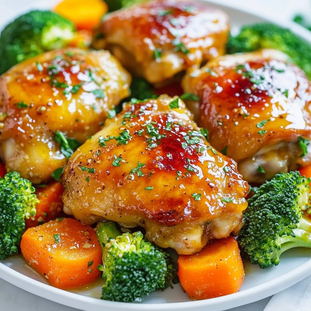 - 4 boneless, skinless chicken thighs - ¼ cup honey - ¼ cup low sodium soy sauce - 4 cloves garlic, minced - 1 tablespoon fresh ginger, grated - 1 tablespoon olive oil - 1 teaspoon black pepper - ½ teaspoon salt - 2 cups broccoli florets - 1 cup baby carrots - 1 red bell pepper, sliced - Fresh parsley for garnish (optional) To make Sheet Pan Honey Garlic Chicken, you need some key ingredients. First, grab four chicken thighs. I like boneless and skinless for easy cooking. Next, you will need honey and low sodium soy sauce. These make the sweet and salty sauce. For flavor, add minced garlic and fresh ginger. The ginger gives a nice kick. Don't forget olive oil, black pepper, and salt. These help make the dish tasty. Now, for the veggies! Use two cups of broccoli florets for a bright color and crunch. One cup of baby carrots adds sweetness. Finally, slice one red bell pepper to add more flavor and color. You can use fresh parsley on top for a pretty finish. Having all these ingredients ready makes cooking fun and simple! {{ingredient_image_1}} 1. Preheat the oven Set your oven to 400°F (200°C). This helps cook the chicken and veggies well. 2. Prepare the honey garlic sauce In a bowl, mix together: - ¼ cup honey - ¼ cup low sodium soy sauce - 4 minced garlic cloves - 1 tablespoon grated ginger - 1 tablespoon olive oil - 1 teaspoon black pepper - ½ teaspoon salt Whisk until smooth. 3. Arrange chicken and vegetables on the sheet pan Line a large sheet pan with parchment paper. Place the chicken thighs on one side. Pour half the honey garlic sauce over the chicken. On the other side, add: - 2 cups broccoli florets - 1 cup baby carrots - 1 sliced red bell pepper Drizzle the remaining sauce over the veggies. Toss them to coat. 4. Bake chicken and vegetables Bake for 25-30 minutes. The chicken should reach 165°F (75°C). The veggies will be tender. 5. Optional broiling for extra glaze For a tasty finish, broil for 2-3 minutes. This gives the dish a nice glaze and slightly charred edges. Enjoy your easy family meal of sheet pan honey garlic chicken! To ensure even cooking, cut chicken thighs to the same size. This helps them cook at the same rate. Spread the chicken and veggies out on the pan without crowding. This allows heat to flow around them. To check for doneness, use a meat thermometer. Insert it into the thickest part of the chicken. The safe internal temperature is 165°F (75°C). If you don’t have a thermometer, cut one thigh open. The meat should be clear, not pink. If you want a change from chicken, use firm tofu or shrimp. Both will soak up the honey garlic sauce well. For vegetables, you can swap or add many options. Zucchini, snap peas, or bell peppers work great. Just make sure they are cut to a similar size. This keeps everything cooking evenly. Pro Tips Marinate for Extra Flavor: For an even richer taste, consider marinating the chicken in the honey garlic mixture for 30 minutes to a few hours before cooking. This allows the flavors to penetrate the meat more deeply. Use Fresh Ingredients: Fresh garlic and ginger will significantly enhance the flavor of your dish. Dried or powdered versions can be used in a pinch, but fresh will always yield better results. Customize Your Veggies: Feel free to swap in your favorite vegetables! Snap peas, zucchini, or asparagus would also work wonderfully and add variety to the dish. Check for Doneness: Ensure the chicken is cooked through by checking that the internal temperature reaches 165°F (75°C). Using a meat thermometer can help you avoid undercooking or overcooking. {{image_2}} For a sweet and spicy version, add red pepper flakes to the sauce. This simple change brings heat and depth. You can also use honey sriracha for a quick twist. This mix gives a nice balance of sweet and fiery flavors. If you need a soy-free option, use coconut aminos instead of soy sauce. This swap keeps the dish savory while being gluten-free. You can also try tamari for a similar taste without soy. For side dish pairings, I recommend jasmine rice or quinoa. These grains soak up the sauce well. You can also serve a fresh salad with a light dressing. A green salad adds crunch and a nice contrast. In terms of serving styles, you can plate the chicken and veggies family-style. This method lets everyone help themselves. Alternatively, serve individual plates for a more elegant touch. Either way, the dish looks great and tastes even better! To store leftover honey garlic chicken, let it cool first. Place the chicken and veggies in an airtight container. Make sure to separate the chicken from the veggies if you want to keep them crispy. Store in the fridge for up to three days. For reheating, use the oven or a microwave. If using the oven, preheat it to 350°F (175°C). Heat for about 15 minutes or until warm. If using a microwave, place on a microwave-safe plate and heat for 2-3 minutes. You can freeze cooked chicken and vegetables for later use. Let them cool completely. Place the chicken and veggies in a freezer bag. Remove as much air as possible before sealing. This helps to prevent freezer burn. Label the bag with the date. You can freeze it for up to three months. To thaw, place the bag in the fridge overnight. Reheat as mentioned above when you’re ready to enjoy it again. It takes about 25 to 30 minutes to cook. You should preheat the oven to 400°F (200°C). Bake until the chicken reaches 165°F (75°C). The veggies should be tender. If you like a nice glaze, you can broil for 2 to 3 minutes at the end. Yes, you can use bone-in chicken thighs. Just remember they may take a little longer to cook. You should check the internal temperature to ensure it reaches 165°F (75°C) before serving. Adjust the baking time to about 35 to 40 minutes for bone-in thighs. You can add many veggies to this dish. Great options include: - Cauliflower - Green beans - Zucchini - Asparagus You can mix and match your favorites. Just keep cooking times in mind, so all veggies cook well together. In this article, we walked through how to make sheet pan honey garlic chicken. We covered the ingredients, steps for preparation and cooking, and shared helpful tips. You learned about flavor variations, serving suggestions, and storage methods. Now, you can easily create a tasty meal while saving time. Enjoy cooking and make it your own with different ingredients. Keep experimenting for fun meals that your whole family can enjoy!