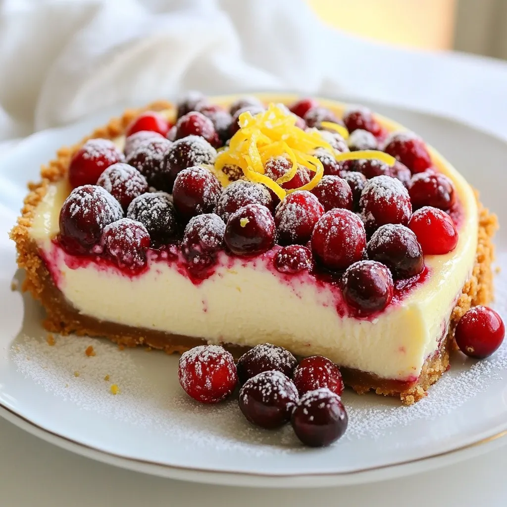 - 1 ½ cups graham cracker crumbs - ½ cup unsalted butter, melted - 2 cups cream cheese, softened - 1 cup granulated sugar - 1 teaspoon vanilla extract - 1 cup sour cream - 3 large eggs - 1 ½ cups fresh cranberries - ½ cup powdered sugar - 1 tablespoon lemon juice - Zest of 1 lemon Cream cheese gives the cheesecake its rich, creamy texture. Make sure it’s softened for easy mixing. Sour cream adds a tangy flavor and keeps it moist. The fresh cranberries provide a burst of tartness, balancing the sweetness well. The graham cracker crumbs form a crunchy crust. Use unsalted butter for the best taste, as it lets the other flavors shine. For cream cheese, brands like Philadelphia or Kite Hill work well. If you prefer a lighter option, try Neufchâtel cheese. For sour cream, Daisy is a great choice, but Greek yogurt can be a good substitute. If fresh cranberries are not available, you can use frozen ones. Just remember to thaw and drain them before use. {{ingredient_image_1}} Making creamy cranberry cheesecake is fun and easy. You will need a few simple steps. Start by gathering all your ingredients. This makes the process smooth and quick. You can set aside about 20 minutes for prep. First, preheat your oven to 325°F (160°C). In a medium bowl, mix 1 ½ cups of graham cracker crumbs with ½ cup of melted butter. Stir well until it looks like wet sand. Next, press this mixture firmly into the bottom of a 9-inch springform pan. This creates a nice crust. Bake it in the oven for 10 minutes. Keep an eye on it; you want it to be lightly golden. Once done, take it out and let it cool. Now, let’s make the cheesecake filling. In a large bowl, beat 2 cups of softened cream cheese with 1 cup of granulated sugar. Use an electric mixer for a smooth texture. Add 1 teaspoon of vanilla extract and 1 cup of sour cream. Mix until everything is blended well. Then, add 3 large eggs one at a time. Mix gently after each egg. Avoid overmixing to keep the cheesecake light. In another bowl, toss 1 ½ cups of fresh cranberries with ½ cup of powdered sugar, 1 tablespoon of lemon juice, and the zest of 1 lemon. This adds brightness to the cheesecake. Fold the cranberries into your cheesecake batter carefully. Pour the batter over the cooled crust. Bake it for 55-65 minutes. Look for the edges to set with a slight jiggle in the center. When done, turn off the oven but leave the cheesecake inside with the door slightly open for an hour. This helps prevent cracks. After it cools, refrigerate the cheesecake for at least 4 hours, or overnight if you can wait. Before serving, add extra cranberries or a sprinkle of powdered sugar for a lovely touch. Enjoy! To get a smooth cheesecake, use soft cream cheese. Let it sit out for 30 minutes before mixing. Beat it until creamy. Add the sugar slowly while mixing. This keeps air out and helps avoid cracks. Always mix on low speed to keep it thick and rich. To prevent cracks, bake your cheesecake in a water bath. Wrap your springform pan in foil to avoid leaks. Place the pan in a larger dish filled with hot water. This helps keep the temperature even. After baking, turn off the oven and leave the door slightly open. Let it cool slowly for an hour. This helps set the cheesecake without cracks. For a beautiful finish, top your cheesecake with more cranberries. A light dusting of powdered sugar adds a nice touch. You can also drizzle some lemon juice over the top. Serve slices on dessert plates with a fork. This makes a lovely and elegant dessert for any gathering. Pro Tips Use Room Temperature Ingredients: Ensure that your cream cheese and eggs are at room temperature before mixing. This helps achieve a smoother and creamier cheesecake batter. Don’t Overmix: When adding the eggs, mix just until combined. Overmixing can introduce air into the batter, leading to cracks during baking. Cooling Process: Letting the cheesecake cool in the oven with the door ajar helps prevent sudden temperature changes that can cause cracking. Chill Overnight: For the best texture and flavor, refrigerate your cheesecake overnight. This allows the flavors to meld and the cheesecake to set perfectly. {{image_2}} You can switch cranberries for other fruits. Raspberries bring a tart kick. Blueberries add sweetness and color. Strawberries can also work well. Each fruit adds a unique taste and look. Try mixing fruits for a fun twist. Just remember to adjust sugar based on the fruit's sweetness. You can easily change the sweetness of your cheesecake. If you like it sweeter, add more sugar. Start with an extra ¼ cup and taste the batter. You can also use honey or maple syrup as sweeteners. For less sweetness, cut back on sugar. Remember, the fresh fruit will also add its own sweetness. If you need a gluten-free option, use gluten-free graham crackers. You can also use almond flour or crushed nuts for the crust. For a dairy-free cheesecake, swap cream cheese for a vegan alternative. Coconut cream can replace sour cream too. Adjust eggs with flaxseed or chia seeds for a vegan option. Each change gives a different flavor and texture. To keep your creamy cranberry cheesecake fresh, cover it well. Use plastic wrap or aluminum foil. You can also place it in an airtight container. Store it in the fridge. It will stay tasty for about 4 to 5 days. Enjoy it cold or let it sit at room temperature for a bit before serving. If you want to enjoy this cheesecake later, freezing is a great option. First, let the cheesecake cool completely. After that, wrap it tightly in plastic wrap. Then, add a layer of aluminum foil for extra protection. This will keep it fresh for about 2 to 3 months. Remember to label it with the date! When you are ready to eat your frozen cheesecake, take it out of the freezer. Place it in the fridge to thaw slowly. This can take around 6 to 8 hours or overnight. Avoid thawing it at room temperature, as it can get too soft. Once thawed, enjoy your cheesecake as if it was just made! The cheesecake needs at least four hours to set in the fridge. For best results, let it chill overnight. This time allows it to firm up and develop great flavor. If you skip this step, the texture may be too soft. You want it to be creamy but firm enough to slice easily. Yes, you can make this cheesecake a day or two in advance. This gives the flavors more time to blend. Just cover it well with plastic wrap after it cools. It stays fresh in the fridge, making it perfect for parties or special occasions. Serve the cheesecake chilled for the best taste. You can add fresh cranberries or a dusting of powdered sugar on top. This adds color and a little extra sweetness. Slice it into pieces and enjoy it with friends and family. A dollop of whipped cream on the side is also a nice touch! Making a great cheesecake is both fun and rewarding. We explored ingredient choices, from brands to key notes. I showed you step-by-step how to bake the crust and prepare the filling. You learned tips for a smooth texture and how to avoid cracks. Plus, we looked at tasty variations and storage tips to keep your cheesecake fresh. Use these ideas to impress friends and family with your cheesecake skills. Enjoy your delicious creation!