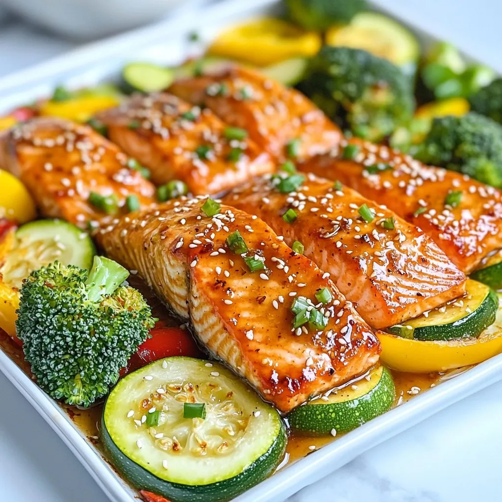 - 4 salmon fillets - ¼ cup honey - 3 tablespoons low-sodium soy sauce - 1 medium zucchini, sliced into half-moons - 1 bell pepper (any color), sliced - 1 cup broccoli florets - 3 cloves garlic, minced - 1 tablespoon fresh ginger, grated - 1 tablespoon sesame oil - 2 tablespoons olive oil - Salt and pepper to taste - Sesame seeds and chopped green onions for garnish When choosing salmon, look for fresh fillets with vibrant color. Wild-caught salmon often has a richer taste. Honey adds a sweet touch to the dish. It balances the saltiness of the soy sauce. Low-sodium soy sauce is great for keeping the meal healthy. For the veggies, feel free to mix and match. Zucchini, bell peppers, and broccoli work well together. They add color and crunch to the dish. The garlic and ginger bring a punch of flavor. Sesame oil adds a nice nutty taste. Gather all your ingredients. This makes it easy to prepare. Cooking should be fun, not stressful! {{ingredient_image_1}} - Preheat your oven to 400°F (200°C). - Line a large sheet pan with parchment paper. This makes cleanup easy. Next, you will prepare the marinade. - In a mixing bowl, whisk together ¼ cup honey, 3 tablespoons low-sodium soy sauce, 3 minced garlic cloves, 1 tablespoon grated ginger, and 1 tablespoon sesame oil. This mix gives the salmon its sweet and savory flavor. - Place 4 salmon fillets on the prepared sheet pan. - Drizzle half of the honey garlic marinade over the fillets. Make sure they are well coated. - Let the salmon marinate for about 10-15 minutes. This time allows the flavors to soak in while you prep the vegetables. - In a separate bowl, toss 1 medium zucchini (sliced into half-moons), 1 sliced bell pepper, and 1 cup broccoli florets with 2 tablespoons olive oil, salt, and pepper. - Spread the vegetables around the salmon on the sheet pan. This way, they cook evenly. - Drizzle any remaining marinade over the vegetables for extra flavor. - Place the sheet pan in the oven and bake for about 15-20 minutes. - Check the salmon for doneness; it should flake easily with a fork. The vegetables should be tender-crisp. Once done, take the sheet pan out and enjoy the meal. To ensure even cooking, start by preheating your oven to 400°F (200°C). This temperature helps the salmon cook just right. Arrange the salmon fillets in the center of the sheet pan. Place the veggies around them to allow heat to circulate. This way, everything cooks together nicely. For perfect salmon flakes, check the salmon after 15 minutes. Use a fork to gently poke it. If it flakes easily, it is done. If not, let it bake a few minutes longer. Keep a close eye on it to avoid overcooking. Marinating the salmon is key to great flavor. A 10-15 minute marinating time works best. This allows the honey, garlic, and ginger to soak into the fish. If you have extra time, you can marinate for up to an hour for an even richer taste. Using extra garnishes can take your dish to the next level. Sprinkle sesame seeds and chopped green onions just before serving. They add both crunch and color, making your meal look more inviting. Choosing the right sheet pan is important. A large, sturdy sheet pan works best for this recipe. Look for one that can hold all your ingredients without crowding. This helps with even cooking. For mixing your marinade, a medium mixing bowl is ideal. It should be big enough to whisk the ingredients easily. A silicone spatula comes in handy for coating the salmon and veggies thoroughly. Pro Tips Marinate for Maximum Flavor: Allow the salmon to marinate for at least 15 minutes, or even up to an hour in the refrigerator, to soak up the delicious honey garlic flavors. Vegetable Variations: Feel free to swap in your favorite seasonal vegetables like asparagus, carrots, or snap peas for a personalized touch. Watch the Cooking Time: Keep an eye on the salmon; it cooks quickly! Check for doneness at the 15-minute mark to prevent overcooking. Garnish for Presentation: Don’t skip the sesame seeds and green onions! They add a beautiful crunch and vibrant color to your dish. {{image_2}} You can switch out salmon for other fish. Try using cod or trout for a new taste. Both cook well and soak up the flavors. For veggies, you have options! Asparagus, carrots, or green beans work great. These choices add color and crunch to your dish. If you need gluten-free options, use tamari instead of soy sauce. It gives the same flavor without gluten. For low-calorie options, reduce the honey by half. You can also use less olive oil. This way, you keep the taste while cutting calories. Want to add some spice? You can mix in red pepper flakes or chili powder. This gives your dish a nice kick. For a sweet and spicy twist, add sriracha to the marinade. It creates a balance between heat and sweetness. Experiment and find your favorite flavor combo! After cooking your sheet pan honey garlic salmon, let it cool to room temperature. Place the salmon and veggies in an airtight container. This keeps them fresh and prevents odors from soaking in. For the best results, use glass or BPA-free plastic containers. They seal well and are easy to clean. Store your leftovers in the fridge for up to three days. If you want to keep your salmon for longer, freezing is a great option. Wrap the salmon and veggies tightly in plastic wrap or aluminum foil. Place them in a freezer-safe bag. Remove as much air as possible to avoid freezer burn. To reheat, let the salmon and vegetables thaw overnight in the fridge. Preheat your oven to 350°F (175°C). Place the salmon and veggies on a baking sheet and heat for about 15 minutes. Check to make sure everything is hot and ready to eat. In the fridge, your cooked salmon lasts about three days. If you freeze it, expect it to stay good for about three months. Always check for signs of spoilage before eating. If it smells off or looks unusual, it’s best to throw it away. Bake salmon for 15-20 minutes at 400°F (200°C). This time works well to cook the fish through without drying it out. You want the salmon to flake easily with a fork. Always check for doneness, as oven times may vary. Thicker fillets may need a bit more time, while thinner pieces cook faster. Yes, you can use frozen salmon! Just remember to thaw it first. You can do this by placing it in the fridge overnight. If you're in a hurry, seal the salmon in a bag and run it under cold water for about 30 minutes. Once thawed, follow the same marinating and baking steps. Honey garlic salmon tastes great with many sides! Here are some tasty options: - Rice: Jasmine or brown rice works well. - Quinoa: A healthy grain that adds texture. - Roasted veggies: Carrots or asparagus complement the dish nicely. - Salad: A fresh green salad adds crunch and color. If you want to avoid sugar, you have a few great options. Use maple syrup for a similar sweetness. Agave nectar is another good choice. You can even try coconut sugar, though it may change the flavor a bit. Just keep in mind that each option has a unique taste! We've covered how to prepare a tasty honey garlic salmon dish. We discussed the key ingredients like salmon, vegetables, and flavor enhancers. I shared step-by-step instructions on marinating and baking. You learned tips for optimal cooking and variations to suit your taste. Remember, you can store leftovers well, too. Try this recipe for a healthy and delicious meal. Enjoy the flavors and the ease of preparation!