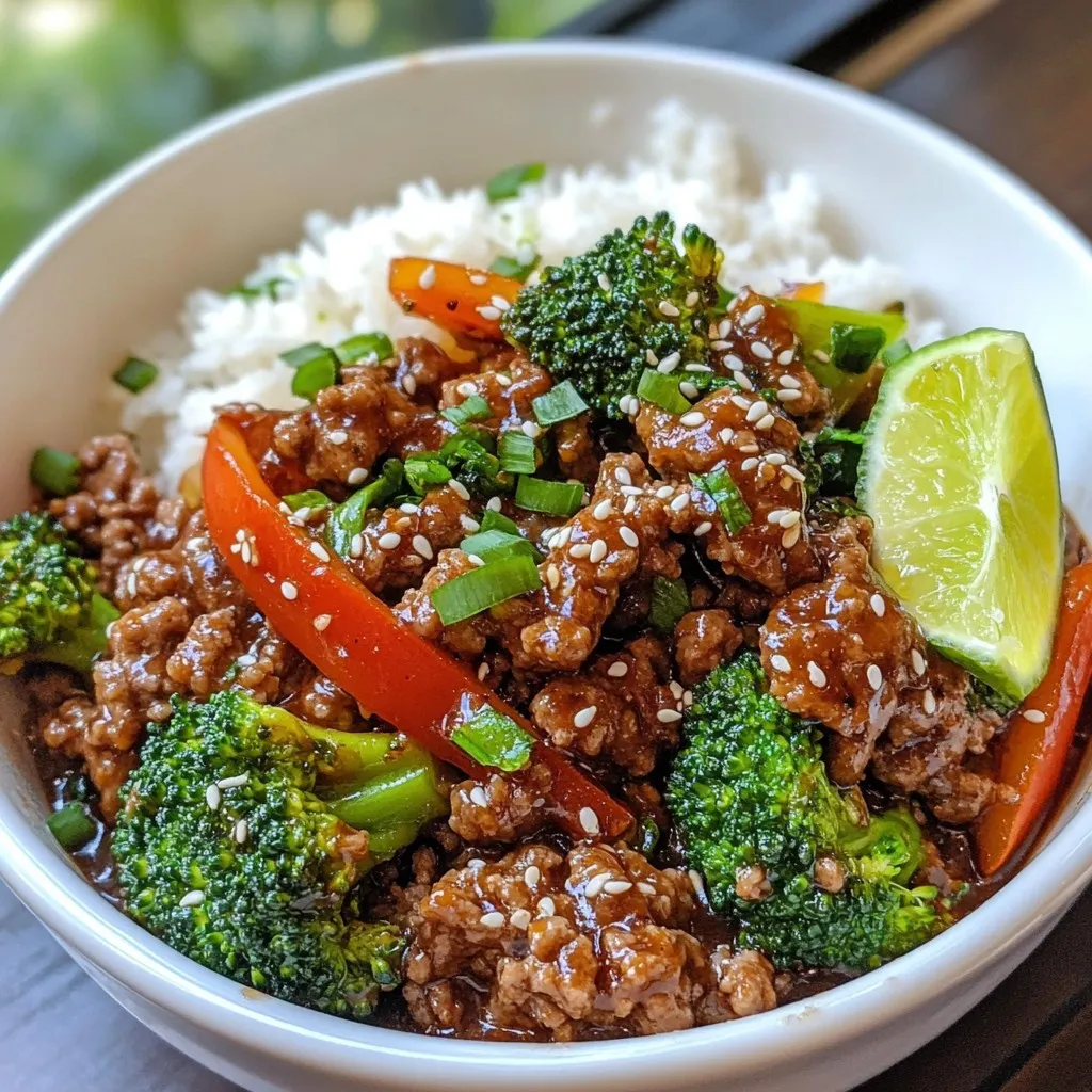 - 1 pound ground beef - 3 cups broccoli florets - 1 red bell pepper, sliced - ¼ cup soy sauce (low sodium) - 2 tablespoons sesame oil - 1 tablespoon honey - Sesame seeds - Chopped green onions - Lime wedges Ground beef and broccoli make a simple and tasty meal. You start with ground beef, which gives a hearty base. Next, add fresh broccoli florets. These add color and crunch to your dish. You can also throw in a sliced red bell pepper for sweetness. For flavor, use low-sodium soy sauce. This gives umami without too much salt. Add sesame oil for a nutty taste. A touch of honey adds a hint of sweetness. These seasonings work well together. If you want to dress up your dish, consider optional garnishes. Sesame seeds add a nice crunch. Chopped green onions bring freshness. A lime wedge adds a zesty kick when squeezed on top. Each ingredient plays a role in making this meal satisfying and full of flavor. {{ingredient_image_1}} - Mince the garlic. - Grate the ginger. - Slice the bell pepper. Start by prepping your ingredients. Mince three cloves of garlic. Use a grater for one inch of fresh ginger. Slice one red bell pepper into thin strips. This prep helps the dish cook evenly and adds great flavor. - Heat sesame oil in skillet. - Add garlic and ginger. Heat two tablespoons of sesame oil in a large skillet over medium-high heat. Once the oil is hot, add the minced garlic and grated ginger. Sauté for one to two minutes, until fragrant. This step builds a flavorful base for your dish. - Add ground beef to skillet. - Break apart and brown. Add one pound of ground beef to the skillet. Use a spatula to break it apart. Cook for about five to seven minutes until the beef is browned and cooked through. Drain any extra fat if needed. This keeps your dish lean and healthy. - Stir in broccoli and bell pepper. - Cook until broccoli is tender. Now, stir in three cups of broccoli florets and your sliced red bell pepper. Cook for four to five minutes. You want the broccoli to be tender but still bright green. This adds color and crunch to your meal. - Combine soy sauce, honey, and cornstarch slurry. - Pour over beef and veggies. In a bowl, mix together ¼ cup of low-sodium soy sauce, one tablespoon of honey, and a cornstarch slurry made from one tablespoon of cornstarch mixed with two tablespoons of water. Pour this mixture over the beef and vegetables. This sauce brings all the flavors together. - Thicken sauce and season. - Serve with rice or quinoa. Let the sauce cook for another two to three minutes until it thickens. Season with salt and pepper to taste. Serve your beef and broccoli hot over cooked rice or quinoa. This meal is simple yet packed with flavor. - Browning ground beef tips: Start with a hot skillet. Use medium-high heat for best results. Break the beef apart with a spatula. Cook until it is a rich brown color. This adds great flavor. - Cooking broccoli for optimal texture: Add broccoli when the beef is almost done. Cook it for just 4-5 minutes. You want it tender but still bright green. This keeps it crunchy and fresh. - Suggested spices to add: Try adding black pepper or crushed red pepper. A pinch of garlic powder also works well. These spices elevate the taste and give it a kick. - Using different sauces or marinades: Soy sauce is a classic, but you can mix things up. Try teriyaki or oyster sauce for a different vibe. Add honey for sweetness or chili sauce for heat. - Serving suggestions for visual appeal: Serve the dish in shallow bowls. This makes it look nice and inviting. A scoop of rice or quinoa underneath adds depth to the meal. - Garnishing tips for added flavor and color: Sprinkle sesame seeds on top for crunch. Chopped green onions add a pop of color. A lime wedge on the side gives a fresh zest. Pro Tips Use Fresh Ingredients: Fresh broccoli and vibrant bell peppers enhance the flavor and texture of the dish. Look for firm, bright-colored vegetables for the best results. Adjust the Spice Level: If you enjoy a bit of heat, consider adding red pepper flakes or a dash of sriracha to the sauce for an extra kick. Make it a Meal Prep Favorite: This dish stores well in the fridge for up to 3 days. Prepare it in advance for quick lunches or dinners throughout the week. Experiment with Proteins: Feel free to substitute ground beef with ground turkey, chicken, or a plant-based alternative for a different flavor profile while keeping it healthy. {{image_2}} You can change the meat in this dish. Try using turkey or chicken instead of ground beef. These options make the meal lighter. You can also add other veggies. Carrots or snap peas work well. They add sweetness and crunch to the dish. If you need gluten-free options, use tamari sauce instead of soy sauce. This keeps the flavor while avoiding gluten. For those on a low-carb diet, consider using cauliflower rice instead of regular rice. It adds fiber and cuts carbs while still tasting great. Want to spice things up? Add chili flakes to the cooking beef. This gives your dish a nice kick. If you enjoy sweet and sour flavors, mix in a bit more honey or a splash of vinegar. This balance enhances the overall taste and makes the meal unique. To keep your leftovers fresh, store them in an airtight container. This method helps keep your dish tasty and safe. In the fridge, your ground beef and broccoli will last for about three to four days. Always label your container with the date to stay organized. For the best taste, reheat your meal on the stove. Just add a splash of water or broth to prevent sticking. Heat it over medium heat, stirring often, until warm. If you use a microwave, cover the bowl with a microwave-safe lid or wrap. Heat in short bursts, checking often to avoid overcooking. If you want to freeze your dish, let it cool completely. Then, portion it into freezer-safe bags or containers. Squeeze out any air to prevent freezer burn. For the best flavor, use it within three months. When ready to eat, thaw it in the fridge overnight before reheating. You can serve ground beef and broccoli with a few tasty sides. Here are some great options: - Steamed rice - Quinoa - Cauliflower rice - Noodles - Side salad These sides add balance and extra flavors to the meal. A fresh salad brings a nice crunch and brightens the plate. Yes, you can make this recipe ahead of time. Here are some steps for meal prepping: 1. Cook the ground beef and vegetables as directed. 2. Let the dish cool completely. 3. Place it in an airtight container. 4. Store in the fridge for up to three days. When you’re ready to eat, reheat it on the stove or in the microwave. This makes busy days easier. Ground beef and broccoli can be a healthy choice. Here’s a quick look at its nutrition: - Ground beef provides protein and iron. - Broccoli is rich in vitamins C and K. - The dish is low in carbs if served without rice. This meal offers balanced nutrients and can fuel your body well. Yes, you can use frozen broccoli. Just keep these adjustments in mind: - Thaw the broccoli before cooking. - Cook it for a shorter time, about 2-3 minutes. Frozen broccoli can save time and still taste great. Just make sure it’s tender but still bright green. This blog post covered a tasty recipe for ground beef and broccoli. You learned about key ingredients, like fresh veggies and savory sauces. I shared step-by-step instructions to make cooking easy. Plus, I provided tips to make it even better and variations to try. Cooking can be fun and rewarding. With these ideas, you can enjoy a great meal. Try mixing things up and making it your own! Your kitchen adventures are just beginning.