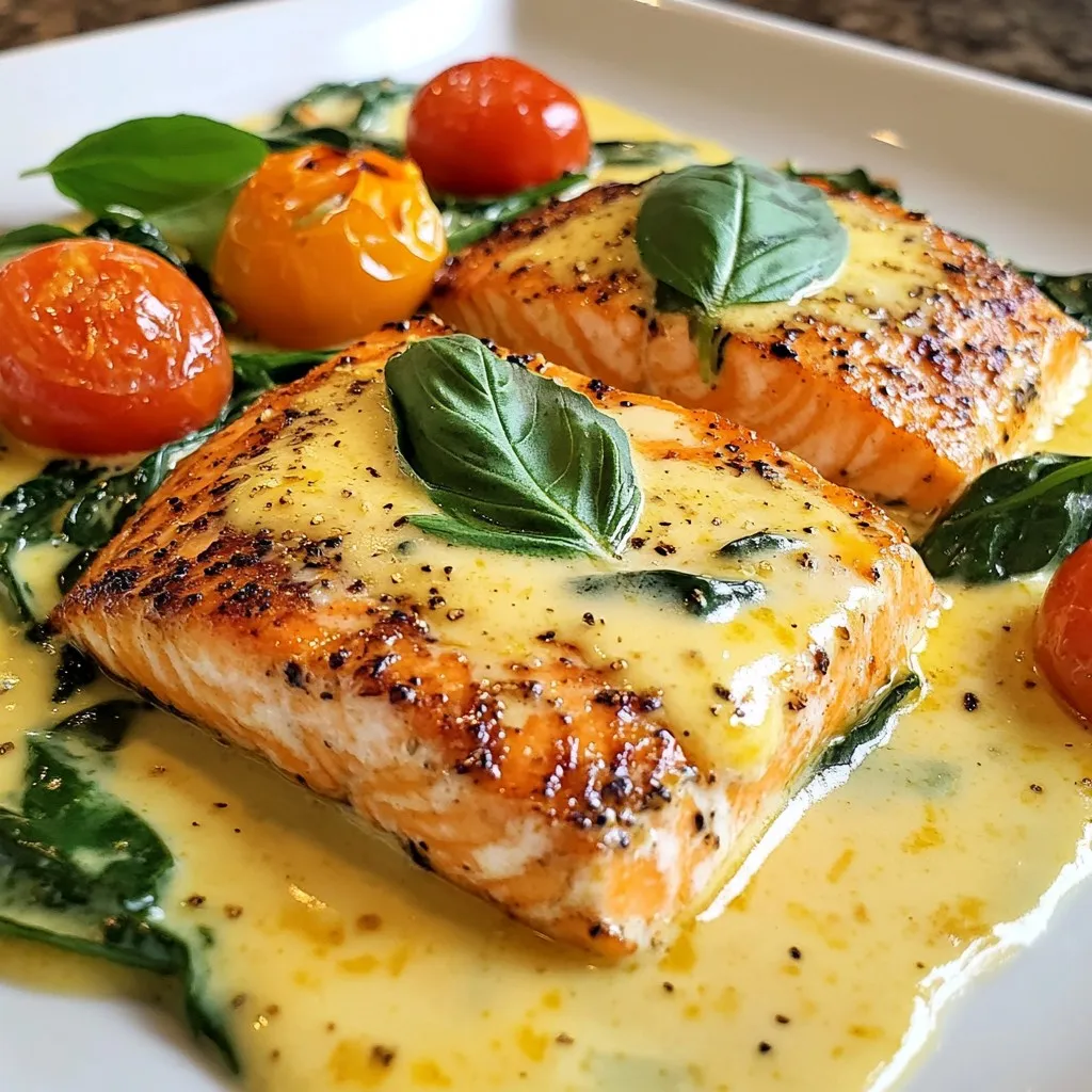 For a delicious Creamy Tuscan Salmon, you will need: - 4 salmon fillets (about 6 oz each) - 2 tablespoons olive oil - Salt and pepper, to taste - 3 cloves garlic, minced - 1 cup cherry tomatoes, halved - 1 cup fresh spinach, chopped - 1 cup heavy cream - ½ cup grated Parmesan cheese - 1 teaspoon Italian seasoning - 1 tablespoon lemon juice - Fresh basil leaves, for garnish These main ingredients create a rich and tasty dish. The salmon gives a lovely flavor, while the cream and cheese add smoothness. To enhance the flavor, consider these optional ingredients: - A splash of white wine for depth - Red pepper flakes for heat For garnishing, fresh basil adds a pop of color and flavor. You can also use lemon slices to brighten the dish. Enjoy the process of selecting your ingredients! {{ingredient_image_1}} 1. Cook the Salmon Heat 2 tablespoons of olive oil in a large skillet over medium heat. Season 4 salmon fillets with salt and pepper on both sides. When the skillet is hot, add the salmon, skin-side down. Cook for about 4-5 minutes until golden brown. Flip the fillets and cook for 3-4 more minutes. The salmon should be cooked through. Remove it from the skillet and set it aside. 2. Make the Creamy Sauce In the same skillet, add 3 cloves of minced garlic. Sauté for about 30 seconds until it smells great. Then, add 1 cup of halved cherry tomatoes. Cook them for 2-3 minutes until they start to soften. Next, add 1 cup of chopped fresh spinach. Stir it in until it wilts down. 3. Combine Ingredients Pour in 1 cup of heavy cream. Then, add ½ cup of grated Parmesan cheese and 1 teaspoon of Italian seasoning. Stir everything together until the cheese melts and the sauce becomes creamy. Add 1 tablespoon of lemon juice and mix well. Return the salmon fillets to the skillet, allowing them to heat in the sauce for another 2 minutes. Taste and adjust with salt and pepper if needed. 4. Serve Serve the creamy Tuscan salmon on a warm plate. Spoon extra sauce on top and garnish with fresh basil leaves. It pairs great with garlic bread or over pasta for a full meal. Enjoy this delightful dish! To make a creamy sauce, start with heavy cream. This gives your dish richness. Stir in the Parmesan cheese slowly. This helps it melt well and blend smoothly. - Use fresh garlic for the best flavor. It adds depth. - Add the cherry tomatoes before the spinach. This way, they soften nicely. - Stir the sauce often to keep it creamy and prevent sticking. Adjust flavors by tasting as you cook. If you like it tangy, add more lemon juice. For more flavor, sprinkle in extra Italian seasoning. Cooking salmon perfectly is key. Cook it skin-side down first. This gives a nice crisp. The total cooking time is about 8-9 minutes. Look for a light pink color inside. This means it's done. Remember, you can always reheat the salmon in the sauce for a few minutes. This keeps it moist and warm. Enjoy your creamy Tuscan salmon with these easy tips! Pro Tips Fresh Ingredients: Using fresh spinach and ripe cherry tomatoes enhances the flavor and texture of the dish significantly. Don’t Overcook the Salmon: For perfectly cooked salmon, aim for a slightly pink center; it will continue to cook in the residual heat of the sauce. Customize the Cream Sauce: Feel free to add other ingredients like sun-dried tomatoes or artichokes for an extra flavor boost. Perfect Pairings: This dish goes wonderfully with a crisp white wine like Pinot Grigio or a light salad for a refreshing balance. {{image_2}} You can switch up ingredients in Creamy Tuscan Salmon to match your taste or diet. Here are some ideas: - Alternative proteins or vegetables: Swap salmon for chicken, shrimp, or tofu. Each gives a unique taste. You can also add veggies like zucchini, bell peppers, or asparagus for a fresh twist. - Dairy-free or lower-fat options: For a lighter dish, use coconut milk instead of heavy cream. You can also try nutritional yeast instead of Parmesan for a dairy-free option. - Regional variations of Tuscan flavors: Try adding sun-dried tomatoes or olives for a different Italian flair. Fresh herbs like oregano or thyme can also enhance the taste and bring in regional notes. Feel free to mix and match to create the perfect dish for you! To keep your creamy Tuscan salmon fresh, follow these steps: - Refrigeration: Place leftover salmon in an airtight container. This helps keep out air and moisture. Store it in the fridge for up to three days. - Freezing: If you want to save it longer, you can freeze the salmon. Wrap each piece tightly in plastic wrap. Then place it in a freezer bag. It will stay good for up to two months. - Reheating tips: When ready to eat, thaw the salmon overnight in the fridge. Then, gently reheat it in a skillet over low heat. Add a splash of cream to keep it moist. This way, it stays creamy and delicious. By following these steps, you can enjoy your creamy Tuscan salmon even after the first meal! Yes, you can use frozen salmon. Just thaw it first. Make sure to pat it dry. This helps the seasoning stick better. Cooking time may vary slightly. Check the salmon for doneness to ensure it's fully cooked. Creamy Tuscan Salmon pairs well with many sides. You can serve it with garlic bread. It goes great over al dente pasta too. A fresh salad adds a nice crunch. Roasted vegetables also make a good choice. Choose sides that balance the creamy sauce. Check the salmon's color and texture. It should be opaque and flake easily with a fork. The internal temperature should reach 145°F. If the salmon is still translucent, it needs more time. Always ensure it's cooked through for safe eating. This post covered making Creamy Tuscan Salmon. We shared key ingredients, detailed steps, and helpful tips. You learned best practices for a creamy sauce and how to store leftovers. We also explored variations and answered common questions. Enjoy cooking this dish! It brings a taste of Italy to your table. Don't hesitate to adjust flavors to your liking. Now, go make it your own!