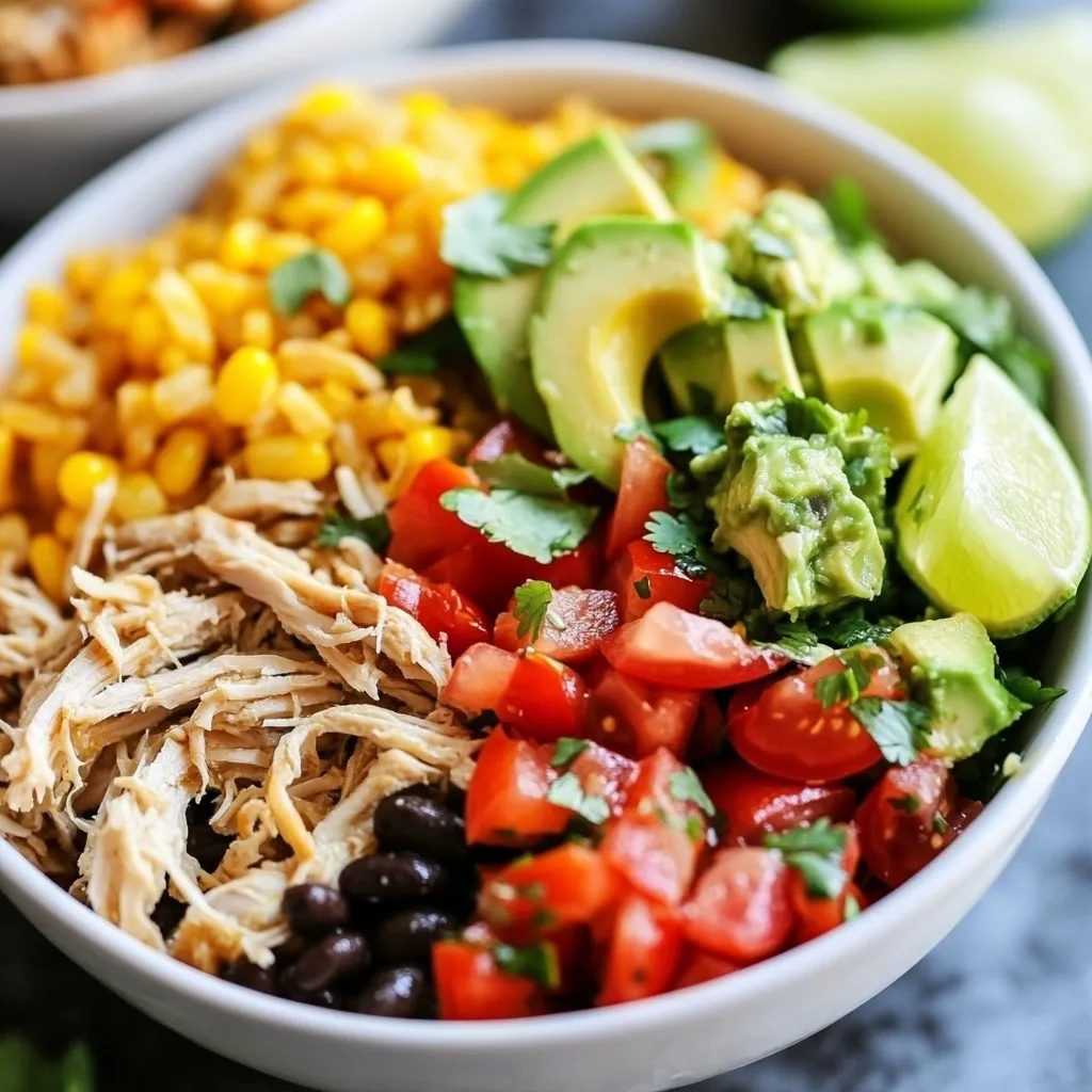 - 1 lb boneless, skinless chicken breasts - 1 cup brown rice - 1 can black beans, drained and rinsed - 1 cup corn (fresh, frozen, or canned) - 1 cup diced tomatoes (with juice) - 1 cup chicken broth These ingredients form the base of your chicken burrito bowls. The chicken breasts provide lean protein. The brown rice adds fiber and keeps you full. Black beans boost protein and add creaminess. Corn gives a sweet crunch, while diced tomatoes add a juicy, fresh taste. Chicken broth ties everything together, making your bowl flavorful and moist. - 1 tablespoon taco seasoning - 1 teaspoon garlic powder - 1 teaspoon onion powder - Salt and pepper, to taste - 1 avocado, diced - Fresh cilantro, chopped, for garnish - Lime wedges, for serving Seasoning is key to making these bowls pop. Taco seasoning adds a wonderful spice blend. Garlic and onion powder bring depth to the dish. Salt and pepper enhance all the flavors. Diced avocado adds creaminess, while fresh cilantro provides a bright, herbal touch. Lime wedges give a zesty finish, making each bite refreshing. Together, these ingredients and seasonings make your Instant Pot Chicken Burrito Bowls a feast for both the eyes and the palate. {{ingredient_image_1}} Set your Instant Pot to 'Sauté' and add one tablespoon of olive oil. Let it heat for about a minute. This step helps mix the flavors well. Season the chicken breasts with salt, pepper, and taco seasoning. I use about one tablespoon of taco seasoning for great flavor. Add the chicken to the pot and sauté for 2-3 minutes on each side. You want them lightly browned for the best taste. After browning the chicken, pour in one cup of chicken broth. Then, add one cup of brown rice, one can of black beans (drained and rinsed), one cup of corn, and one cup of diced tomatoes with juice. Adding broth is essential. It gives the dish a nice texture and flavor. Close the lid of the Instant Pot. Set it to 'Manual' or 'Pressure Cook' on high for 10 minutes. Make sure the pressure valve is set to sealing. Sealing is key for effective cooking. Once cooking is done, let the pot sit for a natural pressure release for 10 minutes. Then switch to a quick release for any remaining pressure. Carefully open the lid and take out the chicken breasts. Use two forks to shred the chicken easily. Return the shredded chicken to the pot and mix it well with the rice and beans. Scoop the burrito bowl mixture into bowls. Top each bowl with diced avocado and a sprinkle of fresh cilantro. Lime wedges on the side add a refreshing touch. Enjoy your flavorful and easy Instant Pot Chicken Burrito Bowls! Resting the chicken before shredding is key. It helps keep the chicken juicy. After cooking, let it sit for a few minutes. This extra time makes a big difference in flavor and texture. You might want to adjust the seasoning for your taste. If you love spice, add more taco seasoning. If you prefer milder flavors, dial it back. Taste as you go for the best result. Different Instant Pot models may have varied settings. Some have a "Poultry" option, while others just say "Manual." Always refer to your model’s manual for the best results. If you face issues with pressure cooking, check the sealing ring. It should sit snugly. If it’s loose, the pot won’t build pressure. For a creamier bite, add cheese or sour cream on top. They melt beautifully and add a rich taste. You can use shredded cheese or a dollop of sour cream for a delicious finish. If you like it hot, add jalapeños or a dash of hot sauce. You can also mix in diced green chiles for an extra kick. This adds depth and excitement to your burrito bowls. Pro Tips Rest the Chicken: After shredding, let the chicken rest for a few minutes in the broth to absorb more flavor. Customize the Spice: Adjust the amount of taco seasoning according to your spice preference for a milder or hotter dish. Meal Prep Friendly: This recipe can be easily doubled for meal prep; just ensure your Instant Pot can accommodate the quantity. Fresh Ingredients: Use fresh lime juice and chopped cilantro for a burst of freshness that elevates the dish. {{image_2}} You can switch out chicken for ground turkey or ground beef. This gives a new flavor and texture. Ground meats cook faster, so adjust your time. Aim for about 8 minutes on high pressure. If you prefer a vegetarian option, try using tofu or tempeh. Both soak up flavors well and add protein. Use firm tofu for a better texture. Cube it and sauté it just like the chicken. Want to try something different? Use quinoa instead of brown rice. Quinoa cooks well in the Instant Pot and adds a nutty taste. You can cook it with the same amount of broth. Cauliflower rice is another great choice. It’s low-carb and cooks quickly. Add it after the pressure cooking phase to keep it light and fluffy. Customizing toppings is fun! Add jalapeños for heat or salsa for a fresh kick. Hot sauce can also spice things up. Incorporate seasonal vegetables like bell peppers or zucchini. They add color and crunch. Just sauté them briefly before serving for the best flavor. To keep your Instant Pot chicken burrito bowls fresh, store them in airtight containers. This helps prevent moisture loss and keeps flavors intact. Make sure the bowls cool down before you seal them. For best taste, eat leftovers within three to four days. When reheating, I recommend using the stovetop. It keeps the rice and chicken moist. Just add a splash of water to the pan and heat on low. Stir often to avoid sticking. If you prefer the microwave, use a microwave-safe bowl. Cover it with a damp paper towel to keep moisture in. Heat in short bursts, stirring in between. To freeze, let the burrito bowls cool completely. Then, divide them into portions. Use freezer-safe containers or bags to store them. Press out any air to prevent freezer burn. For thawing, place the bowl in the fridge overnight. You can also use the microwave on the defrost setting. Reheat thoroughly before serving. To add heat, you can use jalapeños or hot sauce. Mix in a few slices of fresh jalapeños when cooking. You can also add a pinch of cayenne pepper to the taco seasoning. For more flavor, consider using spicy salsa as a topping. Yes, you can marinate the chicken ahead of time. Use lime juice, garlic, and spices for great flavor. You can also cook the chicken and shred it before using it in the recipe. Just store it in the fridge until you are ready to use it. Absolutely! You can replace the chicken with tofu or tempeh. Use vegetable broth instead of chicken broth. Add more beans or veggies like bell peppers or zucchini for a hearty meal. This way, you can still enjoy a tasty burrito bowl. Cooking the chicken and rice takes about 10 minutes on high pressure. Make sure the Instant Pot is sealed properly. After cooking, let the pressure release naturally for 10 minutes before opening the lid. This helps keep the chicken juicy. Black beans are great, but you can also use pinto or kidney beans. Each type brings its own flavor. Rinse the beans well before adding them to the pot. This helps to remove excess sodium and improves the taste of your dish. In this blog post, we explored how to make delicious Instant Pot burrito bowls. You learned about the main ingredients, seasoning, and easy-to-follow steps to prepare and serve your meal. We discussed tips for customizing flavors and presented some variations for proteins and grains. With the right ingredients and techniques, you can create a tasty dish that fits your taste. Enjoy making burrito bowls your way, and share them with family and friends for a fun meal.