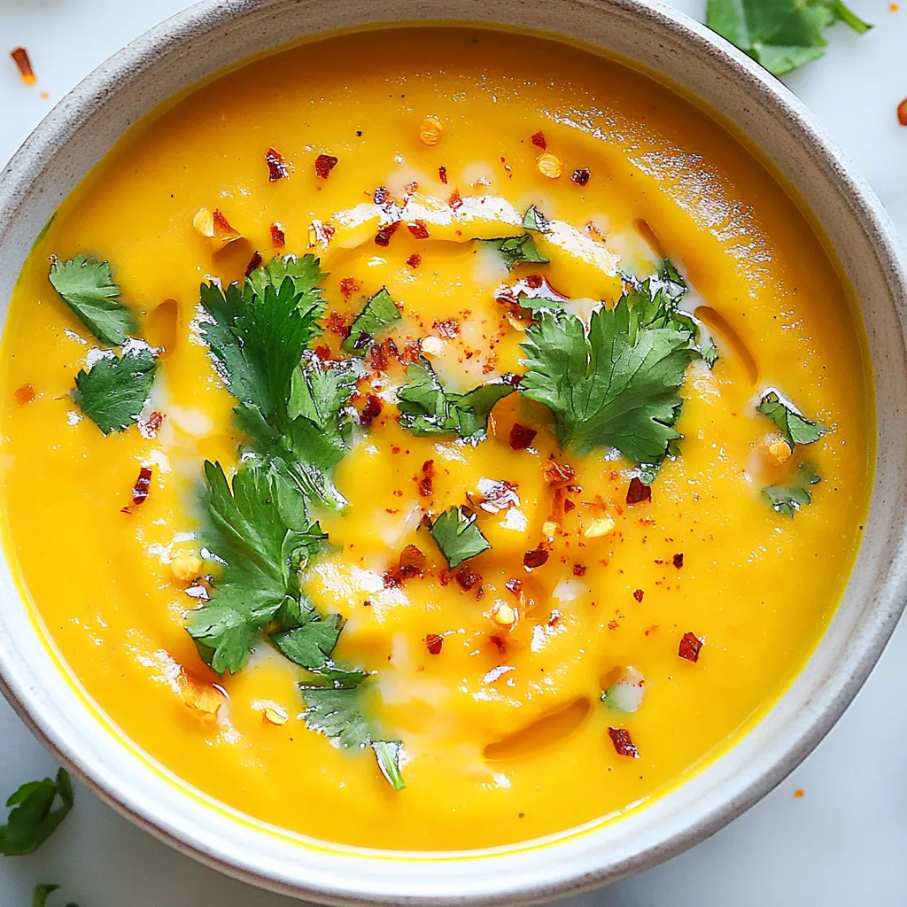To make Thai sweet potato soup, gather these ingredients: - 2 medium sweet potatoes, peeled and diced - 1 can (400 ml) coconut milk - 1 tablespoon red curry paste - 1 onion, chopped - 2 cloves garlic, minced - 1 inch piece of ginger, grated - 4 cups vegetable broth - 1 tablespoon lime juice - 2 tablespoons olive oil - Salt and pepper to taste - Fresh cilantro, for garnish - Red chili flakes, for garnish These ingredients blend perfectly to create a creamy, spicy, and sweet soup. If you have allergies or dietary needs, here are some swaps: - Use almond milk instead of coconut milk for a nutty flavor. - For a nut-free option, choose oat milk. - Replace the red curry paste with yellow curry paste for less spice. - If you can't have garlic, use shallots for a milder taste. These swaps keep the soup delicious while catering to your needs. You will need some basic kitchen tools: - A large pot for cooking - An immersion blender for smooth soup - A cutting board and knife for chopping - Measuring spoons and cups for accuracy - A ladle for serving With these tools, you can easily create this comforting dish in no time. {{ingredient_image_1}} Start by peeling and dicing two medium sweet potatoes. They should be bite-sized pieces. Next, chop one onion and mince two cloves of garlic. Grate a piece of ginger about one inch long. This fresh ginger adds a lot of flavor. In a large pot, heat two tablespoons of olive oil over medium heat. Add the chopped onion and cook it for about five minutes. You want it to turn clear. Then, add the minced garlic and grated ginger. Cook for two more minutes until you smell the aroma. After that, stir in one tablespoon of red curry paste. Cook it for one minute to really open up its flavors. Now, add the diced sweet potatoes and four cups of vegetable broth. Bring this mixture to a boil, then lower the heat. Let it simmer for 15 to 20 minutes until the sweet potatoes become soft. Once your sweet potatoes are tender, take the pot off the heat. Use an immersion blender to puree the soup until it is smooth. If you don't have one, you can carefully use a regular blender. Just be careful with the hot soup! Blend it in batches if needed. After blending, return the soup to the pot. Stir in one can of coconut milk for creaminess. Heat it gently on low until warm. Finally, add one tablespoon of lime juice and season with salt and pepper to taste. Your soup is now ready to serve! One common mistake is cooking the sweet potatoes too long. They can get mushy and lose their nice texture. Always check for tenderness after 15 minutes. Another mistake is skimping on the red curry paste. This gives the soup its unique flavor, so use the full tablespoon. Lastly, don’t forget to blend the soup well. A smooth texture makes the soup creamy and enjoyable. To make this soup even better, try adding more lime juice. It brightens the flavors and adds freshness. You can also add a pinch of salt during cooking. This helps bring out the natural sweetness of the sweet potatoes. For a deeper flavor, consider roasting the sweet potatoes before adding them to the pot. This step adds a nice caramel flavor that enhances the whole dish. Serve this soup hot for the best taste. Use a large bowl, and don’t be afraid to fill it up! Garnish with fresh cilantro and a sprinkle of red chili flakes. The herbs add color and a fresh bite. You can also drizzle a bit of coconut milk on top for a beautiful finish. Pair it with crusty bread or rice for a complete meal. Pro Tips Use Fresh Ingredients: Fresh garlic, ginger, and cilantro will elevate the flavor profile of your soup significantly. Avoid pre-minced or dried alternatives for the best results. Adjust Spice Level: If you prefer a milder soup, start with half the amount of red curry paste and gradually add more to taste. You can always spice it up, but you can't take it out! Texture Preference: For a chunkier soup, only blend half of the mixture and leave the rest as is. This adds a delightful texture contrast to the smoothness of the coconut milk. Storage Tips: Store any leftovers in an airtight container in the fridge for up to 3 days. This soup also freezes well, so consider portioning it for later meals! {{image_2}} You can easily make this soup vegetarian or vegan. Just skip the chicken broth in favor of vegetable broth. The base of sweet potatoes and coconut milk provides rich flavor. You can also add extra veggies like spinach or kale for more nutrition. Both options keep the soup tasty and filling. If you want to add protein, chicken, tofu, or lentils work great. For chicken, cook bite-sized pieces in the pot after sautéing the onion. Let them brown before adding other ingredients. For tofu, use firm or extra-firm. Cut into cubes and add them before blending. Lentils are a fantastic choice too. They add texture and protein. Cook them with the sweet potatoes until tender, then blend everything together. Adjusting the spice level is easy. If you love heat, add more red curry paste. You can also sprinkle in red chili flakes during cooking. If you want a milder soup, use less curry paste and skip the chili flakes. You can always serve extra chili flakes on the side for those who like it hot! To keep your Thai sweet potato soup fresh, let it cool first. Transfer it to an airtight container. Store it in the fridge for up to four days. If you want to save it longer, consider freezing. Just remember to leave some space at the top of the container. Soup expands as it freezes. When you are ready to enjoy your soup again, heat it gently. You can use the stove or microwave. If using the stove, pour the soup into a pot. Heat it over low to medium heat, stirring often. If you use the microwave, heat it in short bursts. Stir in between to ensure even heating. If you decide to freeze the soup, do it right after cooking. Use freezer-safe containers or bags. I recommend dividing the soup into portions. This way, you can thaw only what you need. To thaw, place it in the fridge overnight. You can also use the microwave, but this may affect the texture. Always check the soup for taste before serving. Yes, you can use other types of potatoes. However, sweet potatoes give the best flavor. You may try Yukon gold or red potatoes, but the taste will change. Sweet potatoes add a natural sweetness that works well with the curry. The soup lasts about 3 to 5 days in the fridge. Make sure to store it in an airtight container. This helps keep it fresh and safe to eat. Check for signs of spoilage before serving again. Yes, you can make this soup ahead of time. It tastes even better after the flavors mix overnight. Just reheat it gently before serving. Add more coconut milk if it thickens too much. Thai sweet potato soup pairs well with crusty bread or rice. You can also serve it with a simple salad. Consider adding some grilled shrimp or tofu for extra protein. Yes, the soup is gluten-free. All the ingredients used are safe for a gluten-free diet. Just double-check that your vegetable broth is gluten-free, as some brands may contain gluten. This post covered all the key parts for making Thai sweet potato soup. We looked at the ingredients, cooking steps, and tips to avoid common mistakes. Don't forget about variations like vegetarian options and how to store leftovers. You can easily adjust flavors and textures to fit your taste. Cooking is fun and easy with these steps. Now, you're ready to impress with this delicious dish! Enjoy your soup and share it with others who love great food!