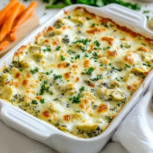 To make a delicious creamy spinach artichoke dip, you need: - 1 cup frozen spinach, thawed and drained - 1 can (14 oz) artichoke hearts, drained and chopped - 1 cup cream cheese, softened - ½ cup sour cream - ½ cup mayonnaise - 1 cup shredded mozzarella cheese - ½ cup grated Parmesan cheese - 2 cloves garlic, minced - 1 teaspoon onion powder - ½ teaspoon black pepper - ¼ teaspoon salt - ¼ teaspoon crushed red pepper flakes (optional) - Fresh parsley for garnish (optional) You can swap some ingredients if you want. Here are a few ideas: - Use fresh spinach instead of frozen for a brighter flavor. - Greek yogurt can replace sour cream for a tangy twist. - Swap mayonnaise with extra cream cheese for a richer taste. - If you want a different cheese, try cheddar or pepper jack. - Use fresh garlic instead of minced for a more intense flavor. When picking fresh ingredients, look for these tips: - Choose spinach that is vibrant green with no yellow leaves. - Select artichoke hearts that are firm and without dark spots. - For cheese, go for blocks over pre-shredded, as they melt better. - Fresh garlic should feel firm and not sprout. - Use a fresh parsley bunch that looks bright and crisp. These choices elevate your dip and make it even tastier. {{ingredient_image_1}} Start by gathering your ingredients. This recipe takes about 10 minutes to prep. Preheat your oven to 350°F (175°C). Grab a large mixing bowl. Add 1 cup of softened cream cheese, ½ cup of sour cream, and ½ cup of mayonnaise. Mix them well until the blend is smooth and creamy. This step is key for a great texture. Next, you need to mix in the main flavors. Add 1 cup of thawed and drained frozen spinach and 1 can (14 oz) of artichoke hearts that are drained and chopped. Stir these in well, ensuring they are evenly mixed. After combining the spinach and artichokes, it's time to add the rest. Toss in 1 cup of shredded mozzarella cheese and ½ cup of grated Parmesan cheese. Then, add 2 cloves of minced garlic, 1 teaspoon of onion powder, ½ teaspoon of black pepper, and ¼ teaspoon of salt. If you like a little heat, add ¼ teaspoon of crushed red pepper flakes. Mix everything until it is thoroughly combined. Now, take your mixture and transfer it into a baking dish. An 8x8 inch dish works best. Spread the mixture evenly in the dish. Now it’s time to bake! Place it in your preheated oven for 25 to 30 minutes. It’s done when the top is golden and bubbly. After baking, remove the dish from the oven. Let it cool for a few minutes. This cooling time helps the dip set a bit. If you like, you can garnish with fresh parsley for a pop of color. It makes the dip look even more inviting. Now, your creamy spinach artichoke dip is ready to enjoy! Serve it warm with tortilla chips, sliced baguette, or fresh veggie sticks. This dip is perfect for gatherings or a cozy night in! To make your dip super creamy, use softened cream cheese. Mix it well with sour cream and mayonnaise. This combo makes a great base. You want it smooth and thick. If your dip feels too thick, add a splash of milk. That helps lighten it up. Always stir in the spinach and artichokes after mixing the base. This keeps everything creamy and blends well. Seasoning can bring your dip to life. Use minced garlic for a punch of flavor. Onion powder adds a nice depth, too. Don’t forget the black pepper and salt; they balance the taste. If you want a kick, add crushed red pepper flakes. Just a little can spice things up. Taste as you mix, and adjust the seasonings to your liking. Serve your dip warm for the best taste. Use a nice baking dish to show it off. I like to sprinkle fresh parsley on top for color. It makes the dip look fresh and inviting. Pair it with tortilla chips or sliced baguette. Fresh veggie sticks add a nice crunch. Arrange them around the dish for a fun platter. Enjoy the flavors and the presentation! Pro Tips Thawing Spinach: Make sure to completely thaw and drain the frozen spinach to avoid excess moisture in your dip. Cheese Variations: Feel free to mix different cheeses like cheddar or cream cheese for varied flavor profiles. Serving Suggestions: Pair the dip with a variety of dippers such as pita chips, crackers, or veggie sticks for a fun presentation. Make Ahead: You can prepare the dip a day in advance and store it in the refrigerator. Just bake it before serving! {{image_2}} You can switch up the cheese in your dip. Try using feta for a tangy twist. Goat cheese adds creaminess and flavor too. You can also mix in some cheddar for a sharp bite. Each type of cheese gives the dip a unique taste. Experiment and find what you love best! Want to add some heat? Mix in jalapeños or diced green chilies. You can also increase the crushed red pepper flakes. For a smoky flavor, try adding chipotle peppers in adobo sauce. Each spicy option makes the dip exciting and full of flavor. Adjust the spice level based on your taste! You can make this dip lighter without losing flavor. Use Greek yogurt instead of sour cream and mayonnaise. You can also swap out cream cheese for a low-fat version. Choose part-skim mozzarella to cut calories. These choices make the dip healthier but still creamy and delicious. Enjoy every bite without the guilt! After enjoying your creamy spinach artichoke dip, store leftovers in an airtight container. Keep it in the fridge for up to three days. Make sure it cools down a bit before sealing. This will help keep the dip fresh and tasty. To reheat, simply scoop the dip into an oven-safe dish. Preheat the oven to 350°F (175°C). Heat for about 15-20 minutes until warm. You can also use a microwave. Heat it in short bursts of 30 seconds, stirring in between. This keeps the dip creamy and avoids drying it out. If you want to save some for later, freezing is a great option. Place the dip in a freezer-safe container. Leave some space at the top for expansion. Freeze it for up to two months. To thaw, move it to the fridge overnight before reheating. This ensures the dip stays flavorful and delicious. Yes, you can use fresh spinach. Just wash, chop, and cook it first. You will need about 6 cups of fresh spinach to match the 1 cup of frozen spinach. Cook it down until it wilts. Then, drain any extra water. This keeps the dip creamy and not watery. The dip lasts about 3 to 5 days in the fridge. Be sure to store it in a tight container. If you notice any change in smell or color, it's best to toss it. To enjoy the dip at its best, eat it within the first few days. Yes, you can prep this dip ahead of time. Mix all the ingredients and store the dip in the fridge. Bake it right before serving. This way, you save time and can enjoy the creamy goodness fresh out of the oven. This post covered how to make a great spinach artichoke dip. We went over the ingredients, steps, and some handy tips. You learned ways to swap items and make it lighter. We also talked about how to store leftovers and answered common questions. Use this guide to create your own delicious dip. Experiment with flavors and enjoy every bite!