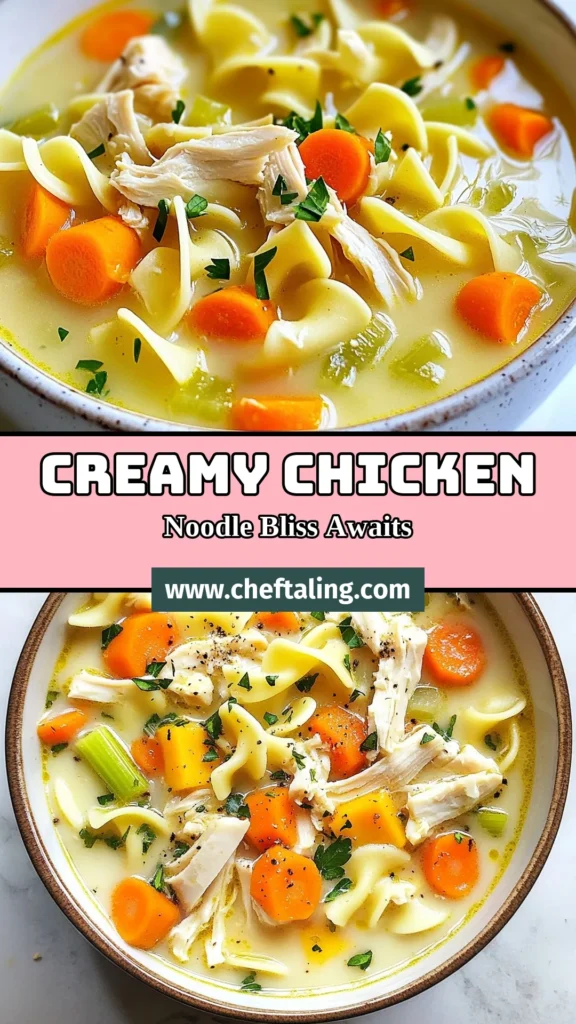 Warm up with this delicious Creamy Chicken Noodle Soup, the ultimate comfort food soup recipe! This easy chicken noodle soup recipe features tender egg noodles and shredded chicken in a rich, creamy broth. Perfect for cozy evenings, homemade chicken noodle soup is a family favorite. Try it today and enjoy a bowl of warmth! Save this recipe for your next meal! #ComfortFood #ChickenNoodleSoup #HomemadeSoup #CreamySoup