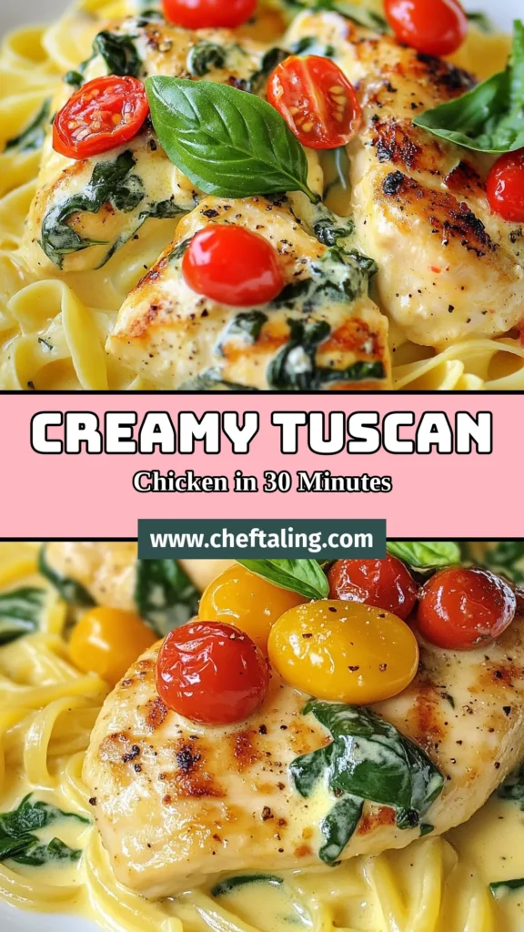 Indulge in this creamy Tuscan chicken recipe that combines tender chicken breasts with vibrant spinach and sun-kissed cherry tomatoes. This one pot creamy chicken pasta is a quick and easy Italian chicken dish, perfect for weeknight dinners. With rich garlic Parmesan chicken flavors and simple steps, you'll have a delicious meal in just 30 minutes. Save this recipe for creamy Tuscan chicken and impress your family! #TuscanChicken #CreamyChickenPasta #ItalianDish #OnePotMeal