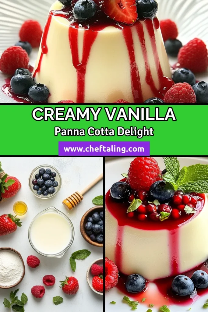 Indulge in this delightful vanilla panna cotta recipe that’s perfect for any occasion! This easy panna cotta dessert is creamy and luxurious, topped with a luscious berry compote. Enjoy the freshness of mixed berries in every bite of your homemade vanilla panna cotta. Impress your guests with this simple yet elegant treat! Save this recipe for a delicious dessert that everyone will love. #VanillaPannaCotta #DessertRecipe #BerryCompote #HomemadeDesserts