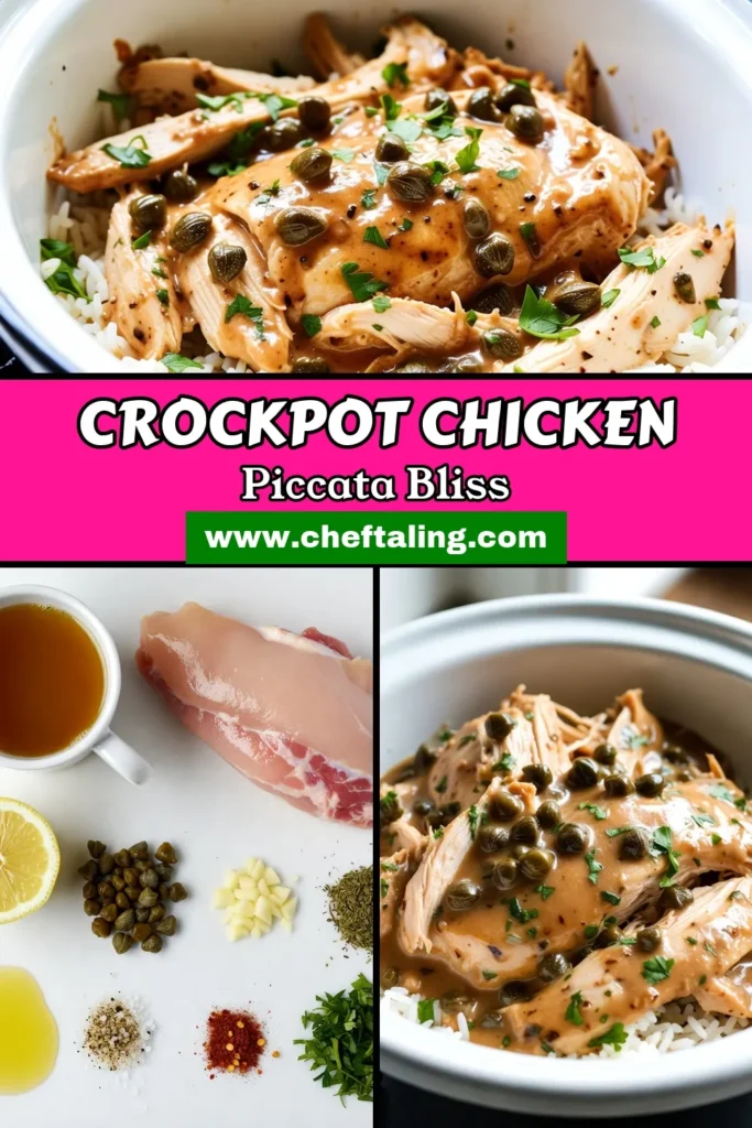 Discover this delicious Crockpot Chicken Piccata that's an easy chicken piccata recipe perfect for busy weeknights. Enjoy tender slow cooker lemon chicken infused with capers, creating a flavorful capers chicken dish your family will love. Serve it over rice or pasta for a complete meal. Don't miss out on this comforting recipe! Save it for your next dinner! #CrockpotChickenPiccata #SlowCookerMeals #EasyDinnerIdeas #ChickenRecipe