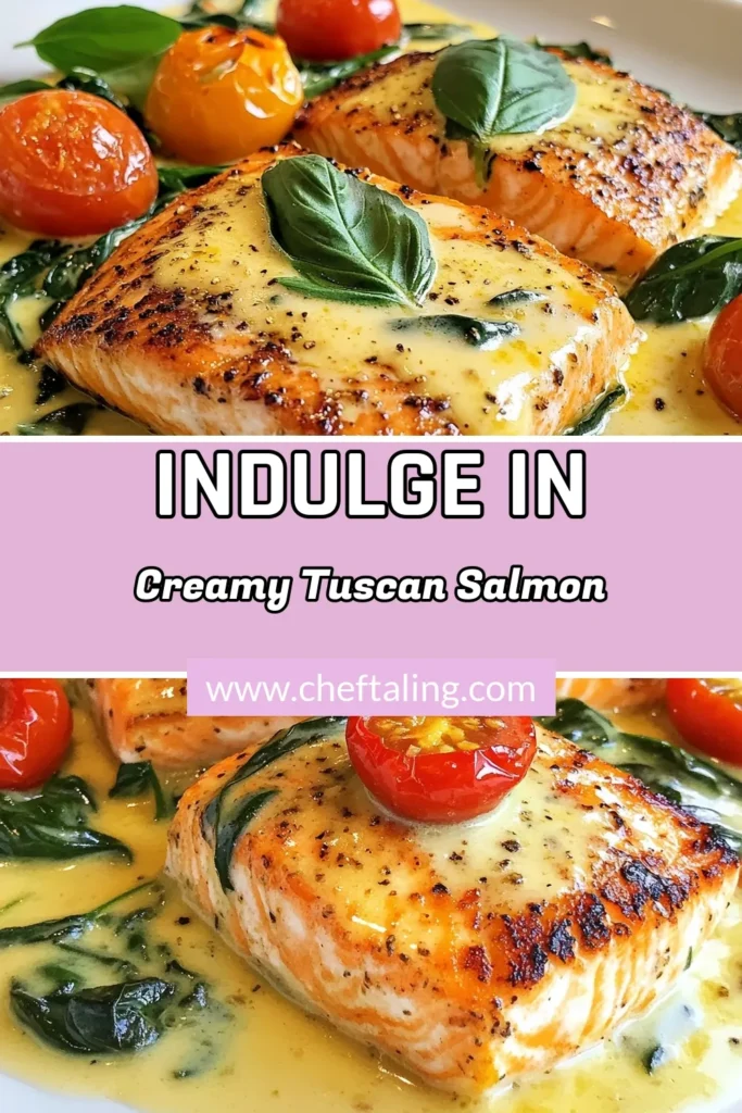 Indulge in this Creamy Tuscan Salmon recipe that's packed with flavor! With a delightful garlic butter salmon base, this easy salmon with cream sauce incorporates fresh spinach and juicy cherry tomatoes for a one-pan salmon dinner that impresses. Perfect for weeknight dinners or special occasions, it’s a must-try! Save it now for a delicious meal that everyone will love! #CreamyTuscanSalmon #GarlicButterSalmon #EasySalmon #OnePanDinner