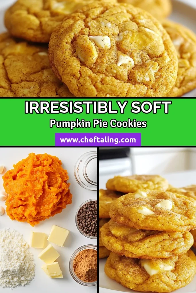 Indulge in the ultimate fall treat with these soft pumpkin pie cookies! Perfect for any pumpkin dessert recipe enthusiast, these easy fall cookies combine the rich flavors of pumpkin and spices, with delightful white chocolate chips for an extra touch. Whip up this pumpkin spice cookies recipe in just 35 minutes and impress your loved ones. Click to save and try this delicious recipe today! #PumpkinCookies #FallBaking #PumpkinDessertRecipes #PumpkinSpiceCookies