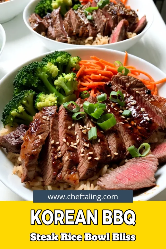 Savor the deliciousness of Korean BBQ Steak Rice Bowls with this easy flank steak rice bowl recipe! Bursting with flavor from gochujang, this dish is perfect for quick dinner ideas. These gochujang rice bowls combine tender steak, steamed veggies, and fluffy rice for a satisfying meal. Make your weeknight dinners special with these Korean BBQ steak bowls that everyone will love. Try the recipe today! #KoreanBBQ #EasyKoreanRecipes #RiceBowlDinner #FlankSteak