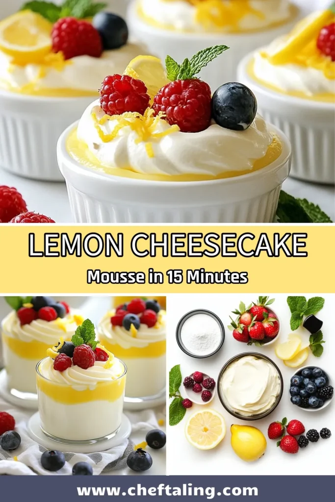 Indulge in this delicious Lemon Cheesecake Mousse, a delightful no-bake lemon dessert that's perfect for gatherings or a sweet treat at home. This creamy lemon mousse recipe requires just 15 minutes of prep and will impress with its light texture and zesty flavor. Try this easy cheesecake mousse for a refreshing dessert idea your friends and family will love. Save this recipe and create a memorable treat today! #LemonDessertIdeas #EasyCheesecakeMousse #NoBakeDessert #CreamyLemonMousse