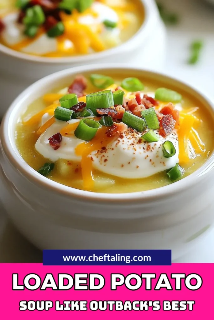 Craving a comforting bowl of Outback potato soup? Try this loaded potato soup recipe packed with creamy flavors! Made with russet potatoes and topped with turkey bacon, this creamy potato soup is a rewarding dish that will delight your taste buds. Perfect for chilly nights, this vegetable broth potato soup can easily be customized to suit your preferences. Don't miss out—save this recipe and indulge in a delicious soup experience! #OutbackPotatoSoup #CreamyPotatoSoup #LoadedPotatoSoupRecipe #TurkeyBaconSoup