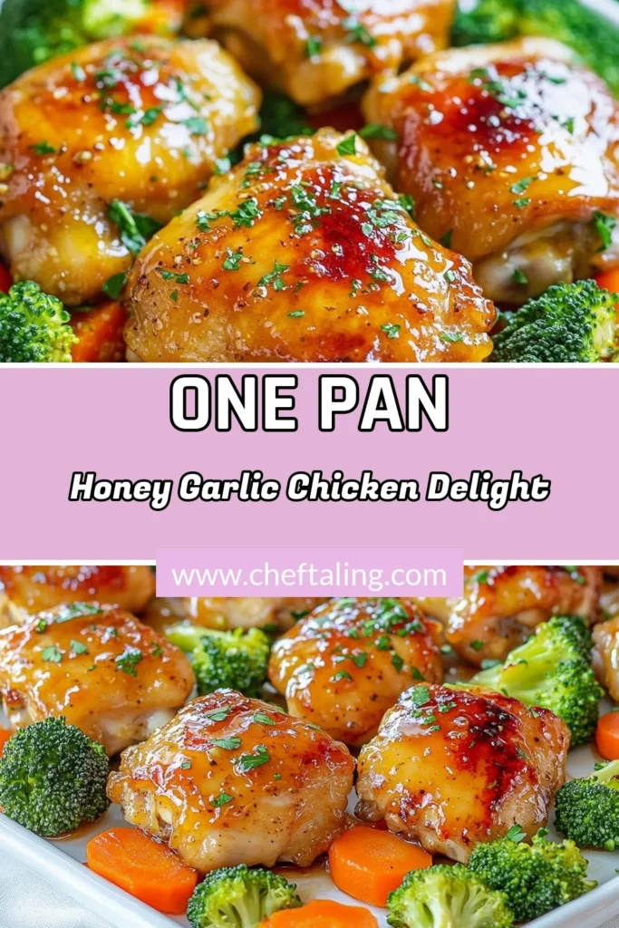 Discover the perfect one pan dinner with this easy sheet pan honey garlic chicken recipe! Juicy honey garlic chicken thighs are paired with fresh vegetables for a healthy and delicious meal. It's an excellent option for busy weeknights with minimal cleanup. Bake up some crispy goodness in just 40 minutes! Try this baked chicken and vegetables recipe and enjoy a delightful dinner. Save this recipe for later! #SheetPanRecipe #EasyChickenRecipes #HoneyGarlicChicken #OnePanDinner