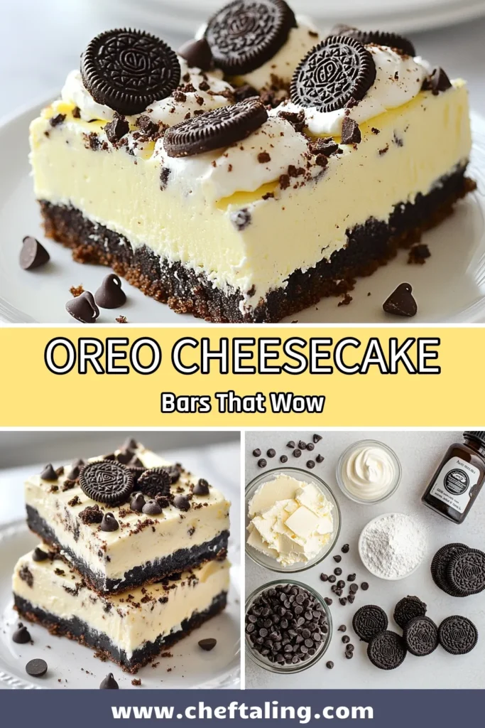 Indulge in these delicious Oreo cheesecake bars with our easy no-bake cheesecake recipe! Perfect for dessert lovers, this Oreo dessert recipe is a crowd favorite, combining creamy cheesecake filling with a crunchy Oreo crust. Get ready to impress with these decadent chocolate chip cheesecake bars. Make these for your next gathering and watch them disappear! Save this recipe now! #OreoCheesecakeBars #NoBakeCheesecake #OreoDessert #EasyCheesecakeBars