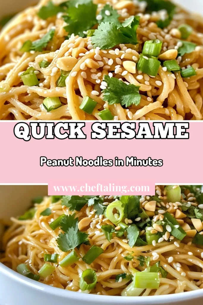 Discover this quick and easy peanut noodle recipe that elevates your meal with delicious sesame noodles. In just 20 minutes, you can whip up gluten-free peanut noodles that are perfect for busy weeknights. Enjoy the rich flavors of creamy peanut butter, garlic, and sesame oil in this simple dish. Perfect for impressing guests or satisfying a craving. Save this easy Asian recipe for your next dinner! #PeanutNoodleRecipe #EasyAsianRecipes #QuickNoodleDishes #GlutenFreePeanutNoodles