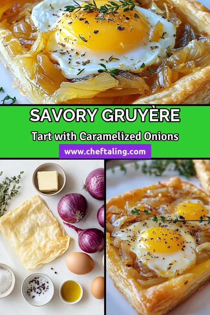 Indulge in this delicious caramelized onion tart recipe featuring rich Gruyère cheese for a savory delight. Perfect for gatherings, this easy onion tart uses a flaky puff pastry that’s sure to impress. This creamy Gruyère cheese tart is a fantastic addition to your collection of savory tart recipes. Save this simple yet mouthwatering dish for your next meal—your taste buds will thank you! #CaramelizedOnionTart #GruyereCheeseTart #PuffPastryRecipes #SavoryTartRecipes