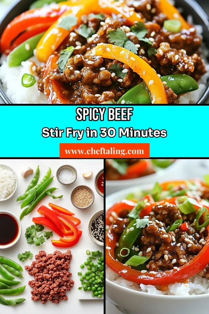 Discover the perfect weeknight meal with this spicy ground beef stir fry that’s quick and easy! Our easy beef stir fry recipe features tender ground beef, crisp vegetables, and an Asian inspired sauce served over fluffy rice for a delicious ground beef rice bowl. This flavorful quick stir fry dinner is ready in just 30 minutes. Try this spicy ground beef stir fry recipe tonight! #BeefStirFry #QuickDinner #EasyRecipes #AsianCuisine