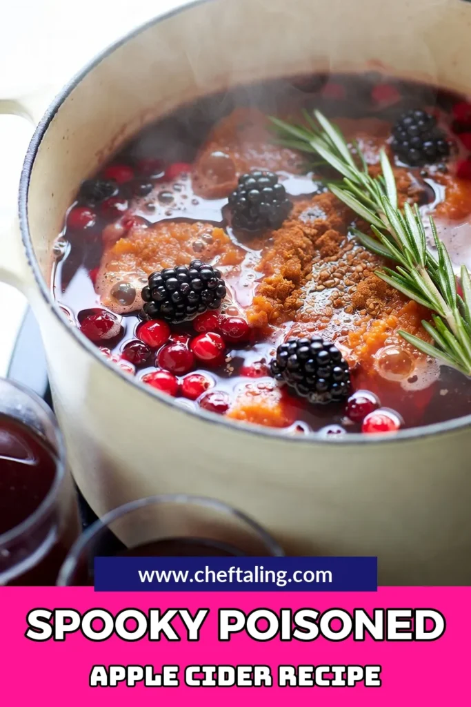 Get ready for Halloween with this delicious poisoned apple cider recipe! Perfect for fall gatherings, this spooky beverage idea combines apple cider with cranberries and a blend of warm spices for a cozy twist. Easy to make and visually stunning, it's a must-try among Halloween drinks recipes. Serve it in spooky mugs with dry ice for an eerie effect! Save this fall cocktail recipe for your next celebration! #HalloweenDrinks #SpookyBeverages #FallCocktails #AppleCiderRecipe