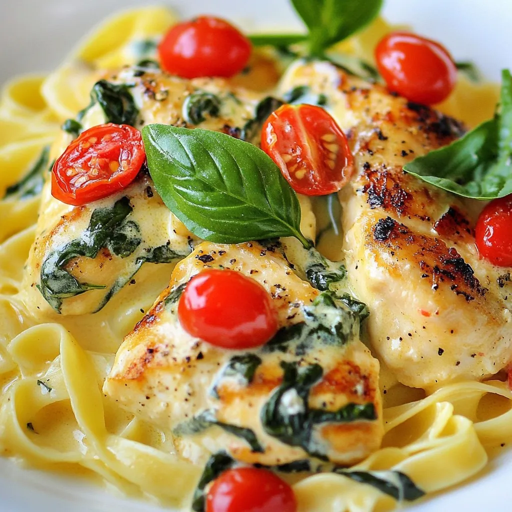 - 4 boneless, skinless chicken breasts - 2 tablespoons olive oil - Salt and pepper, to taste - 1 teaspoon Italian seasoning - 3 cloves garlic, minced - 1 cup cherry tomatoes, halved - 1 cup fresh spinach - 1 cup heavy cream - ½ cup grated Parmesan cheese - 1 tablespoon lemon juice - Fresh basil leaves, for garnish - Cooked pasta or rice, for serving This recipe serves four people. Each person gets one chicken breast, a good amount of sauce, and a side of pasta or rice. If you have big eaters, consider adding more chicken or pasta. You can easily double the ingredients for a bigger crowd, too. If you don’t have chicken breasts, you can use thighs. They give a nice flavor and stay juicy. For the cream, you can swap it with half-and-half for a lighter dish. You can also use nutritional yeast instead of Parmesan for a dairy-free option. Lastly, if you don’t have cherry tomatoes, regular tomatoes work well too, just chop them. {{ingredient_image_1}} To start, gather all your ingredients. You will need: - 4 boneless, skinless chicken breasts - 2 tablespoons olive oil - Salt and pepper, to taste - 1 teaspoon Italian seasoning - 3 cloves garlic, minced - 1 cup cherry tomatoes, halved - 1 cup fresh spinach - 1 cup heavy cream - ½ cup grated Parmesan cheese - 1 tablespoon lemon juice - Fresh basil leaves, for garnish - Cooked pasta or rice, for serving Next, measure the olive oil and spices. This will help keep the cooking smooth. Heat the olive oil in a large pot over medium-high heat. Add the seasoned chicken breasts. Sear each side for 5-7 minutes. You want them golden brown and cooked through. Once ready, take the chicken out and place it on a plate. In the same pot, add the minced garlic. Sauté for about 30 seconds until it smells good. Then, toss in the halved cherry tomatoes. Cook these for 2-3 minutes until they soften. Add the fresh spinach next and cook until it wilts, about 1-2 minutes. Now, lower the heat to medium. Mix in the heavy cream and bring it to a gentle simmer. Stir in the grated Parmesan cheese and lemon juice. Let it thicken for 3-5 minutes. Return the chicken to the pot, coating it in the creamy sauce. Simmer for another 5 minutes to blend the flavors. Cooking times can vary. If your chicken breasts are thicker, add a few extra minutes when searing. Always check that chicken reaches an internal temperature of 165°F. Adjust the simmer time as needed, ensuring the sauce thickens to your liking. If the sauce is too thick, add a splash of water or more cream. This will help get the right consistency. To get the best flavor, start with good chicken. Use fresh, high-quality chicken breasts. Season them well with salt, pepper, and Italian seasoning. This simple step adds depth to the dish. Don’t rush the searing process; let the chicken brown nicely. This gives your dish a rich taste. When cooking garlic, watch it closely. It can burn quickly and taste bitter. Add it just before the tomatoes for a great aroma. For a rich and creamy sauce, use heavy cream. This makes the sauce thick and smooth. Stir in the Parmesan cheese slowly. This helps it melt evenly into the sauce. Adding lemon juice brightens the flavor, so don’t skip it. Taste the sauce as you go. This way, you can adjust the seasoning. If the sauce is too thick, add a splash of chicken broth to loosen it. One common mistake is overcooking the chicken. Cook it just until it is no longer pink inside. This keeps it tender and juicy. Another mistake is adding too much garlic at once. It can overpower the dish if cooked too long. Make sure to use fresh spinach. Wilted or old spinach will not taste good in your dish. Lastly, don’t forget to garnish with fresh basil. It adds a nice touch and extra flavor. Pro Tips Use Fresh Ingredients: Fresh spinach and ripe cherry tomatoes will enhance the flavor of your dish significantly. Always opt for the freshest produce you can find. Perfectly Cooked Chicken: Ensure your chicken is cooked to an internal temperature of 165°F (75°C) for safety and tenderness, avoiding overcooking to retain juiciness. Adjust Creaminess: If you prefer a lighter sauce, substitute half of the heavy cream with chicken broth or use a combination of cream and Greek yogurt for a tangy twist. Garnish with Fresh Herbs: Adding fresh basil or parsley just before serving brightens the dish and adds a burst of flavor, making it visually appealing as well. {{image_2}} You can make this dish even better by adding vegetables. Try bell peppers, zucchini, or mushrooms. These veggies add color and extra nutrients. You can also use frozen peas or broccoli for quick options. Just cook them with the cherry tomatoes. This makes the meal more filling and balanced. If you want to change the protein, you have options. You can use turkey or shrimp instead of chicken. Just make sure to adjust the cooking time. Shrimp cooks fast, so only sauté it for 3-4 minutes. For turkey, use cutlets to keep the cooking time similar to chicken. This keeps your meal easy and tasty. To boost the flavor, try adding new herbs. Fresh thyme or oregano can really brighten the dish. You can also mix in some sun-dried tomatoes for a tangy kick. If you like heat, add red pepper flakes. These small changes can give your creamy sauce a new twist. Enjoy experimenting! To keep your One Pot Creamy Tuscan Chicken fresh, let it cool first. Place it in an airtight container. Store it in the fridge for up to three days. This way, you can enjoy it later without losing flavor. When reheating, use a skillet over low heat. Add a splash of water or cream to keep it moist. Stir gently until heated through. You can also microwave it in short intervals, about one minute at a time, stirring in between. To freeze, place cooled chicken in a freezer-safe bag. Make sure to remove as much air as possible. It will keep well for up to three months. When ready to eat, thaw in the fridge overnight before reheating. This keeps the taste and texture intact. One Pot Creamy Tuscan Chicken can last in the fridge for about 3 to 4 days. Make sure to store it in an airtight container. This helps keep the flavors fresh. If you see any odd colors or smells, it’s best to toss it out. Always trust your senses when it comes to food safety. Yes, you can make this dish ahead of time. Cook it as directed and let it cool. Then, place it in the fridge. When you’re ready to serve, just reheat it on the stove or in the microwave. The flavors will meld even more overnight. However, the chicken may lose some of its initial crispness. You can serve this creamy chicken over cooked pasta or rice. Both options soak up the sauce well. You can also add a side of garlic bread for a nice crunch. A simple green salad pairs well too and adds freshness. Try to keep it light to balance the richness of the dish. In this post, I covered the ingredients, step-by-step instructions, and tips for a delicious meal. I shared how to ensure great flavor and avoid common mistakes. You can add your favorite veggies or proteins for fun variations. I also included storage tips for leftovers and answered common questions. Cooking can be simple and enjoyable. With the right ingredients and methods, anyone can create tasty meals. Enjoy trying this recipe yourself!