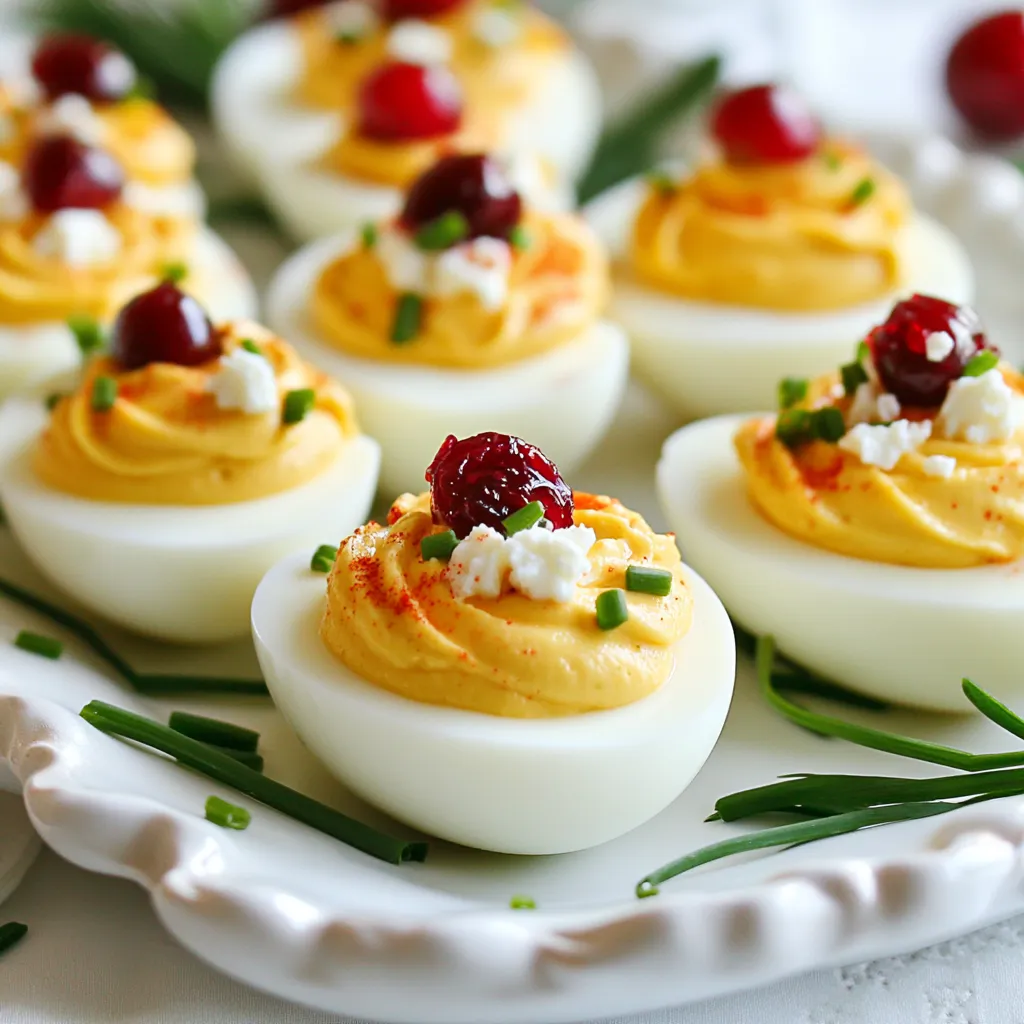 To create these delightful Cranberry Deviled Eggs, you will need: - 6 large eggs - 2 tablespoons mayonnaise - 1 teaspoon Dijon mustard - 1 tablespoon cranberry sauce (store-bought or homemade) - 1 tablespoon fresh chives, finely chopped - Salt and pepper to taste - 1 tablespoon crumbled feta cheese (optional) - Whole cranberries or additional cranberry sauce for garnish These ingredients combine to create a creamy and tangy filling. The cranberry sauce adds a sweet touch, making each bite pop with flavor. You can customize this recipe to suit your taste. Here are some options: - Use Greek yogurt instead of mayonnaise for a healthier twist. - Swap Dijon mustard for yellow mustard if you prefer a milder flavor. - Try adding a sprinkle of smoked paprika for a nice, smoky taste. - If you want a kick, mix in a dash of hot sauce. Feel free to experiment with these options. This will help you find the perfect flavor balance for your Cranberry Deviled Eggs. {{ingredient_image_1}} To start, place six large eggs in a pot. Cover them with cold water. Turn the heat to medium-high and bring the water to a boil. Once it boils, cover the pot. Remove it from the heat and let the eggs sit for 12 minutes. This method helps to cook the eggs evenly. After 12 minutes, move the eggs to a bowl of ice water. Let them cool for about 5 minutes. This cooling step makes peeling easier. Now, peel the cooled eggs. Slice each egg in half lengthwise. Carefully remove the yolks and place them in a mixing bowl. Use a fork to mash the yolks until they are crumbly. Then, add 2 tablespoons of mayonnaise, 1 teaspoon of Dijon mustard, and 1 tablespoon of cranberry sauce. Sprinkle in salt and pepper to taste. Mix everything until it is smooth and creamy. For a fun twist, add 1 tablespoon of finely chopped fresh chives. Next, take the egg whites and fill them with the yolk mixture. You can use a piping bag or a zip-top bag with a corner cut off for this. This gives a pretty shape. After filling, garnish each egg with crumbled feta cheese if you like. For a festive touch, place a whole cranberry or a small dollop of extra cranberry sauce on top. Chill the deviled eggs in the fridge for about 30 minutes. This waiting time allows the flavors to mingle beautifully. To make perfect hard-boiled eggs, start with fresh eggs. Place them in a pot and cover them with cold water. Bring the water to a boil over medium-high heat. Once the water boils, cover the pot and remove it from the heat. Let the eggs sit for 12 minutes. This method helps the yolks stay bright yellow. After 12 minutes, cool the eggs in ice water for about 5 minutes. This makes peeling easier. For a stunning presentation, arrange the deviled eggs on a decorative platter. Use a colorful plate to make them pop. Garnish with extra chopped chives for a fresh touch. You can also add whole cranberries or small dollops of cranberry sauce on top for contrast. This adds a festive look, perfect for any gathering. You can prepare these deviled eggs ahead of time. Make the filling and store it in the fridge. Keep the egg whites separate until you're ready to serve. This keeps them fresh and prevents sogginess. When you're ready, fill the whites with the mix. Chill them for 30 minutes before serving for the best flavor. Pro Tips Perfectly Hard-Boiled Eggs: To ensure easy peeling, use eggs that are at least a week old. Fresh eggs can be harder to peel after boiling. Customize Your Filling: Feel free to add other ingredients like avocado or sriracha to the yolk mixture for a twist on flavor! Chill for Flavor: Allow the deviled eggs to chill in the refrigerator for at least 30 minutes before serving. This enhances the flavors and makes them more refreshing. Garnish with Style: Use fresh herbs like dill or parsley, or even a sprinkle of paprika for added color and flavor on top of your deviled eggs. {{image_2}} You can easily change up cranberry deviled eggs. Start with the base recipe and add your favorite flavors. Want a spicy kick? Mix in a dash of hot sauce. For a smoky flavor, use smoked paprika. You can also try different types of mustard, like whole grain or spicy brown. Each change makes a unique taste. Using spices and herbs can brighten your deviled eggs. Here are some great options: - Fresh dill: Adds a light, fresh taste. - Cilantro: Gives a bold flavor twist. - Garlic powder: Adds a nice depth. - Cracked black pepper: Boosts the overall flavor. Experiment with these to find the mix you love best. You can make cranberry deviled eggs fit many diets. For a vegan option, replace eggs with silken tofu. Use vegan mayo instead of regular mayo. For gluten-free, check labels on all ingredients. With these swaps, everyone can enjoy this tasty treat. To keep leftover cranberry deviled eggs fresh, first cover them tightly. You can use plastic wrap or an airtight container. This prevents air from drying them out. Store the eggs in the fridge. They taste best when eaten cold. Leftover deviled eggs will last about three to four days in the fridge. To keep them fresh, avoid adding the garnish until you are ready to serve. This way, the eggs stay looking nice and taste great. If you notice any odd smell or change in color, it’s best to throw them away. Yes, you can make Cranberry Deviled Eggs ahead. Prepare them up to a day before your event. Just store them in the fridge. Keep them in a covered container to stay fresh. Chilling helps the flavors blend nicely. To stop yolks from turning green, avoid overcooking the eggs. Cook them for exactly 12 minutes after boiling. Then, place them in ice water right away. This cools the eggs quickly and stops further cooking. You can use Greek yogurt as a substitute for mayonnaise. It adds creaminess and protein. You could also try avocado for a rich, healthy twist. Both options keep the deviled eggs tasty and lighter. Fresh cranberries can be used, but they need some prep. Cook them down with sugar and water until soft. This will make a sauce-like texture. Fresh cranberries add a nice tartness, but ensure to sweeten them to balance flavors. Cranberry deviled eggs are fun to make and enjoy. We covered ingredients, steps, tips, and variations to help you create your own. Customize flavors, try new twists, and keep ideas for storage in mind. Remember, you can make these ahead and share them with friends. With simple swaps, everyone can enjoy them, no matter their diet. So, get ready to impress your guests with this tasty treat!